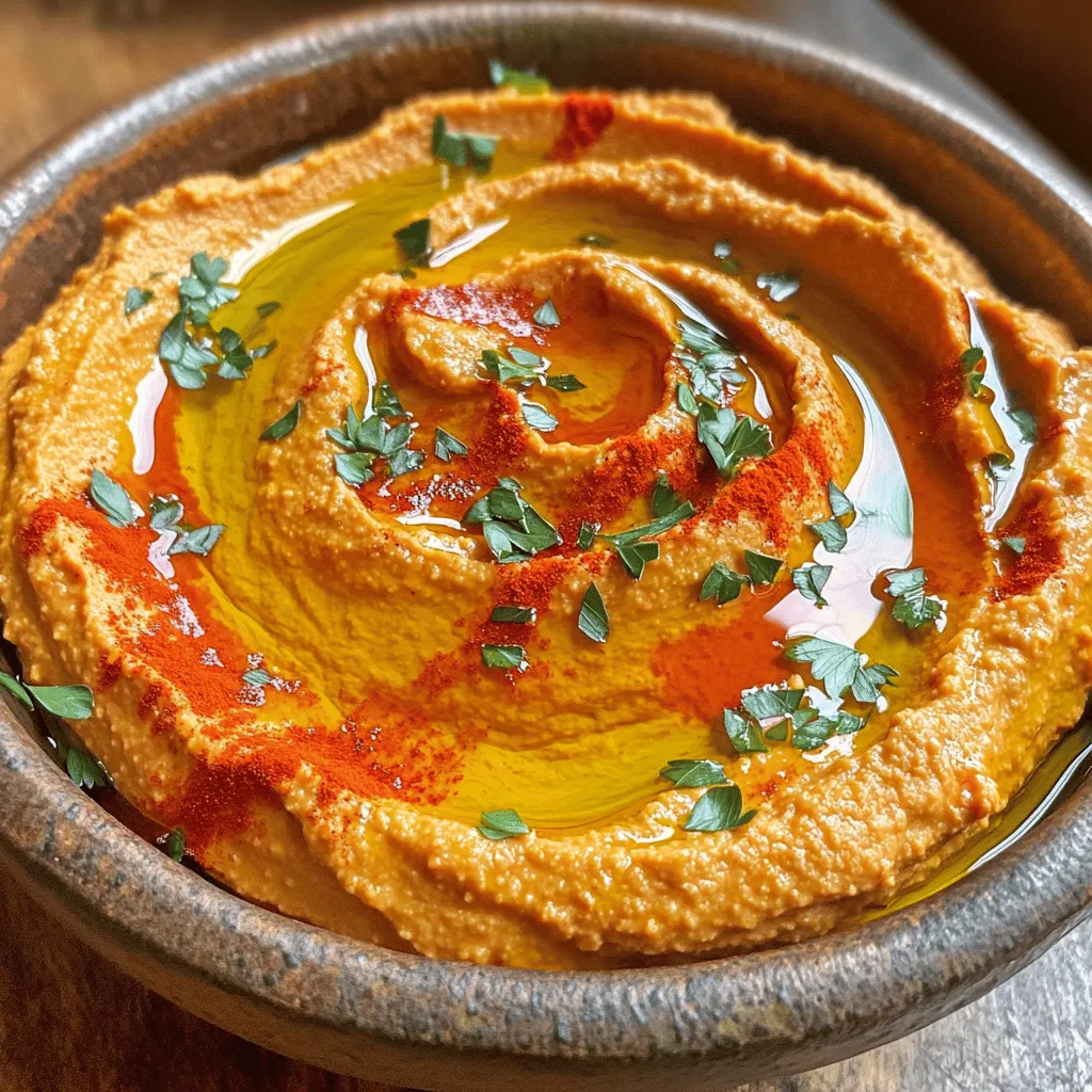 - 1 can (15 oz) chickpeas - 1 large roasted red pepper - 2 tablespoons tahini - 2 tablespoons extra virgin olive oil The main ingredients for roasted red pepper hummus are simple and easy to find. You need a can of chickpeas, which gives the dip its creamy base. The roasted red pepper adds a sweet, smoky flavor. Tahini, a sesame paste, adds richness, while extra virgin olive oil provides a smooth texture. - 1 clove garlic - 2 tablespoons fresh lemon juice - 1 teaspoon ground cumin To make your hummus pop, you need flavor enhancers. Garlic gives it a nice kick. Fresh lemon juice adds brightness, balancing the flavors well. Ground cumin adds warmth and depth, making each bite more satisfying. - Salt and freshly ground black pepper - Smoked paprika - Freshly chopped parsley Garnishing elements are key to a beautiful presentation. Salt and freshly ground black pepper will bring out the flavors. Smoked paprika adds a hint of smokiness and a lovely color. Freshly chopped parsley not only looks great but also adds a fresh taste. For the full recipe, check out [Full Recipe]. To roast your own red pepper, you can use a few simple methods. One way is to char it over an open flame. If you don’t have a grill, the oven's broiler works well too. Place the pepper on a baking sheet and keep it close to the heat source. Turn the pepper often. You want the skin to blister and blacken all around. After roasting, place the hot pepper in a bowl. Cover it with a lid or plastic wrap. Let it steam for about 10 minutes. This step helps make peeling easier. Once it cools, remove the skin and discard the seeds. Now, set the roasted pepper aside for later. Next, grab your food processor. This will help you blend all the ingredients smoothly. Start by adding the rinsed chickpeas, roasted red pepper pieces, tahini, olive oil, minced garlic, lemon juice, and ground cumin into the bowl. Blend everything together until you have a smooth and creamy texture. If your hummus is too thick, you can add cold water. Do this one tablespoon at a time until you reach your desired consistency. Once blended, it’s time to adjust the seasoning. Taste your hummus. Add salt and freshly ground black pepper to your liking. Blend briefly to mix in the seasoning well. For a lovely presentation, transfer your hummus into a bowl. Drizzle some extra virgin olive oil on top. Finish by sprinkling smoked paprika and freshly chopped parsley for color and flavor. This roasted red pepper hummus is ready to enjoy! You can find the full recipe for this delicious dip in the article. To make your hummus just right, pay attention to its texture. If your hummus feels too thick, you can easily fix it. Just add cold water! Start with one tablespoon at a time. Blend well after each addition. Keep adding until you reach your preferred creaminess. Cold water helps the hummus stay smooth and fresh. If it’s too thin, blend in more chickpeas or tahini. Want to spice up your hummus? There are many ways to add flavor. Consider adding spices like cayenne pepper for heat or coriander for earthiness. You can also try smoked paprika for a deeper taste. Fresh herbs like cilantro or basil bring a burst of brightness. Just chop them finely and mix them in. These simple additions make your dip even more exciting. Presentation is key for serving. Serve your hummus in a shallow bowl to show off its color. Use a spoon to create a swirl on top before adding olive oil. This adds a nice touch. Surround your hummus with warm pita bread and fresh veggie sticks. Carrots, cucumbers, and bell peppers work well. You can even create a mezze platter with olives and cheeses for a fun spread. For a pop of color, sprinkle fresh parsley on top before serving. For the full recipe and more detailed steps, check out the [Full Recipe]. {{image_4}} You can easily switch things up with roasted red pepper hummus. If you like heat, try a spicy version. Add a pinch of cayenne pepper or a splash of hot sauce to the mix. This will give your hummus a nice kick. Experimenting with herbs and spices is fun too. Fresh basil or dill can change the taste completely. You might also try adding a teaspoon of smoked paprika or a dash of cumin for a warm touch. Not everyone has tahini at home. If you can't find it, try using peanut butter or sunflower seed butter instead. Both options will give your hummus a unique flavor while keeping it creamy. For a vegan option, swap olive oil with avocado oil or a nut oil of your choice. Both will still provide that rich flavor without losing the hummus's essence. Serving your hummus can be just as fun as making it. For parties, pair it with warm pita bread, crunchy veggie sticks, or crackers. You can also serve it as part of a mezze platter with olives and cheese. If you're looking to incorporate it into meals, try using hummus as a spread on sandwiches or wraps. It also works great as a dip for chips or a topping for salads. The options are endless! For the full recipe, check the details above. Homemade hummus lasts in the fridge for about 5 to 7 days. Store it in a clean, airtight container. This keeps the hummus fresh and protects it from strong odors in your fridge. Always let it cool before sealing it. You can freeze hummus to enjoy later. Use a freezer-safe container and leave some space at the top. This allows the hummus to expand. When you're ready to eat it, thaw it in the fridge overnight. The texture may change a bit and become thicker. Just add a splash of cold water and blend to regain creaminess. Leftover hummus can lose some of its charm. To bring it back to life, stir in a bit of olive oil or lemon juice. This adds flavor and moisture. You might also try adding fresh herbs like parsley or a pinch of smoked paprika for a zestier kick. These simple changes make your hummus taste fresh and inviting again. Check the [Full Recipe] for more ideas! You can roast a red pepper in a few ways. The first method is over an open flame, like a gas stove. Hold the pepper with tongs and turn it until the skin chars. The second method is using your oven's broiler. Place the pepper on a baking sheet and broil it, turning it often. Both methods make the skin blister and blacken, flavorful and smoky. After roasting, let it steam in a bowl for about 10 minutes. This helps you peel it easily. Yes, you can! Store-bought roasted red peppers save time. They are already cooked and ready to go. However, they might lack the fresh, smoky flavor of homemade ones. Check the label for added ingredients. Some may have preservatives or oils that affect taste. Overall, they are a good option for quick meals. To make your hummus creamier, blend it longer. Use a food processor for a smooth finish. If it's too thick, add cold water slowly, one tablespoon at a time. You can also use extra olive oil for richness. Adding more tahini can enhance the flavor and texture too. A splash of lemon juice brightens the taste, making it more vibrant. Yes! Roasted red pepper hummus is healthy. Chickpeas provide protein and fiber, promoting good digestion. Olive oil adds heart-healthy fats. Red peppers are high in vitamins A and C, boosting immunity. This dip is low in calories and can fit into many diets. Enjoy it as a snack or part of a meal. You have plenty of great options! Serve it with warm pita bread or veggie sticks like carrots and celery. It pairs well with crackers or flatbreads too. You can also include it in a mezze platter with olives and cheeses. The colorful presentation makes it more inviting and fun to share. Check out the Full Recipe for more serving ideas! This blog post covered all you need for a delicious roasted red pepper hummus. We explored key ingredients like chickpeas, tahini, and roasted red peppers. I shared step-by-step instructions for preparation and blending. You also learned tips for enhancing flavors and achieving the perfect texture. In my final thoughts, homemade hummus offers endless creativity and flavor. Enjoy trying different variations and serving styles. Store it well and savor your delicious results!