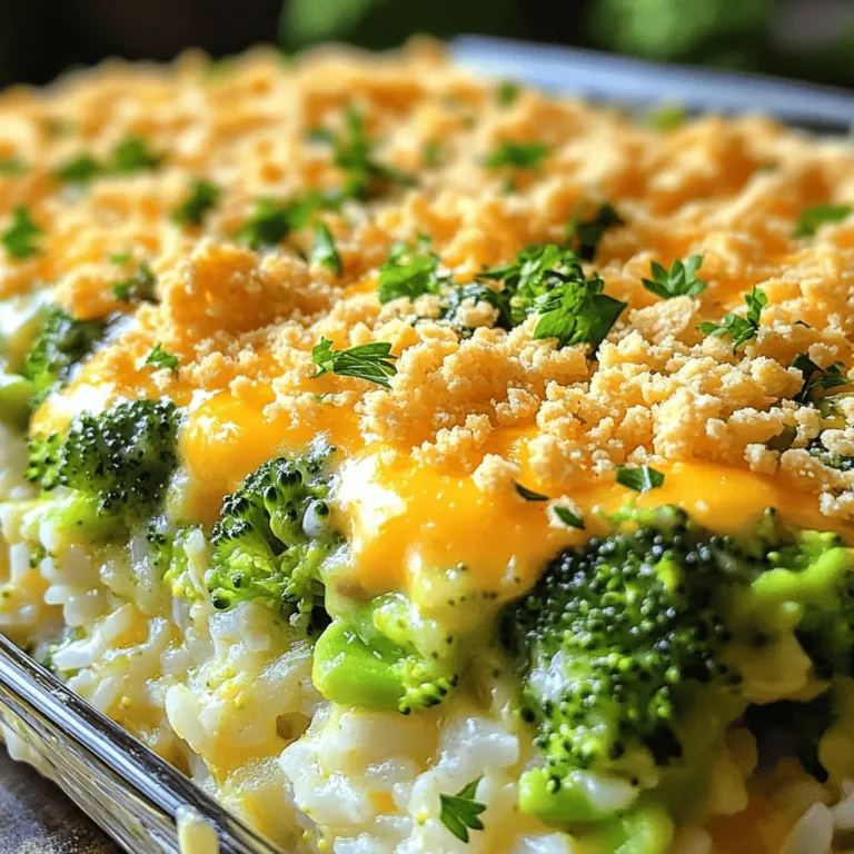 - 4 cups fresh broccoli florets - 2 cups cooked white rice - 1 cup shredded sharp cheddar cheese - 1 cup cream of mushroom soup - 1/2 cup mayonnaise - 1/2 teaspoon garlic powder - 1/2 teaspoon onion powder - 1/4 teaspoon black pepper - 1 cup crushed Ritz crackers - 2 tablespoons butter for topping A great broccoli cheese casserole starts with fresh ingredients. I love using bright green broccoli florets. They add color and taste to the dish. Cooked white rice makes it hearty and filling. Shredded sharp cheddar cheese brings a rich, creamy flavor that everyone loves. For the creamy base, I use cream of mushroom soup and mayonnaise. These ingredients blend well and keep the casserole moist. I also add garlic powder, onion powder, and black pepper for extra flavor. The crunchy topping is a must. Crushed Ritz crackers give a delightful crunch. Mixing them with melted butter adds richness and taste. This mix makes the casserole even more enjoyable. Together, these ingredients create a dish that’s simple yet satisfying. You can find the full recipe in the section above. 1. Preheat the oven and prepare the baking dish Start by setting your oven to 350°F (175°C). This will warm up while you prep. Grease a 9x13-inch baking dish to keep the casserole from sticking. 2. Blanch the broccoli florets In a big pot, boil salted water. Add 4 cups of fresh broccoli florets. Let them cook for 2-3 minutes. You want them bright green and just tender. Drain the broccoli and set it aside. 1. Combine the rice and cheese mixture In a large bowl, mix 2 cups of cooked white rice, 1 cup of shredded sharp cheddar cheese, 1 cup of cream of mushroom soup, and 1/2 cup of mayonnaise. Add 1/2 teaspoon of garlic powder, 1/2 teaspoon of onion powder, and 1/4 teaspoon of black pepper. Stir until everything blends well. You want a creamy mix. 2. Fold in the blanched broccoli Gently add the blanched broccoli to your rice and cheese mix. Carefully fold it in so that the broccoli spreads evenly. This makes sure every bite has that delicious flavor. 1. Assemble the casserole and add the topping Pour the mixture into your prepared baking dish. Spread it out evenly. In a separate bowl, mix 1 cup of crushed Ritz crackers with 2 tablespoons of melted butter. Coat the crackers well. Sprinkle this mixture over the top of the casserole. 2. Bake until golden brown Place the casserole in the oven. Bake it for 25-30 minutes. Look for bubbly edges and a golden brown top. Once it looks perfect, take it out and let it cool for a few minutes before serving. This step-by-step guide will help you create a warm, cheesy delight that your family will love. For the complete recipe, check out the Full Recipe. To get the best texture for broccoli, blanch the florets first. Boil water in a pot and add the broccoli for just 2-3 minutes. This keeps them tender yet crisp. After blanching, drain them well. This step helps the broccoli stay bright green and not mushy. Mixing ingredients properly is key. When you combine the rice, cheese, and other items, stir until everything is smooth. This ensures each bite is creamy and packed with flavor. Be gentle when folding in the broccoli to keep the florets intact. Want to add more cheese? Try using a mix of cheeses for depth. Mozzarella or gouda can give a richer taste. Just remember, more cheese means more creaminess. You can also enhance flavor with spices. A pinch of paprika or a dash of hot sauce can add a fun kick. Consider adding fresh herbs like thyme or rosemary for a fresh taste. Serve the casserole hot from the baking dish for the best experience. It looks inviting this way. For a pop of color, sprinkle chopped parsley on top. This adds freshness and makes the dish look fancy. Pair the casserole with a side salad for extra crunch and color. This combo makes the meal complete and satisfying. For an added touch, use a nice serving spoon to dish it out. This shows you care about the presentation! Enjoy creating this Classic Broccoli Cheese Casserole with these tips in mind! For the full recipe, check the link earlier in the article. {{image_4}} You can easily switch up the cheese in this dish. Try using mozzarella for a milder taste. Goat cheese adds a tangy twist, while pepper jack gives a spicy kick. Feel free to mix and match to find your favorite! You can also add other veggies. Cauliflower works great with broccoli. Carrots and bell peppers can bring color and crunch. Just make sure to chop them small so they cook well. To make this casserole gluten-free, use gluten-free crackers. Look for brands made with rice or almonds. Swap the cream of mushroom soup for a gluten-free version or a homemade sauce. If you need a dairy-free option, use plant-based cheese. There are many tasty dairy-free cheeses available. You can also use coconut milk instead of cream of mushroom soup for a creamy texture without dairy. Pair this casserole with protein for a complete meal. Grilled chicken or baked fish works well. A side salad can add freshness and balance to your plate. You can turn this dish into a main by adding cooked chicken or ground beef. Mix it right into the casserole before baking. This way, it becomes a hearty meal all on its own! For the Full Recipe, check the dedicated section above. To keep your casserole fresh, use airtight containers. Glass or plastic containers work well. Store the casserole in the fridge. It lasts about 3 to 5 days. Make sure to let it cool down before sealing it. For the best flavor, reheat in the oven. Preheat to 350°F (175°C) and cover the dish with foil. Heat for about 20 minutes. You can also use a microwave, but the oven keeps the topping crisp. If you want to freeze it, place it in a freezer-safe container. It can last up to 3 months in the freezer. Check for any off smell or mold. If it looks dry or has changed color, it's best to throw it out. Always practice safe handling. Use clean utensils and wash your hands before touching the food. That way, you keep your family safe and healthy. The prep time for this dish is 15 minutes. The total cooking time is about 45 minutes. You’ll spend 25 to 30 minutes baking the casserole until it’s golden brown and bubbly. This timing is perfect for a family meal. You can easily fit it into your busy day. Yes, you can make this casserole ahead of time. Prepare the dish up to the point of baking. Cover it tightly and chill it in the fridge. This way, you save time on busy days. When you are ready to bake, just add a few extra minutes to the cooking time. This will ensure it heats through well. Absolutely! To serve more people, simply double the recipe. Use a larger baking dish, like a 12x18-inch pan. You can also cut the recipe in half for smaller gatherings. Adjust the baking time if needed. Always check for that golden crust to know it’s done. In this blog post, we covered how to make a delicious broccoli cheese casserole. We reviewed the main ingredients like fresh broccoli, rice, and cheddar cheese. The step-by-step instructions guide you from preparation to baking. I shared tips for texture, flavor, and presentation. You also learned about ingredient substitutions and storage tips. Enjoy experimenting with variations and serving suggestions. This dish is easy, tasty, and perfect for any meal. Dive in and make it your own!