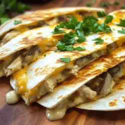 - 2 cups cooked chicken, shredded - 1 cup fresh mushrooms, sliced - 1 cup creamy Alfredo sauce - 1 cup shredded mozzarella cheese - 4 large flour tortillas - 2 tablespoons olive oil - 1 teaspoon garlic powder - 1 teaspoon onion powder - Salt and pepper to taste Gathering these ingredients is key. You start with the chicken. Shredded cooked chicken gives great texture. Next, fresh mushrooms add earthiness. I prefer button or cremini mushrooms for their mild flavor. The creamy Alfredo sauce ties it all together, making each bite rich. For extra flavor, you'll need mozzarella cheese. It melts well and gives a lovely stretch. Flour tortillas are the perfect base, holding all the goodness inside. Olive oil helps crisp the quesadilla as it cooks. Now, let’s not forget the seasonings. Garlic powder and onion powder boost flavor without overpowering. A pinch of salt and pepper is essential. They enhance all the other tastes in this dish. This dish is simple, yet it delights your taste buds. Check out the Full Recipe for complete cooking steps and tips. First, grab a large skillet. Heat 1 tablespoon of olive oil over medium heat. Once the oil is hot, add the sliced mushrooms. Sauté them for about 5 to 7 minutes. You want them golden brown and tender. Season with garlic powder, onion powder, salt, and pepper. These spices bring out great flavor. After cooking, remove the mushrooms from the skillet and set them aside. In a mixing bowl, combine the shredded chicken and the sautéed mushrooms. Pour in the creamy Alfredo sauce. Stir the mixture well. Ensure every piece of chicken and mushroom is coated in the sauce. This step makes the filling rich and tasty. Now, let's prepare the quesadilla. In the same skillet, heat the remaining tablespoon of olive oil over medium heat. Place one tortilla in the skillet. Evenly sprinkle half of the shredded mozzarella cheese over the tortilla. Next, spread half of the chicken and mushroom Alfredo mixture on top of the cheese. Add another sprinkle of mozzarella cheese. Carefully lay another tortilla over these layers. Cook the quesadilla for about 3 to 4 minutes. You want the bottom tortilla to turn golden brown and crispy. Use a large spatula to flip the quesadilla. Cook the other side for another 3 to 4 minutes until it is also golden and crispy. Once both sides are cooked well, remove the quesadilla from the skillet. Let it cool for a minute before cutting. Cut the quesadilla into wedges for easy sharing. Repeat these steps with the rest of the tortillas and filling to make more quesadillas. Before serving, sprinkle freshly chopped parsley on top for extra color and taste. You can find the full recipe for this delightful dish in the section above. To cook the perfect quesadilla, aim for medium heat. This helps the tortilla brown evenly. If the heat is too high, the outside may burn while the inside stays cold. Flipping can be tricky. Use a large spatula to support the quesadilla fully. This way, it won’t break apart mid-flip. Boost flavor by adding spices. Consider a pinch of chili powder for heat. You can also add fresh herbs like basil or oregano for a fresh twist. For an extra kick, try jalapeños or a dash of hot sauce. These ingredients can elevate the taste and add depth to your quesadilla. When serving, pair your quesadilla with dips like salsa or guacamole. These add freshness and balance to the rich filling. For plating, arrange the quesadilla wedges on a bright platter. Garnish with lime wedges and fresh parsley for a pop of color. This adds visual appeal and shows off your culinary skill. You can find the full recipe for this delightful dish in the main article. {{image_4}} You can easily switch the chicken for other proteins. Turkey works well if you want a lighter taste. Shrimp can add a nice seafood twist that many enjoy. For a vegetarian option, use mushrooms and spinach. The mushrooms give a rich flavor, while spinach adds nutrition and color. You can choose between homemade Alfredo or store-bought versions. Homemade sauce lets you control the flavors and ingredients. Store-bought sauce saves time and is often creamy. Additionally, you can try different sauce flavors. Adding herbs or spices to your sauce can make your quesadilla unique. Cheese plays a big role in flavor. Use mozzarella for a classic taste. Cheddar or pepper jack can add a sharp kick. Mixing different cheeses enhances the overall flavor. A blend of mozzarella and cheddar makes a delicious combination. Experiment with your favorite cheeses to find what you love best. After enjoying your Chicken and Mushroom Alfredo Quesadilla, store leftovers safely. First, let them cool down for about 20 minutes. This step is key to keep the quesadillas fresh. Next, place them in airtight containers. A good seal helps prevent drying out. You can keep them in the fridge for up to three days. When it’s time to enjoy your leftovers, reheating correctly makes a big difference. For best results, use a stovetop pan. Heat the pan over medium heat and add a tiny bit of oil. Place the quesadilla in the pan and cook for about three minutes on each side. This method keeps the outside crispy. If you’re in a hurry, a microwave will work too. Just remember, it might make the quesadilla a bit soft. Freezing is a great way to save extra quesadillas for later. Start by letting them cool completely, as heat can cause ice crystals. Wrap each quesadilla tightly in plastic wrap or foil. Then, place them in a freezer bag. This helps avoid freezer burn. For best taste and texture, eat them within two months. To thaw, simply take them out of the freezer and let them sit in the fridge overnight. This way, they will be ready to reheat and enjoy! To heat tortillas, I recommend using a dry skillet over medium heat. Place the tortilla in the skillet for about 30 seconds. Flip it and heat for another 30 seconds. This method keeps the tortilla soft but not soggy. You can also use the microwave. Wrap the tortillas in a damp paper towel and heat for 15 seconds. This method is quick but may make them a bit softer. Yes, you can prep the filling ahead of time. Store the chicken and mushroom mixture in the fridge for up to two days. When ready, assemble and cook the quesadilla. If you cook them in advance, let them cool, then store in airtight containers. They last in the fridge for about three days. Reheat them in a skillet for the best texture. You can use gluten-free tortillas instead of regular flour tortillas. Many brands offer great options made from rice or almond flour. Check the ingredient list to ensure they are gluten-free. Also, make sure your Alfredo sauce is gluten-free. Some store-bought sauces contain gluten. I love serving quesadillas with salsa or guacamole. A fresh salad with lime dressing makes a great side too. You can also add some rice or beans for a heartier meal. These sides balance the creamy quesadilla well. Look for a golden brown color on both sides. The cheese should be melted and gooey inside. When you cut into it, the filling should ooze out just a bit. If the outside is crispy and the inside is warm, you've nailed it! To sum up, this blog post walks you through making Chicken and Mushroom Alfredo Quesadillas. We covered key ingredients like cooked chicken, mushrooms, and rich Alfredo sauce. I shared step-by-step instructions to achieve a golden, crispy finish. You learned helpful tips for better flavor and presentation. Plus, I offered tasty variations and storage tips for leftovers. Remember, cooking is all about creativity and fun. So, don’t hesitate to experiment and make this dish your own. Enjoy your cooking!
