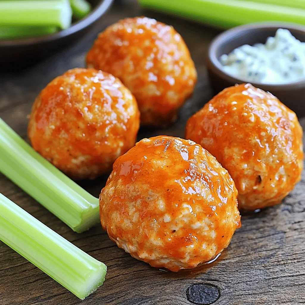To make Buffalo Chicken Meatballs, you need a few key items. Here’s what you will need: - 1 lb ground chicken - 1/2 cup breadcrumbs - 1/4 cup grated Parmesan cheese - 1/4 cup buffalo sauce (plus extra for tossing) - 1 small onion, finely chopped - 2 cloves garlic, minced - 1/2 teaspoon salt - 1/4 teaspoon black pepper - 1/4 teaspoon smoked paprika - 1/2 teaspoon dried parsley - 1 egg, beaten These ingredients come together to create a flavorful and juicy meatball. Each item plays a role, from the ground chicken as the base to the buffalo sauce that brings the heat. You can easily customize your Buffalo Chicken Meatballs. Here are some optional ingredients to consider: - Chopped green onions for a fresh bite - Crumbled blue cheese for extra flavor - Diced jalapeños for added heat - Different spices like cayenne or onion powder Feel free to mix and match these extras to suit your taste. This helps you create a dish that feels personal and unique. If you have dietary restrictions, don’t worry! You can make simple swaps: - Use ground turkey instead of chicken for a leaner option. - Swap breadcrumbs for gluten-free varieties if needed. - Replace egg with a flaxseed mixture for a vegan alternative. These substitutions allow you to enjoy Buffalo Chicken Meatballs without compromising your dietary needs. You can still savor this simple and flavorful dish. For the full recipe, check out the details provided earlier. Start by preheating your oven to 400°F (200°C). This step is key for even cooking. Line a baking sheet with parchment paper. This helps the meatballs not stick. In a large mixing bowl, combine the following ingredients: - 1 lb ground chicken - 1/2 cup breadcrumbs - 1/4 cup grated Parmesan cheese - 1/4 cup buffalo sauce (plus extra for tossing) - 1 small onion, finely chopped - 2 cloves garlic, minced - 1/2 teaspoon salt - 1/4 teaspoon black pepper - 1/4 teaspoon smoked paprika - 1/2 teaspoon dried parsley - 1 egg, beaten Use your hands or a spatula to mix well. Make sure everything blends nicely. Avoid overmixing, as this can make your meatballs tough. With clean hands, take small portions of the mixture. Form them into balls, about 1 inch wide. Place them on the baking sheet, leaving space between each one. Bake the meatballs for 20-25 minutes. They should be 165°F (74°C) inside and no longer pink. When done, take them out of the oven. Toss the meatballs in a bowl with extra buffalo sauce. Serve the warm meatballs on a platter. Pair them with celery sticks and your favorite dipping sauce. Enjoy this simple and flavorful dish with friends and family. For the full recipe, check the details above! To make sure your meatballs stay tender, do not overmix the meat. When you mix the ingredients, use your hands or a spatula gently. Overworking the mix can lead to tough meatballs. Also, use fresh ingredients. Fresh chicken and spices will add moisture and flavor. Baking your meatballs is a great way to cook them evenly. Preheat your oven to 400°F (200°C) for the best results. Line your baking sheet with parchment paper. This helps prevent sticking and makes cleanup easy. Another method to cook them is pan-frying. This adds a nice crust. Start with a hot skillet and a little oil. Fry until golden brown, then finish in the oven to cook through. To boost the flavor, always use fresh herbs and spices. Fresh garlic and onion add a strong taste. Consider marinating your chicken in buffalo sauce before mixing. This adds extra zest. You can also toss the meatballs in more buffalo sauce right after baking for an added kick. For a fun twist, try adding cheese inside the meatballs. A small cube of mozzarella can melt as it cooks, adding a gooey surprise. For the full recipe, check the section above. {{image_4}} You can make these meatballs even spicier. Just add more buffalo sauce. You can mix in some chopped jalapeños or cayenne pepper for extra heat. This gives a nice kick and makes them great for those who love spice. If you're looking for a healthier option, try ground turkey instead of chicken. Turkey has less fat and still tastes great. You can also use ground chicken breast for fewer calories. Another option is to add finely chopped veggies like spinach or zucchini for extra nutrition. Buffalo chicken meatballs fit many occasions. For game day, serve them with celery sticks and blue cheese dip. If you're hosting a dinner, pair them with a fresh salad. They also work well as appetizers at parties. Just put them on skewers for easy eating. For a fun twist, serve them in sliders with a slice of cheese. Check the [Full Recipe] for more ideas on how to enjoy these tasty bites! After enjoying your Buffalo Chicken Meatballs, let them cool. Place them in an airtight container. Store the container in the fridge. They will stay fresh for about 3 to 4 days. Make sure to label the container with the date. This way, you won’t forget about them! If you want to save your meatballs for later, freezing works great. First, let the meatballs cool completely. Then, place them on a baking sheet in a single layer. Freeze them for about 1 hour. Once they are firm, transfer the meatballs to a freezer-safe bag. Remove as much air as possible to avoid freezer burn. They can last for up to 3 months in the freezer. To reheat, you can use the oven or microwave. For the oven, preheat it to 350°F (175°C). Place the meatballs on a baking sheet and heat for about 15 minutes. For the microwave, put a few meatballs on a plate. Cover them with a damp paper towel. Heat in 30-second intervals until warm. Always check the center to make sure they are hot. Enjoy your meal just like you made it fresh! You should cook Buffalo Chicken Meatballs for 20 to 25 minutes. Bake them at 400°F (200°C). Check that they reach an internal temperature of 165°F (74°C). This ensures they are safe to eat and fully cooked. If you want them crispier, leave them in a bit longer. Just keep an eye on them! Yes, you can make these meatballs ahead of time. Form the meatballs and store them in the fridge for a day. You can also freeze them for up to three months. Just freeze them on a baking sheet first, then transfer to a bag. When you’re ready, bake them straight from the freezer. They will still taste great! Buffalo Chicken Meatballs pair well with several tasty sauces. Creamy blue cheese dressing is a classic choice. It balances the heat of the buffalo sauce nicely. Zesty ranch dressing is another popular option. For a spicy kick, try sriracha or a spicy mayo. Serve with fresh celery sticks for a crunchy side. You can find more sauce ideas in the Full Recipe! This blog post covered all the key steps for making Buffalo Chicken Meatballs. We talked about essential and optional ingredients, along with substitutions for dietary needs. I shared easy instructions for mixing, forming, and baking the meatballs. You gained tips for tender texture and more flavor. We explored variations, storage info, and answered common questions. In the end, you have everything you need to create delicious meatballs. Enjoy them at any gathering or meal!