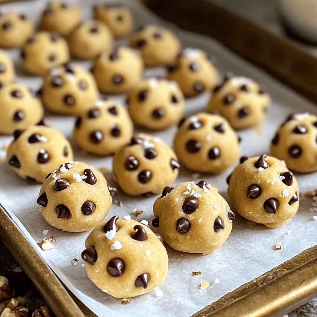 The joy of making No-Bake Cookie Dough Bites starts with gathering the right ingredients. Each one plays a key role in flavor and texture. Here’s what you need: - 1 cup almond flour - ½ cup creamy peanut butter (or nut-free alternative) - ¼ cup pure maple syrup - 1 teaspoon pure vanilla extract - ½ cup mini chocolate chips - ¼ teaspoon fine sea salt - ¼ cup chopped nuts (optional) Almond flour offers a nutty taste and a great base. Peanut butter adds creaminess and richness. Maple syrup gives natural sweetness, while vanilla enhances the flavor. Mini chocolate chips add a delightful texture and taste. Sea salt balances the sweetness, and nuts add crunch if you like. Using these simple ingredients makes this recipe easy and fun. You can substitute peanut butter with sunflower seed butter for a nut-free option. Have fun experimenting with your favorite flavors! For the full recipe, you can refer to the provided details. Enjoy the process! 1. Mix almond flour and nut butter Start by placing 1 cup of almond flour in a large mixing bowl. Add ½ cup of creamy peanut butter or almond butter. Both options work well. 2. Add maple syrup and vanilla extract Pour in ¼ cup of pure maple syrup and 1 teaspoon of pure vanilla extract. Stir these ingredients together until you have a smooth dough. 3. Fold in chocolate chips and sea salt Gently fold in ½ cup of mini chocolate chips and ¼ teaspoon of fine sea salt. For added crunch, include ¼ cup of chopped nuts if you like. 4. Knead and roll into bite-sized balls Knead the mixture lightly with your hands. Then, scoop out tablespoon-sized portions. Roll each portion into a small ball. 5. Chill before serving Place the cookie dough bites on a parchment-lined baking sheet. Space them apart, and refrigerate for at least 30 minutes. This helps them firm up. - How to present cookie dough bites Serve your cookie dough bites on a nice plate. Scatter extra chocolate chips and nuts on top for a pretty touch. Drizzle melted chocolate over them for an extra treat. - Recommended pairings and drinks These bites pair well with milk or a cup of coffee. You can also serve them with fresh fruit for a balanced snack. To get the best texture for your no-bake cookie dough bites, you want a smooth mix. Start with room-temperature peanut butter. This makes it easier to blend with the almond flour. If your mix is too thick, add a little maple syrup. When kneading the dough, use clean hands for the best control. Lightly press the dough together, but don’t overdo it. You want to combine the ingredients without making the dough tough. One common mistake is overmixing the dough. This can make the bites dry and hard. Mix just until everything is combined. Another mistake is using the wrong ingredients. Always use pure maple syrup, not pancake syrup. Pancake syrup can change the taste and texture. You can change the flavor of your cookie dough bites easily. Try using cashew butter instead of peanut butter for a different taste. Adding flavors can also enhance your bites. A pinch of cinnamon or a splash of almond extract brings new life to the dough. You can also swap chocolate chips for dried fruit or coconut flakes for added texture. For the full recipe, check out the details above. {{image_4}} You can easily change the taste of your cookie dough bites. Using different nut butters can create new flavors. Try cashew butter or sunflower seed butter for a twist. Each nut butter brings its unique taste and richness. Mix-ins and toppings can also change the game. You can add shredded coconut, dried fruit, or even spices. A pinch of cinnamon or a dash of sea salt can make your bites pop. If you like crunch, add chopped pretzels or crushed graham crackers. The options are endless! If you follow a vegan diet, swap out the maple syrup for agave nectar. Use a plant-based butter if you want a creamier texture. These bites can be gluten-free too! Simply use certified gluten-free oats or flour. For those with nut allergies, I recommend using sunbutter or soy nut butter. These options keep the bites nut-free without losing flavor. You can still enjoy the joy of cookie dough without worry. To keep your no-bake cookie dough bites fresh, store them in an airtight container. Use a glass container or a plastic one with a tight lid. This helps prevent them from drying out. You can also layer the bites with parchment paper. This keeps them from sticking together. Always make sure they are completely cool before storing. If you store the bites in the refrigerator, they last about a week. You can also freeze them for longer storage. In the freezer, they stay good for about three months. Just remember to thaw them in the fridge before eating. The cookie dough bites taste best chilled, fresh, and ready to enjoy! For the full recipe, check out the previous sections. Can I freeze cookie dough bites? Yes, you can freeze cookie dough bites. Place them in a single layer in a freezer-safe bag. They will stay fresh for about three months. When you want to enjoy them, let them thaw in the fridge for a few hours. How long does it take for cookie dough bites to firm up? It takes about 30 minutes for cookie dough bites to firm up in the fridge. This chilling time helps them hold their shape and enhances the flavors. Caloric content per serving Each serving of cookie dough bites has about 100 calories. This can vary based on the ingredients you choose. Health benefits of the ingredients used - Almond flour is low in carbs and high in healthy fats. - Peanut butter offers protein and healthy fats. - Maple syrup provides natural sweetness with some nutrients. - Chocolate chips add a bit of joy, and dark chocolate has antioxidants. These ingredients make cookie dough bites a tasty treat that can fit into a balanced diet. In this blog post, we covered how to make delicious cookie dough bites. We listed the simple ingredients and provided clear steps for preparation. I shared tips to ensure your bites come out just right and offered ways to personalize them. We also discussed storage methods for freshness and answered common questions. Remember, these bites are easy to customize and perfect for anyone! Enjoy making your own versions.