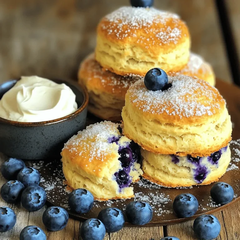 To make the best blueberry scones, gather these ingredients: - 2 cups all-purpose flour - 1/2 cup granulated sugar - 1 tablespoon baking powder - 1/2 teaspoon salt - 1/2 cup unsalted butter, cold and cut into small cubes - 1 cup fresh blueberries (frozen can be used if fresh aren't available) - 3/4 cup heavy cream - 1 large egg - 1 teaspoon vanilla extract - Zest of 1 lemon (optional for added freshness) - Extra heavy cream and sugar for a sweet topping You can swap some ingredients if needed. Here are some ideas: - Use whole wheat flour for a nutty flavor. - Substitute coconut sugar for granulated sugar for a healthier option. - Replace heavy cream with milk or almond milk for a lighter scone. - If you lack fresh blueberries, frozen ones work just fine. When selecting blueberries, look for these signs: - Choose berries that are plump and firm. - Check for a deep blue color; avoid any that are red or green. - Inspect for mold or any signs of squishiness. - Smell them! Fresh blueberries should have a sweet scent. These tips will help you pick the best blueberries for your scones. Enjoy the process of baking! For the full recipe, refer to the previous section. To make perfect blueberry scones, follow these steps closely. First, preheat your oven to 400°F (200°C). Line a baking sheet with parchment paper. This helps prevent sticking. Next, grab a large bowl. Mix 2 cups of flour, 1/2 cup of sugar, 1 tablespoon of baking powder, and 1/2 teaspoon of salt. Whisk these dry ingredients until they blend well. Now, add 1/2 cup of cold, cubed butter. Use your hands or a pastry cutter to mix. You want it to look like coarse crumbs, with some bigger pieces. This gives the scones a nice texture. Gently fold in 1 cup of fresh blueberries. Be careful not to burst them. In another bowl, mix 3/4 cup of heavy cream, 1 large egg, 1 teaspoon of vanilla, and optional lemon zest. Pour this over the dry mix. Stir with a spatula until just combined. The dough will be sticky. Don’t overmix; this keeps them fluffy. Transfer the dough to a floured surface. Shape it into a circle about 1 inch thick. Cut it into wedges or use a round cutter. Put the scones on the baking sheet. Brush the tops with extra cream and sprinkle sugar on them for a sweet crust. Bake for 15-20 minutes. They should be golden brown. A toothpick will come out clean when they are ready. Let the scones cool on a wire rack for a few minutes before serving. This helps them set up nicely. You will need a few key items to make these scones: - Mixing bowls - Whisk - Pastry cutter or your hands - Spatula - Baking sheet - Parchment paper - Wire rack Avoid these common mistakes for the best results: - Overmixing the dough can make scones tough. - Using warm butter can lead to dense scones. - Not measuring ingredients accurately can change the texture. - Forgetting to chill the dough can affect baking. By following these steps, you will create delicious blueberry scones. For the complete recipe, check the [Full Recipe]. To make sure your scones are light and fluffy, always use cold butter. This helps create steam as the scones bake. The steam makes the scones rise. Also, mix the dough gently. Overmixing can lead to tough scones. When you fold in the blueberries, be careful not to crush them. This keeps the scones from turning purple. I love to serve these blueberry scones warm. They taste great with clotted cream or butter. You can also add a drizzle of honey for extra sweetness. For a fun touch, serve them with a side of lemon curd. Pair them with tea or coffee for a nice afternoon treat. If you have leftover scones, store them in an airtight container. They stay fresh for up to two days at room temperature. If you want to keep them longer, freeze them. Wrap each scone in plastic wrap, then place them in a zip-top bag. They can last up to three months in the freezer. When you're ready to eat, just reheat them in the oven for a few minutes. This will help them regain their fluffy texture. For the full recipe, check out the details above! {{image_4}} You can change the flavor of your scones easily. Try adding lemon or almond for a twist. - For lemon scones, add zest from one lemon to the dough. - For almond flavor, mix in almond extract instead of vanilla. Both options add a fresh taste and aroma to the scones. Blueberries are great, but other berries can work too. You can use raspberries, blackberries, or strawberries. - Just make sure to chop larger berries into smaller pieces. - Mixing berries is also fun. Combine blueberries with raspberries for a berry medley. This gives your scones a colorful and tasty twist. If you need gluten-free scones, it’s easy to adapt. - Use a gluten-free all-purpose flour blend instead of regular flour. - Add a bit of xanthan gum to help with texture. These changes keep the scones soft and delicious. You’ll enjoy the same great flavor without the gluten! For the full recipe, check the original instructions above. Each scone has about 200 calories. This count includes all ingredients. The main sources are flour, sugar, and butter. Enjoying one scone is a tasty treat without too many calories. Blueberries are full of vitamins and antioxidants. They help fight free radicals and boost your immune system. Heavy cream adds calcium and healthy fats, which can support bone health. - All-purpose flour: Good for energy but low in fiber. - Sugar: Provides quick energy but should be consumed in moderation. - Unsalted butter: Adds flavor and richness but is high in saturated fat. - Blueberries: Low in calories and high in vitamins C and K. - Heavy cream: Rich in fat, which aids in satiety. - Egg: A great source of protein and essential nutrients. These insights help you make informed choices while baking. For detailed recipes, you can check out the Full Recipe. You can freeze homemade blueberry scones easily. First, let them cool completely after baking. Then, place them in a single layer on a baking sheet. Freeze them for about one hour. After that, transfer the scones to an airtight container or a freezer bag. They will keep well for up to three months. To enjoy them later, just thaw at room temperature or warm in the oven for a few minutes. Yes, you can use frozen blueberries! They work well in this recipe. Frozen blueberries may burst more easily than fresh ones, so mix them in gently. This keeps your scones from turning too blue in color. They will still taste great, and using frozen berries can be a time-saver! Blueberry scones taste wonderful with a variety of toppings. Try serving them with clotted cream or butter for a rich taste. You can also add a sweet jam, like strawberry or raspberry, for an extra flavor kick. Pairing them with fresh fruit or yogurt can add a nice touch, too! To check if your scones are done, look for a light golden color on top. Insert a toothpick into the center of a scone. If it comes out clean or with a few crumbs, your scones are ready. If the toothpick has wet dough on it, bake them a few more minutes. You can use different types of flour, but it may change the texture. For a lighter scone, you can try cake flour. For a healthier option, whole wheat flour works too. Keep in mind that whole wheat flour may make the scones denser. You might need to adjust the liquid in the recipe if you switch flours. For the full recipe, check above. Making blueberry scones is fun and easy. We explored the key ingredients, tips for freshness, and detailed instructions. We also talked about how to avoid common mistakes and ensure fluffy results. Variations add new flavors and ideas for gluten-free options. In the end, blueberry scones are a treat you can enjoy in many ways. Follow these tips to make your scones delicious every time. Happy baking!