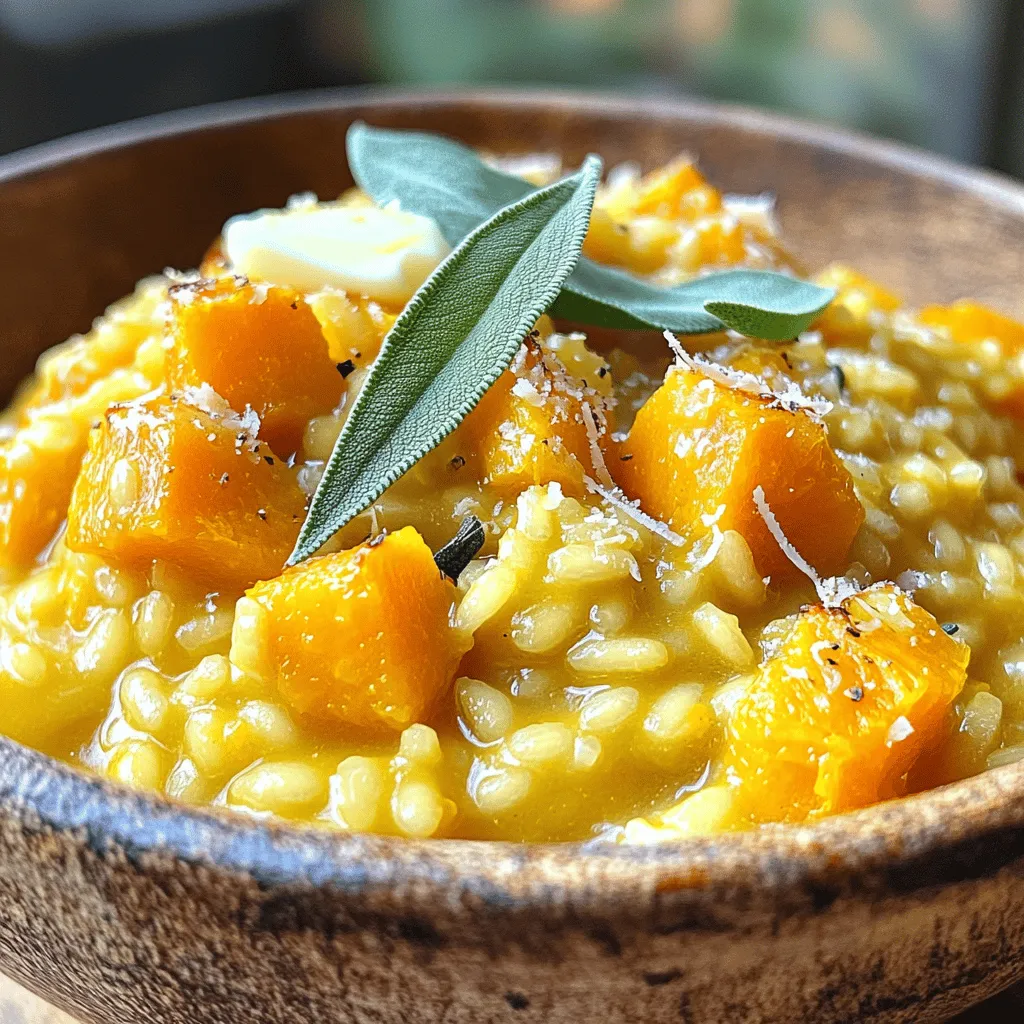 - 1 medium butternut squash, peeled and diced into 1/2-inch cubes - 1 tablespoon extra-virgin olive oil - 1 medium onion, finely chopped - 2 cloves garlic, minced - 1 1/2 cups Arborio rice - 5 cups vegetable broth, warmed - 1/2 cup grated Parmesan cheese (or nutritional yeast for a vegan option) - 2 tablespoons unsalted butter (or vegan butter for a dairy-free alternative) - Salt and fresh ground pepper, to taste - Fresh sage leaves, for garnish The main star here is the butternut squash. It brings a sweet and nutty flavor. The Arborio rice is key for the creamy texture. You can choose to use vegetable broth for a rich, flavorful base. - Nutritional yeast for a vegan substitute - Other spices like nutmeg or paprika If you're vegan, try nutritional yeast in place of cheese. It adds a cheesy flavor without dairy. You can also add spices like nutmeg for warmth or paprika for a touch of heat. - Heavy-bottomed saucepan - Baking sheet You need a heavy-bottomed saucepan for even heat. This helps cook the rice just right. A baking sheet is great for roasting the squash. It allows even cooking and caramelization, enhancing the flavor. For the full recipe, refer to the detailed cooking instructions provided. - Preheat oven and prepare squash: Set your oven to 400°F (200°C). Peel and dice the butternut squash into 1/2-inch cubes. Spread them on a baking sheet. Drizzle with olive oil, then sprinkle with salt and pepper. Roast for 25-30 minutes. Look for tenderness and caramelization. - Sauté onions and garlic: In a large saucepan, heat olive oil over medium heat. Add the chopped onion first. Stir it for about 5 minutes until it turns soft and clear. Then, add the minced garlic. Cook for another minute, but be careful not to burn it. - Toasting Arborio rice: Add the Arborio rice to the pan. Stir it well to coat the grains with oil. Toast the rice for 2-3 minutes. You want the edges to look slightly clear. This step helps the rice gain a nutty flavor. - Gradual incorporation of broth: Start pouring in the warm vegetable broth a ladle at a time. Stir the rice often. Let it soak up the broth before adding more. This method takes about 18-20 minutes. The rice should be creamy and firm when done. - Mixing in roasted squash and cheese: Once the rice is cooked, fold in the roasted butternut squash. Add grated Parmesan cheese and butter. Stir everything together until creamy. If it feels too thick, add more broth or a splash of water. - Serving instructions: Season with salt and fresh ground pepper to your taste. Serve the risotto hot. Garnish it with fresh sage leaves. Enjoy your flavorful dish! For the complete recipe, check out the [Full Recipe]. To make your risotto creamy, you need to stir often. This helps the rice release its starch. As it cooks, the starch creates a smooth and rich sauce. Don't rush this step; patience is key. Stirring also helps cook the rice evenly. If you leave it alone, some grains may become hard. Use a wooden spoon to mix gently, ensuring every grain gets the love it deserves. To boost flavor, try adding spices like nutmeg or paprika. These spices bring warmth and depth to the dish. Fresh herbs like thyme or rosemary can add a bright taste. If you want a cheese alternative, use nutritional yeast. It gives a cheesy flavor without dairy. You can also try vegan cheese if you prefer. These options keep the dish creamy and delicious. One big mistake is overcooking the rice. Aim for al dente, where the rice is tender but still has a bite. This texture adds to the dish's charm. Another mistake is adding too much broth at once. This can make your risotto watery and lose its creamy texture. Add broth gradually, stirring as you go. This way, the rice absorbs the liquid perfectly. For the full recipe, check out the section above. {{image_4}} You can change this risotto with fresh, seasonal veggies. Try adding sautéed spinach or roasted Brussels sprouts. Each season brings new flavors to explore. Use herbs like thyme in spring or rosemary in winter. These herbs add great depth and aroma to your dish. If you want a vegan version, skip the cheese. Use nutritional yeast instead for a cheesy flavor. You can also replace butter with vegan butter. For a gluten-free option, check your broth for gluten. Risotto is naturally gluten-free when made with Arborio rice. Pair this risotto with grilled chicken or seared shrimp. The savory flavors complement each other well. For sides, serve a simple green salad or roasted vegetables. These pairings round out your meal nicely and elevate the dining experience. You can find the Full Recipe for this delicious dish to get started! - Refrigeration tips: Your Butternut Squash Risotto stays fresh for about three days in the fridge. Place it in an airtight container to keep it moist. Let it cool down before storing to avoid condensation. - Freezing recommendations: You can freeze this dish for up to a month. Portion it into freezer-safe bags. Make sure to remove as much air as possible. Label the bags with the date for easy tracking. - Methods for best consistency: To reheat, use a stovetop pan over low heat. Add a splash of broth or water to return creaminess. Stir often to heat evenly. You can also use a microwave if you're short on time. - Best practices for flavor retention: Add a sprinkle of salt and pepper after reheating. This helps bring back the flavors. If desired, mix in more cheese or herbs to enhance the taste. Butternut squash risotto can last for 3 to 5 days in the fridge. Store it in an airtight container to keep it fresh. When ready to eat, check for any off smells or changes in texture. If it looks and smells good, it should be safe to enjoy. Yes, you can prepare butternut squash risotto ahead of time. Make it a day before and store it in the fridge. To reheat, add a splash of broth or water to loosen it up. Heat gently on the stove or in the microwave until warm. Stir well to get that creamy texture back. If you want a dairy-free option, try using nutritional yeast. It gives a cheesy flavor without the dairy. You can also use other cheeses like Pecorino Romano or even vegan cheese for a different taste. Just adjust the amount to your liking. To save time, use pre-cut butternut squash from the store. You can also use a pressure cooker for the risotto. Instead of stirring for 20 minutes, it cooks in about 10 minutes under pressure. This way, you still get a creamy and delicious dish without the long wait. Check out the Full Recipe for more tips! This blog post guides you in making delicious Butternut Squash Risotto. We discussed essential ingredients like squash and Arborio rice. I shared preparation steps, cooking methods, and final touches. Tips helped perfect texture and avoid common mistakes. Variations cater to dietary needs and seasonal choices. Storage tips ensure your leftovers stay tasty. Making risotto can be easy and fun. Enjoy your dish and share it with friends!