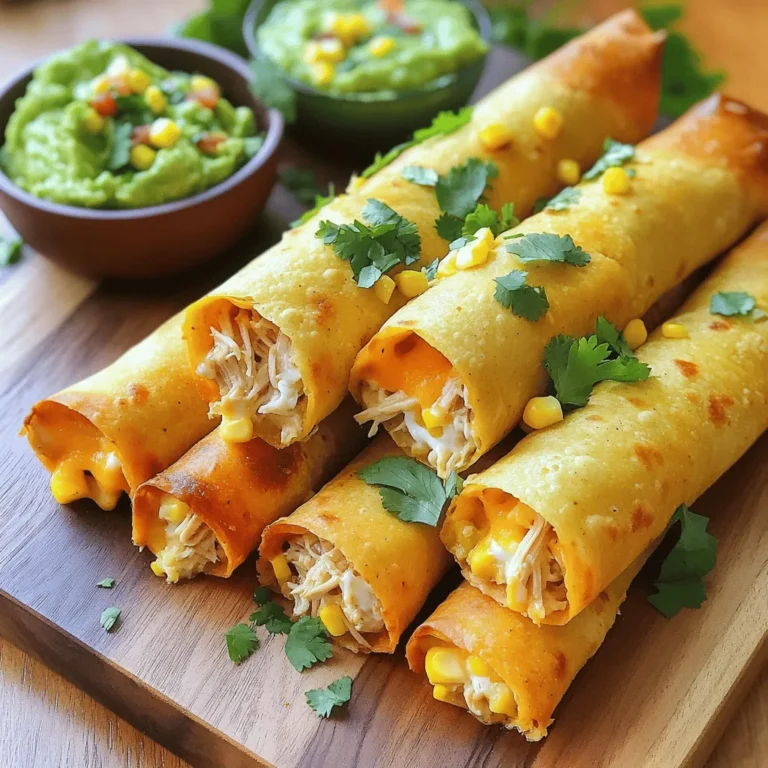 - 2 cups cooked chicken (shredded) - 1 cup shredded cheese (cheddar or Monterey Jack) - 1/2 cup cream cheese (softened) - 1 teaspoon taco seasoning - 1/2 cup corn (canned or frozen) - 1/4 cup fresh cilantro (finely chopped) - 12 small flour tortillas - Olive oil (for brushing) Gather these ingredients for a quick and tasty meal. The cooked chicken gives the taquitos their hearty base. Shredded cheese adds a melty touch, while cream cheese makes the filling rich and creamy. Taco seasoning brings in that classic flavor we love. The corn adds sweetness, and fresh cilantro gives a bright taste. You can easily swap the cheese if you want something different. Pepper jack adds a spicy kick. For a quick option, rotisserie chicken works great too. Just shred it up and mix it in. Now, let’s get those tortillas ready! Be sure to have olive oil on hand. This will help your taquitos get crispy in the oven. You can find the full recipe linked above if you need more details. - Preheat oven to 400°F (200°C). - Prepare a baking sheet with parchment paper. This helps with easy cleanup. - Combine 2 cups of shredded chicken, 1 cup of shredded cheese, and 1/2 cup of cream cheese in a bowl. - Add 1 teaspoon of taco seasoning, 1/2 cup of corn, and 1/4 cup of chopped cilantro. - Mix well until all the ingredients blend together. - Lay a tortilla flat on a clean surface. - Place about 2 tablespoons of the chicken filling at one end. - Roll the tortilla tightly around the filling. Tuck in the sides to seal the roll. - Repeat this process with the rest of the tortillas. - Arrange the rolled taquitos seam-side down on the baking sheet. - Brush the tops with olive oil for a crispy texture. - Bake for 20 minutes until they are golden brown. These steps will help you make tasty Easy Chicken Taquitos. For the complete recipe, check the Full Recipe section. You can easily swap out cheese for a different flavor. Try using pepper jack for a spicy kick. If you want to save time, use rotisserie chicken instead of cooking your own. It makes prep fast and easy! Spacing your taquitos on the baking sheet is key. Leave some room between each one. This allows hot air to circulate and makes them crispy. Don't forget to brush the tops with olive oil. This simple step helps them get that nice golden crunch. When serving, arrange the taquitos on a colorful platter. Add bowls of salsa and guacamole for dipping. For a fun touch, sprinkle fresh cilantro on top. It looks great and adds fresh flavor. Enjoy your meal! {{image_4}} You can swap the chicken for black beans or your favorite veggies. Black beans add protein and flavor. Try corn, bell peppers, or zucchini for a tasty mix. For cheese, use cheddar, Monterey Jack, or even pepper jack for a kick. The cheese adds creaminess and binds the filling well. Want some heat? Add chopped jalapeños to the filling. They bring a nice spice and flavor boost. You can also mix in a pinch of cayenne pepper if you like it hotter. Serve these spicy taquitos with hot salsa on the side. The salsa enhances the flavors and adds freshness. These taquitos can also be a fun breakfast dish. Mix in scrambled eggs with your filling. You can use the same cheese and veggies you like. Top them with salsa, sour cream, or avocado slices. They make a great start to your day! For the full recipe, visit the [Full Recipe](#). To store your taquitos in the refrigerator, let them cool first. Place them in a container. Use an airtight container to keep them fresh. You can also wrap them in plastic wrap or foil. This keeps moisture in and prevents them from drying out. If you want to freeze taquitos, make sure they are fully cooled. Lay them in a single layer on a baking sheet. Freeze them for about an hour. Once they are firm, transfer them to a freezer-safe bag. Be sure to remove as much air as possible. This helps prevent freezer burn. When you are ready to eat them, take out the taquitos. You can reheat them straight from the freezer. Preheat your oven to 400°F (200°C). Place the frozen taquitos on a baking sheet. Bake for about 20-25 minutes until they are hot and crispy. Enjoy your taquitos just like fresh! For the full recipe, check out the link above. Making Easy Chicken Taquitos is quick and simple. You need about 15 minutes to prep. The cooking time is around 20 minutes in the oven. In total, you’re looking at about 35 minutes from start to finish. This time is perfect for a busy weeknight meal or a fun get-together. Yes, you can use corn tortillas. They have a different taste and texture. Corn tortillas are often gluten-free, which is a plus. However, they can break more easily than flour tortillas. If you choose corn, warm them before rolling for better flexibility. Flour tortillas are softer and more forgiving when rolling. Choose what fits your taste best! Taquitos go well with many sides. Here are some tasty options to serve: - Salsa: Fresh or chunky, it adds great flavor. - Guacamole: Creamy and rich, perfect for dipping. - Refried beans: A classic side that complements the meal. - Mexican rice: Adds a nice touch and rounds out the plate. - Jicama sticks: Crunchy and refreshing for a light side. You can prepare the taquitos in advance. Just roll them up and keep them in the fridge for a few hours. For longer storage, freeze them before baking. When ready to eat, bake them straight from the freezer. This saves time and makes meal prep easy! You now know how to make easy chicken taquitos. We covered the main and additional ingredients, along with step-by-step baking tips. Whether you want spicy, vegetarian, or breakfast variations, it’s all possible. Don’t forget to store leftovers properly or freeze them for later. Serve with salsa or guacamole for a tasty meal. Now, it's time to enjoy these crunchy bites. Happy cooking!