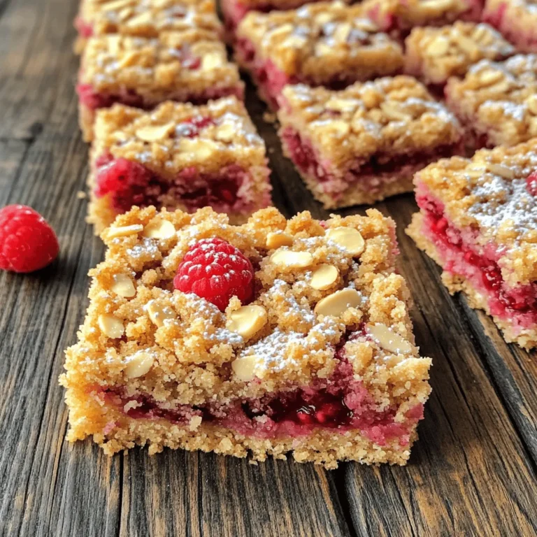 Creating Raspberry Almond Crumb Bars starts with gathering the right ingredients. You will need: - 1 cup all-purpose flour - 1/2 cup almond flour - 1/2 cup rolled oats - 1/2 cup brown sugar, packed tightly - 1/4 teaspoon fine salt - 1/2 teaspoon baking powder - 1/2 cup unsalted butter, melted and slightly cooled - 1 teaspoon pure vanilla extract - 1 cup fresh raspberries (or thawed frozen raspberries) - 1 tablespoon cornstarch - 1 tablespoon honey (or pure maple syrup) - 1/4 cup sliced almonds These ingredients work together to create a sweet, crumbly treat. The all-purpose flour gives the bars structure. Almond flour adds a nutty flavor. Rolled oats bring a lovely texture. Brown sugar sweetens the bars and adds richness. Fine salt balances the sweetness, while baking powder helps them rise. The melted unsalted butter binds everything together and gives a rich taste. Pure vanilla extract adds warmth and aroma. Fresh raspberries offer a burst of tartness. Cornstarch thickens the raspberry filling, helping it hold together. Honey or maple syrup adds a touch of sweetness, while sliced almonds give a delightful crunch. This combination leads to a dessert that is both delicious and simple to make. For the full recipe, check out the instructions. 1. Preheating the Oven Start by preheating your oven to 350°F (175°C). This step is key for even baking. 2. Preparing the Baking Pan Line an 8x8 inch baking pan with parchment paper. Leave some paper hanging over the edges. This helps you lift out the bars later. 3. Mixing Dry Ingredients In a large bowl, whisk these dry ingredients together: - 1 cup all-purpose flour - 1/2 cup almond flour - 1/2 cup rolled oats - 1/2 cup brown sugar - 1/4 teaspoon fine salt - 1/2 teaspoon baking powder Mix well until everything is combined. This ensures an even flavor in your bars. 1. Making the Crust Pour in 1/2 cup melted unsalted butter and 1 teaspoon vanilla extract into the dry mix. Stir until it gets crumbly. If you can squeeze it together in your hand, it's ready. Set aside 1 cup of this crumb mix for later. 2. Preparing the Raspberry Filling In another bowl, gently toss together 1 cup of fresh raspberries, 1 tablespoon cornstarch, and 1 tablespoon honey (or maple syrup). This makes a sweet and thick filling. 3. Layering and Baking Press the crumb mixture into the bottom of your prepared pan. Bake it for 15 minutes. After that, spread the raspberry mix on top. Next, sprinkle the reserved crumb mixture over the filling. Top it with 1/4 cup sliced almonds for a nice crunch. Return the pan to the oven. Bake for another 25-30 minutes. You want the topping to turn golden and the raspberries to bubble. Once done, cool in the pan for 10 minutes. Use the parchment paper to lift out the bars onto a wire rack. Let them cool completely. When cooled, slice into squares and enjoy these delicious raspberry almond crumb bars. For the full recipe, refer back to the earlier section. Ensuring a Perfect Crust To make the crust just right, use cold butter. Cold butter makes the crust flaky. Mix the dry ingredients well before adding the butter. This helps everything blend better. Press the crust firmly into the pan. This gives it strength and keeps it from falling apart. Bake it until it’s just starting to turn golden. This shows it's ready for the filling. Achieving Optimal Raspberry Filling For the best raspberry filling, pick ripe, fresh berries. They burst with flavor and sweetness. If using frozen berries, thaw them first and drain excess liquid. Toss the raspberries gently with cornstarch and honey. This helps thicken the filling and adds sweetness. Spread the filling evenly over the crust. This ensures each bite has lots of yummy raspberry goodness. Serving Suggestions When serving, slice the bars into squares. This makes them easy to grab. You can serve them warm or at room temperature. For a more elegant touch, dust the bars with powdered sugar. It adds a pretty look and a hint of sweetness. Pair them with a scoop of vanilla ice cream for a special treat. Garnishing Ideas Garnish the bars with sliced almonds on top. This adds a nice crunch and flavor. You can also add a dollop of whipped cream on the side. Fresh mint leaves can add a pop of color. These simple touches make your dish look beautiful and inviting. For the full recipe, check out the section above. {{image_4}} Gluten-Free Option If you want a gluten-free version of these bars, swap all-purpose flour for a gluten-free blend. Look for one that contains xanthan gum. This will help the bars hold together well. Alternative Fruits You can change the raspberries to other fruits. Think about strawberries, blueberries, or peaches. Each fruit will give a different flavor and color. Just remember to adjust the sugar if the fruit is sweeter or tarter. Adding Spices Spices can add warmth and depth to your bars. Try a pinch of cinnamon or nutmeg in the crumb mix. You can also add some almond extract for a stronger almond flavor. Incorporating Chocolate If you love chocolate, mix in some chocolate chips. Dark chocolate pairs well with raspberries. You can add them to the filling or sprinkle them on top before baking. This will add a rich taste to your dessert. For the full experience, check out the Full Recipe. Storage Duration You can store your Raspberry Almond Crumb Bars for about five days. Keep them in an airtight container at room temperature. If you want them to last longer, consider freezing them. Best Practices for Preservation To keep your bars fresh, wrap them tightly in plastic wrap. Then, place them in a container. This method helps to lock in moisture and flavor. Avoid direct sunlight, as heat can make them soggy. How to Freeze To freeze the bars, first, let them cool completely. Slice them into squares, then wrap each piece in plastic wrap. Place the wrapped bars in a freezer bag. Remove as much air as possible to prevent freezer burn. They can stay frozen for up to three months. Reheating Instructions To reheat, take out the number of bars you want. Let them thaw in the fridge overnight. Then, warm them in the oven at 350°F (175°C) for about 10 minutes. This makes them taste fresh and delicious again. Enjoy your treat! For the full recipe, check out the recipe section. If you do not have almond flour, you can use all-purpose flour. You can also use ground oats or coconut flour. Keep in mind that these options may change the taste a bit. Almond flour adds a nutty flavor and soft texture. You can tell the bars are done when the top is golden brown. Also, look for bubbling around the edges. If you insert a toothpick, it should come out clean, except for some raspberry juice. Yes! Frozen raspberries work well in this recipe. Just make sure to thaw them first. Drain any excess liquid from the raspberries to avoid a soggy crust. The flavor will still be delicious! To cut even pieces, wait until the bars are fully cooled. Use a sharp knife for clean cuts. You can score the bars lightly with the knife first to guide your cuts. This will help you get nice, even squares. For cleaner edges, wipe the knife with a damp cloth between cuts. For the full recipe, check the instructions provided earlier. These raspberry bars are a tasty treat you can make at home. We covered essential ingredients like flour and fresh raspberries. You learned how to prepare and bake with clear step-by-step instructions. Tips helped ensure your bars turn out perfectly every time. Plus, you now have ideas for variations and storage. Enjoy experimenting with this recipe. It’s simple and fun. You'll love sharing your delicious bars with friends and family!