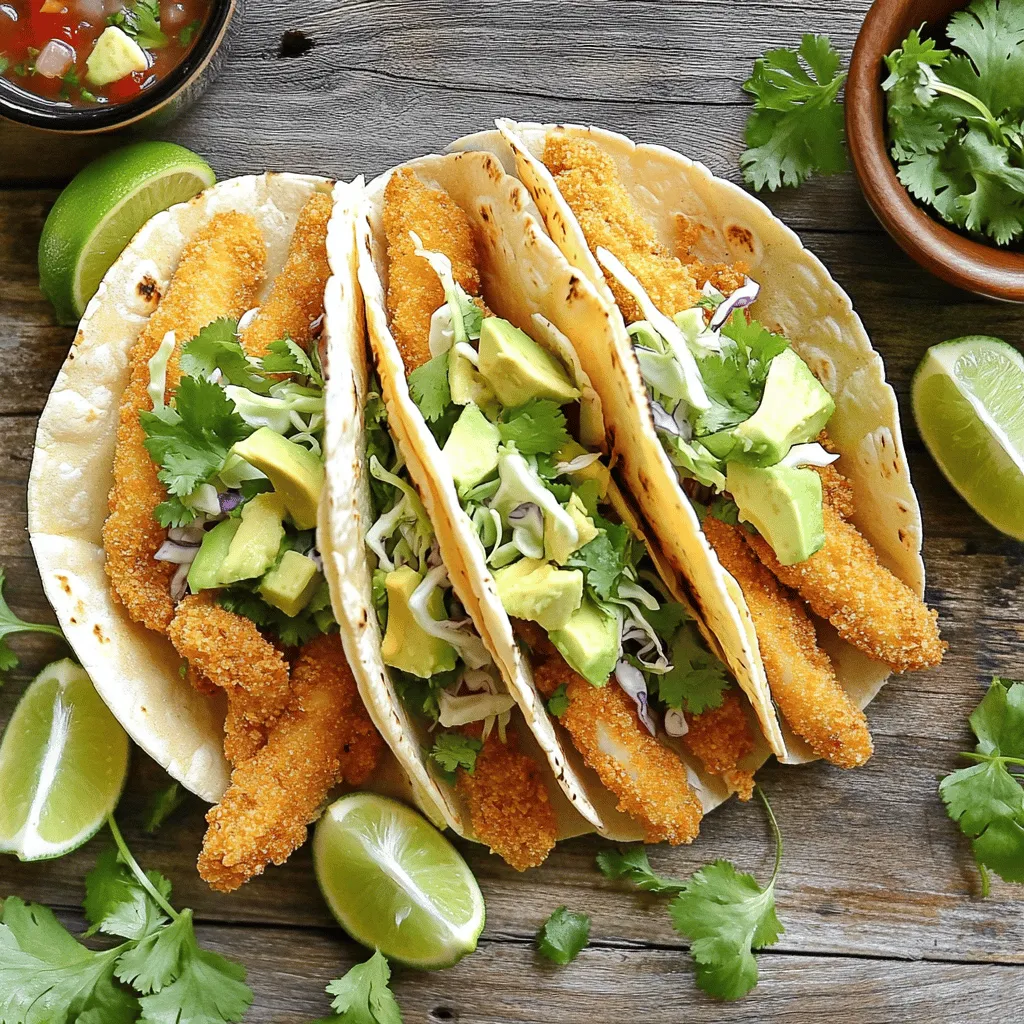 - 1 lb white fish fillets (cod or tilapia recommended) - 1 cup all-purpose flour - 1/2 cup cornmeal - 1 teaspoon cayenne pepper - 1 teaspoon garlic powder - 1 teaspoon paprika - 1/2 teaspoon salt - 1/4 teaspoon black pepper - 2 large eggs, beaten - 1 cup panko breadcrumbs - Vegetable oil for frying - 8 small corn tortillas - 1 cup cabbage, finely shredded - 1 ripe avocado, diced - 1/4 cup fresh cilantro, chopped - Lime wedges, for serving - Salsa or hot sauce, optional for extra flavor Gathering the right ingredients is key to making great crispy fish tacos. I recommend using fresh white fish like cod or tilapia. They fry nicely and stay flaky. You will also need a mix of dry ingredients. This includes flour, cornmeal, and spices like cayenne, garlic powder, and paprika. This mix gives the fish a tasty crunch. Next, you will need eggs for the breading process and panko breadcrumbs for that extra crisp. Don’t forget the vegetable oil for frying! It’s essential for achieving that golden color. For the tacos, use small corn tortillas. They are soft and perfect for wrapping around your filling. You can top your tacos with shredded cabbage, diced avocado, and fresh cilantro for added flavor. Don’t skip the lime wedges! They add a refreshing touch. If you like heat, add salsa or hot sauce. For the full recipe, check out the detailed instructions. Enjoy every bite of your crispy fish tacos! First, rinse the fish fillets under cold water. This step helps remove any unwanted bits. Next, dry the fillets well with paper towels. Removing moisture is key for crispiness. Now, slice each fillet into strips that are about 1 inch wide. This size is perfect for tacos. In a medium bowl, mix together the flour, cornmeal, cayenne pepper, garlic powder, paprika, salt, and black pepper. Stir well to blend the spices evenly. This coating gives the fish its crunch and flavor. It’s time to set up your breading station. In one bowl, pour the beaten eggs. In another bowl, have the panko breadcrumbs ready. This setup makes the breading process easy and organized. Heat about 1 inch of vegetable oil in a large skillet over medium-high heat. Wait until the oil shimmers before adding the fish. Fry the fish strips in small batches. This prevents overcrowding. Cook each side for about 3-4 minutes, or until they turn golden brown. Let the fish drain on paper towels after frying to remove extra oil. While the fish cools, warm the corn tortillas. Use a dry skillet over medium heat. Heat each tortilla for about 30 seconds on each side. This step makes them soft and easy to fold. Now, it’s time to assemble your tacos! On each warm tortilla, add 2-3 pieces of the crispy fish. Top with finely shredded cabbage, diced avocado, and chopped cilantro. This layering creates a burst of flavor and color. Enjoy your crispy fish tacos right away! Serve with lime wedges and salsa for extra kick. For the full recipe, check the detailed instructions above. To get that perfect crispy texture, start by drying the fish well. Moisture can ruin your crunch. Use paper towels to pat the fish until it's dry. Next, heat the oil to the right temperature. The oil should shimmer but not smoke. A temperature of about 350°F works great. If the oil is too cool, the fish will soak up too much oil. If it’s too hot, the outside will burn before the inside cooks. Choosing the right fish matters. I recommend using white fish like cod or tilapia. These types have a mild flavor and cook well. They also hold their shape during frying. Avoid fish with a strong taste or flaky texture, as they may not work as well in tacos. To boost flavor, adjust your spices. A mix of cayenne pepper, garlic powder, and paprika gives a nice kick. You can add more cayenne if you like heat. For a fresh twist, try adding lime zest to the coating mix. Fresh herbs like cilantro or parsley can also brighten the dish. Remember, taste as you go! This way, you can find the perfect balance for your tacos. For the full recipe, check out the [Full Recipe]. {{image_4}} If you want to switch things up, try using shrimp, chicken, or tofu. Shrimp works well as it cooks fast and has a sweet taste. Just season it like you would the fish and fry until pink. Chicken can be cut into strips or cubes and seasoned with spices. It should be cooked well for safety. Tofu is a great option too. Use firm tofu, press it to remove moisture, and cube it. Coat it with the same breading and fry until golden. Each choice brings a new flavor to your tacos. While avocado and cabbage are classic toppings, you can get creative! Consider using fresh mango salsa for a sweet twist. Pineapple slaw adds a nice crunch and fruity flavor. You can also try pickled red onions for a tangy punch. Radishes add a crisp bite, while jalapeños can give some heat. Don't forget about cheese! Crumbled queso fresco or shredded cheddar can make your tacos even tastier. Mix and match to find your perfect topping combo! The right sauce can enhance your tacos. You can make your own or use store-bought options. A simple lime crema is easy to whip up. Just mix sour cream, lime juice, and a pinch of salt. For a spicy kick, try chipotle mayo. Combine mayonnaise with chipotle peppers in adobo sauce. If you prefer store-bought, look for spicy salsas or zesty cilantro dressings. These sauces add a burst of flavor and can take your tacos to the next level. Check out the Full Recipe for more sauce ideas! To keep your tacos fresh, place them in an airtight container. Store them in the fridge. They are best eaten within two days. Make sure to keep the fish separate from the tortillas and toppings. This helps to keep everything crisp. To reheat and keep them crispy, use the oven. Preheat it to 350°F (175°C). Place the tacos on a baking sheet. Heat them for about 10 minutes. This method keeps the fish nice and crunchy. Avoid using the microwave as it makes the tacos soggy. You can freeze the fish but not the assembled tacos. To freeze the fish, let it cool completely. Wrap it tightly in plastic wrap, then place it in a freezer bag. It will last for up to three months. When ready to eat, thaw in the fridge overnight before reheating. For the tortillas and toppings, it's best to prepare them fresh. I recommend using white fish fillets like cod or tilapia. These fish are mild and flaky. They fry up nicely and stay tender inside. Cod has a firm texture, while tilapia is soft. Both options soak up flavors well, making them ideal for tacos. Yes, you can prep some parts ahead. Slice the fish and mix the coating early. You can even bread the fish and store it in the fridge for a few hours. Just fry them right before serving. This keeps them crispy and fresh. Great sides include rice, beans, or a fresh salad. You can also try chips and salsa for a crunchy touch. A light coleslaw pairs well too, adding a cool, crisp contrast. You can make a simple spicy sauce with just a few ingredients. Mix 1/2 cup of sour cream with 1-2 tablespoons of hot sauce. For more flavor, add lime juice and a pinch of salt. Adjust the heat to your taste. This sauce adds a fantastic kick to the tacos. For more details, check the Full Recipe. This article covers the ingredients, steps, and tips to make crispy fish tacos. You learned about the best fish options, how to achieve a perfect crunch, and ideas for tasty variations. Remember, using fresh ingredients and following the frying tips ensures a delicious meal. Enjoy experimenting with toppings and sauces to make your tacos unique. With these guidelines, you can create a fun and flavorful dish that everyone will love. Happy cooking!