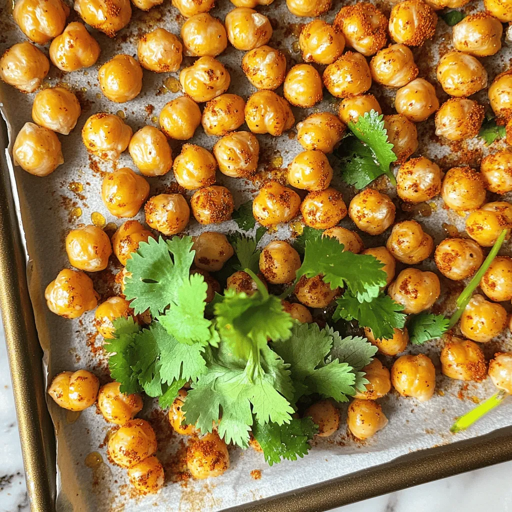 - 1 can (15 ounces) chickpeas, drained and rinsed - 2 tablespoons olive oil - 1 teaspoon smoked paprika - 1 teaspoon ground cumin - 1/2 teaspoon cayenne pepper (adjust for spice preference) - 1/2 teaspoon garlic powder - Salt to taste - Fresh cilantro for optional garnish - Baking sheet - Parchment paper - Mixing bowl - Paper towels To make spicy roasted chickpeas, you need simple, fresh ingredients. I love using canned chickpeas because they save time. Just drain and rinse them well. This step is crucial. It helps remove excess salt and prepares them for roasting. I use olive oil for flavor and crispiness. It also helps the spices stick to the chickpeas. For spices, smoked paprika brings warmth and depth. Ground cumin adds a nutty kick. Cayenne pepper gives that spicy heat. You can adjust the cayenne based on your taste. Garlic powder adds a savory note, while salt enhances the flavors. Garnishing with fresh cilantro is optional. It adds a pop of color and a fresh taste. Now, let’s gather the tools you need. A baking sheet is key for roasting. Lining it with parchment paper makes cleanup easy. You’ll also need a mixing bowl to combine the spices and oil. Lastly, paper towels help dry the chickpeas, ensuring they get nice and crunchy. With these ingredients and tools ready, you are set for a tasty snack. Make sure to check the [Full Recipe] for detailed steps to create your spicy roasted chickpeas! - Preheat the oven to 400°F (200°C). - Dry the chickpeas thoroughly with paper towels. To make crispy roasted chickpeas, start with a hot oven. Preheating helps them cook evenly. Next, drying the chickpeas is key. If they are wet, they will steam instead of roast. Drying gives them that crunchy bite we love. - Whisk together olive oil and spices. - Coat chickpeas with the spice mixture. In a medium bowl, mix the olive oil with smoked paprika, cumin, cayenne, garlic powder, and salt. This spice blend packs a punch! Once mixed, add the dried chickpeas. Toss them well to ensure each one is coated. The oil helps the spices stick and adds flavor. - Spread chickpeas on the baking sheet. - Roast for 30-35 minutes and shake halfway through. Place the chickpeas on a lined baking sheet in a single layer. This space will help them crisp up. Roast for about 30 to 35 minutes. Halfway through, shake the pan to move them around. This way, they roast evenly. You'll know they're ready when they turn golden and crunchy. For the full recipe, check out the cooking instructions and enjoy your tasty snack! To get the best crunch, drying the chickpeas is key. After rinsing, use paper towels to pat them dry. This removes excess moisture. If you skip this step, your chickpeas may turn out soggy. Spread them out on the baking sheet, leaving space between each one. This helps them roast evenly and become crisp. You can easily change up the flavor of your chickpeas. Try adding herbs like oregano or thyme for a fresh twist. You can also adjust the spice level. If you like it hot, add more cayenne pepper. For a milder snack, reduce the cayenne. This way, you can cater to your taste buds and make it just right for you. Spicy roasted chickpeas are best served warm or at room temperature. They make a great snack on their own. You can also pair them with dips like hummus or tzatziki. Toss them into salads for extra crunch. They add flavor and texture to any dish. These ideas can help you enjoy your chickpeas in different ways. For the full recipe, check out the details above. {{image_4}} You can change the flavor of your spicy roasted chickpeas with different spices. - For an Indian-inspired taste, try using curry powder. This adds warmth and depth. - If you want a Mediterranean twist, sprinkle on za'atar. It gives a fresh, herby flavor. You can make your chickpeas even tastier by adding extra ingredients. - Toss in nuts or seeds for a crunchy texture. Almonds or pumpkin seeds work well. - Mix in colorful veggies like bell peppers or carrots. This adds color and nutrition. There are other ways to cook these tasty snacks too. - If you have an air fryer, set it to 400°F (200°C). Cook the chickpeas for 15-20 minutes. Shake them halfway through for even cooking. - For stovetop roasting, heat a pan over medium heat. Add the chickpeas and stir often for 10-15 minutes until they are crispy. With these variations, you can find your perfect flavor and crunch. You can check the Full Recipe for more details on making these delicious snacks! To keep your spicy roasted chickpeas fresh, use an airtight container. Glass jars or plastic containers work well. Make sure to let the chickpeas cool for about 15 minutes before sealing them. This cooling time helps prevent moisture build-up, which can make them soggy. You can store roasted chickpeas at room temperature for about 3 to 5 days. Keep them in a cool, dry place. For longer storage, freezing is a great option. Place the cooled chickpeas in a freezer-safe bag. When you want to enjoy them again, just reheat in the oven at 350°F (175°C) for 10-15 minutes. This will help restore their crunch. Yes, you can use dried chickpeas. To do this, soak one cup of dried chickpeas overnight in water. The next day, drain them and place them in a pot. Add fresh water and bring to a boil. Cook them for about 1 hour or until tender. Then, drain and dry them well before following the steps in the Full Recipe. If you prefer less heat, reduce the cayenne pepper to 1/4 teaspoon or omit it entirely. You can also add a bit of sugar to balance the heat. Mixing in some more olive oil can help tone down the spice as well. Chickpeas are packed with protein, fiber, and vitamins. They help with digestion and can aid in weight management. These little legumes are also great for heart health, lowering bad cholesterol. Plus, they are rich in iron and folate, making them a smart choice for your diet. Spicy roasted chickpeas are easy to make and taste great. We covered the main ingredients needed, like chickpeas, olive oil, and spices. The steps involve prepping, mixing, and roasting. Remember to dry your chickpeas for the best crunch and feel free to experiment with flavors. Store them properly for lasting freshness. These snacks are healthy and perfect for sharing. Enjoy your crunchy, spicy treat!