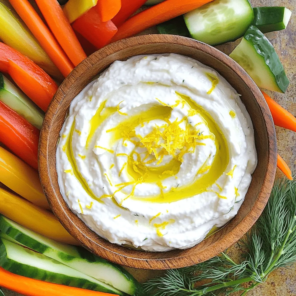 - 1 cup plain Greek yogurt - 2 tablespoons freshly squeezed lemon juice - Zest from 1 medium lemon - 1 clove garlic, finely minced - 1 tablespoon fresh dill, finely chopped - 1 tablespoon extra virgin olive oil - Sea salt and freshly ground black pepper, to taste - 1/4 teaspoon cayenne pepper (optional for a kick) - A colorful array of vegetable sticks (carrots, cucumbers, bell peppers) for serving When I prepare Zesty Lemon Greek Yogurt Dip, I love the fresh taste of lemon. The plain Greek yogurt serves as a creamy base. It is rich and tangy. The lemon juice adds brightness. Using fresh lemon zest gives it a zesty punch. I always recommend squeezing the lemon juice right before using it. This way, you get the best flavor. For flavor, I add minced garlic. Garlic gives the dip a savory depth. Fresh dill brightens the dish with its herbal notes. I splash in some extra virgin olive oil for richness. This combination makes the dip really special. Seasoning is key. I sprinkle in sea salt and black pepper to taste. If you like a little heat, cayenne pepper works well. It adds a fun kick without overwhelming the other flavors. Finally, I love to serve this dip with fresh vegetable sticks. Carrots, cucumbers, and bell peppers look great on a platter. This dip is perfect for parties or a healthy snack. Try it with your favorite veggies for a fresh treat. For the full recipe, check out the details above. To start, take a medium bowl. Combine 1 cup of plain Greek yogurt, 2 tablespoons of freshly squeezed lemon juice, and zest from 1 medium lemon. Mix these ingredients well using a whisk or spoon. You want it to be smooth and creamy. Next, add 1 clove of finely minced garlic, 1 tablespoon of fresh dill, and 1 tablespoon of extra virgin olive oil. Stir these components together until they blend perfectly. This step adds depth and richness to your dip. Now, it's time to season. Add sea salt and freshly ground black pepper to taste. If you like a little heat, sprinkle in 1/4 teaspoon of cayenne pepper. Mix everything thoroughly until the flavors are well-distributed. Cover the bowl tightly with plastic wrap or a lid. Place it in the refrigerator for at least 30 minutes. This chilling period lets the flavors meld and intensify, making your dip even better. After chilling, taste the dip. Adjust the seasoning as needed. You might want to add more salt, pepper, or cayenne. This is your chance to make it just right for your taste. When you're ready to serve, choose a nice bowl for your dip. Garnish it with a sprig of fresh dill or a sprinkle of lemon zest. Arrange colorful vegetable sticks like carrots, cucumbers, and bell peppers around the dip for a beautiful presentation. This recipe is a breeze to make and perfect for gatherings. Check out the Full Recipe for more details! To get a smooth dip, whisk thoroughly. This step blends the yogurt, lemon juice, and zest well. A good whisking helps avoid lumps. Make sure to mix until it feels creamy and velvety. Boost the flavor with fresh herbs and spices. Dill is great, but you can also try parsley or chives. Adding a pinch of garlic powder can give it depth. Don't forget to use fresh lemon zest for an extra zing. You can serve this dip in many fun ways. Try using a colorful bowl to catch the eye. Place the vegetable sticks around the bowl for a beautiful look. You can even add a sprig of dill on top for a fresh touch. For a rustic feel, serve it on a wooden board. Enjoy this dip with your favorite snacks or as part of a big meal. Check out the Full Recipe for more tips! {{image_4}} You can switch up the herbs in this dip for a new taste. Try using fresh basil for a sweet note. Oregano adds a Mediterranean twist. If you like a more earthy flavor, use parsley. Each herb brings its own charm and freshness. If you want some heat, add jalapeños or hot sauce. Chopped jalapeños give a nice crunch and spice. A splash of hot sauce can elevate the dip with bold flavor. Adjust the amount to fit your taste. You can use sour cream or cottage cheese instead of Greek yogurt. Sour cream creates a rich and tangy dip. Cottage cheese offers a thicker texture and a bit of creaminess. Both options can make this dip your own. For the full recipe, check out the Zesty Lemon Greek Yogurt Dip. To keep your Zesty Lemon Greek Yogurt Dip fresh, store it in an airtight container. This helps lock in flavor and moisture. Place the container in the fridge, away from strong-smelling foods. This dip loves to stay cool and dry. Your dip stays fresh for about 4 to 5 days in the fridge. After that, the taste and texture may change. If you see any signs of spoilage, it’s best to toss it. Always trust your senses when it comes to food safety. If you want to save it for later, you can freeze the dip. Use a freezer-safe container and leave some space at the top. This allows for expansion as it freezes. When ready to enjoy, thaw it in the fridge overnight. Stir well before serving to restore its creamy texture. For the best taste, use it within 2 months. You can find the full recipe to make this delightful dip in the earlier sections. You can serve this dip with a variety of dippers. Here are some great options: - Carrot sticks - Cucumber slices - Bell pepper strips - Celery sticks - Pita chips - Crackers These pairings add crunch and flavor to your dip. They also make for a bright and healthy platter. Yes, you can make this dip ahead of time. It tastes even better after chilling. I recommend making it a few hours or the day before. Just cover it well and store it in the fridge. This lets the flavors blend nicely. This dip can fit many diets. To make it gluten-free, just check your dippers. For a vegan option, use dairy-free yogurt. You can also skip the garlic if you need a low-FODMAP choice. There are plenty of ways to adapt this recipe to meet your needs. You can easily change the dip's thickness. Add a bit of water or more lemon juice for a thinner dip. Mix well until smooth. If you want it thicker, use less yogurt or strain it through a cheesecloth. This way, you control the texture to fit your preference. The Zesty Lemon Greek Yogurt Dip is simple and fun to make. You mix yogurt, lemon, and garlic for great flavor. Then, adding fresh herbs and spices makes it even better. Remember to chill it for 30 minutes to blend the tastes. Serve it with colorful veggies for a healthy snack. This dip is versatile and tasty. You can try new herbs or add spice for a twist. Enjoying this dip brings a fresh taste to any table!