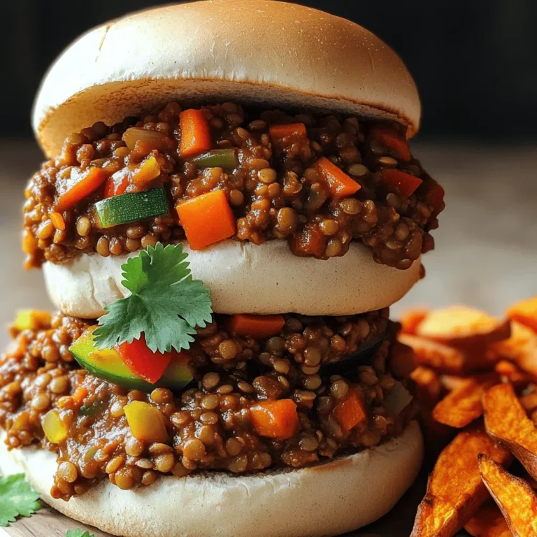 To make vegan sloppy joes, gather these simple ingredients: - 1 tablespoon olive oil - 1 medium onion, finely chopped - 2 cloves garlic, minced - 1 red bell pepper, finely chopped - 1 medium carrot, grated - 1 medium zucchini, grated - 1 cup cooked lentils (you can also use canned lentils, rinsed and drained) - 1 cup canned crushed tomatoes - 2 tablespoons tomato paste - 1 tablespoon maple syrup - 1 tablespoon apple cider vinegar - 1 teaspoon smoked paprika - 1 teaspoon chili powder - Salt and freshly ground black pepper to taste - 4 whole wheat burger buns - Fresh cilantro or parsley, chopped, for garnish If you need to swap out any ingredients, here are some great options: - Use avocado oil instead of olive oil. - Substitute yellow onion for red onion. - Try using mushrooms instead of lentils for a different texture. - Maple syrup can be replaced with agave syrup or date syrup. - For a gluten-free option, use gluten-free buns or lettuce wraps. These vegan sloppy joes are not only tasty but also healthy. Each serving offers: - Calories: Approximately 250 - Protein: 12 grams - Fiber: 8 grams - Sugars: 6 grams - Fats: 5 grams This meal is packed with nutrients and great for anyone looking for a hearty plant-based dish. For the full recipe, check out the details above. 1. Heat 1 tablespoon of olive oil in a large skillet over medium heat. 2. Add 1 medium chopped onion. Sauté for 3-4 minutes until it’s soft. 3. Stir in 2 cloves of minced garlic for 1 minute. Let it smell great! 4. Toss in 1 finely chopped red bell pepper, 1 grated carrot, and 1 grated zucchini. Cook for 5-6 minutes. Stir often. 5. Add 1 cup of cooked lentils, 1 cup of crushed tomatoes, 2 tablespoons of tomato paste, 1 tablespoon of maple syrup, and 1 tablespoon of apple cider vinegar. 6. Sprinkle in 1 teaspoon of smoked paprika and 1 teaspoon of chili powder. Mix well. 7. Add salt and pepper to taste. Lower the heat and simmer for 10-15 minutes. Stir occasionally. 8. While it simmers, toast 4 whole wheat burger buns until golden. 9. Spoon the lentil mix onto the bottom half of each bun. 10. Top with fresh cilantro or parsley before adding the other bun half. - Use fresh veggies for the best flavor. - Taste your mix before serving. Adjust salt and spice as needed. - Let the mixture sit for a few minutes off the heat. This helps the flavors meld. - For a bit of heat, add more chili powder or some hot sauce. - Use canned lentils. They save time and are easy to use. - Chop vegetables ahead of time. This speeds up your cooking process. - Cook a big batch. You can freeze leftovers for quick meals later. - Make extra and use it as a filling for wraps or tacos. For the full recipe, check out the Vegan Sloppy Joes with a Twist . It has everything you need for this tasty meal! To make your vegan sloppy joes shine, focus on the seasoning. Use fresh herbs like cilantro or parsley for brightness. I suggest toasting the buns for extra crunch. This adds texture and keeps the filling from making them soggy. Let the mixture simmer longer if you want a thicker sauce. This helps the flavors deepen and blend well. One mistake is overcooking the veggies. You want them soft but not mushy. Another issue is not tasting the mixture. Always adjust the salt and spices to your liking. If you skip toasting the buns, they might get soggy. Lastly, don’t rush the simmering process. Give it time to develop rich flavors. Serve your vegan sloppy joes with crispy sweet potato fries. A fresh salad on the side adds a nice crunch. You can also create a fun plate by adding pickles or coleslaw. For a twist, try serving them in lettuce wraps. This keeps it light and refreshing. For the full recipe, check the section above. {{image_4}} You can switch up the protein in your vegan sloppy joes. Lentils are great, but try these: - Chickpeas: They add a nutty flavor and a nice texture. - Black beans: These bring a rich, earthy taste to the dish. - Quinoa: It's light and fluffy, adding a nice bite. Each option creates a unique taste and texture profile. Just cook them the same way as lentils. You’ll have a fun twist on the classic dish. You can adjust the flavors to fit your taste. Here are some ideas: - Spicy: Add more chili powder or some diced jalapeños. - Sweet: Increase the maple syrup or add a splash of BBQ sauce. - Savory: Use smoked paprika or a dash of soy sauce for depth. Mix and match these flavors. You can create a new experience every time you make them. Serving your sloppy joes can be just as fun as making them. Here are some ideas: - Lettuce wraps: Use large lettuce leaves instead of buns for a fresh twist. - Stuffed peppers: Fill halved bell peppers with the mixture and bake until tender. - Taco style: Serve the filling in taco shells with toppings like avocado and salsa. These ideas keep your meals exciting. You can impress your friends and family with these fun twists on vegan sloppy joes. For the full recipe, check out the section above! To keep your vegan sloppy joes fresh, store them in an airtight container. Let the mixture cool first. Place it in the fridge. Use it within 4 to 5 days for the best taste. Make sure to separate the buns from the filling. This keeps the buns from getting soggy. When you're ready to eat, reheat the lentil mixture on the stove. Use a medium pan over low heat. Stir often to warm it evenly. You can also microwave it in a safe bowl. Heat in short bursts of 30 seconds. Check and stir in between until hot. If you want to save some for later, freeze the lentil mix. Use a freezer-safe container or bag. It can last up to 3 months. When ready to eat, thaw it in the fridge overnight. Reheat it as mentioned above. The flavors will still be great! For the buns, freeze them separately if needed. To make Vegan Sloppy Joes from scratch, start by heating olive oil in a skillet. Add chopped onion and sauté until it turns soft. Next, stir in minced garlic. After that, add chopped bell pepper, grated carrot, and zucchini. Cook these for a few minutes until they soften. Then, mix in cooked lentils, crushed tomatoes, tomato paste, maple syrup, and apple cider vinegar. Season with smoked paprika, chili powder, salt, and pepper. Let it simmer until thick. Finally, serve on toasted whole wheat buns. For the complete process, check the Full Recipe. If you need a substitute for lentils, try black beans or chickpeas. These beans add great texture and protein. You can also use crumbled tempeh or tofu. Just make sure to cook them well so they blend into the sauce. Each option brings its unique flavor, making your dish special. Yes, many stores offer vegan Sloppy Joe options. You can find pre-made sauces and mixes in the condiment aisle. Some brands even sell ready-to-eat meals. Check labels to ensure they are fully vegan. These can save time and deliver good taste, especially for busy days. To make Vegan Sloppy Joes less spicy, simply reduce or leave out the chili powder. You can also add more crushed tomatoes to balance the heat. A bit of sugar or maple syrup can help tone down spiciness too. Adjusting the spices lets you customize the flavor to your liking. Vegan Sloppy Joes are easy to make and packed with flavor. We covered the best ingredients, cooking steps, and common mistakes to avoid. I shared tips to save time and make your dish pop. Plus, you learned how to store and reheat leftovers safely. Experiment with different proteins and flavors to find your favorite. Enjoy this tasty meal that is both healthy and satisfying. Dive in and savor every bite!