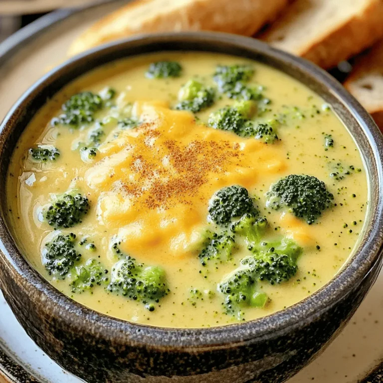 - 4 cups fresh broccoli florets - 1 medium onion, finely diced - 2 cloves garlic, minced - 4 cups vegetable broth - 1 cup heavy cream - 2 cups sharp cheddar cheese, freshly shredded - 1 tablespoon extra virgin olive oil - 1 teaspoon sea salt - ½ teaspoon freshly ground black pepper - ½ teaspoon smoked paprika - Crusty bread for serving - Fresh garlic - Smoked paprika - Use coconut cream for a dairy-free option. - Try different cheeses like gouda or pepper jack. - Opt for low-sodium broth if you prefer less salt. - Sautéing Aromatics: Start by heating the extra virgin olive oil in a large pot over medium heat. When the oil is hot, add the diced onion. Sauté for about 5 minutes. You want the onion to become soft and see-through. - Adding Garlic: Next, stir in the minced garlic. Cook it for one more minute. This step adds a lovely, fragrant smell. Be careful not to let the garlic burn, as it can turn bitter. - Incorporating Broccoli Florets: Now, add your fresh broccoli florets to the pot. Gently toss them in the oil and onions. Sauté for about 2 minutes. This helps the broccoli soak up all the tasty flavors. - Pouring in Vegetable Broth: After sautéing, pour in the vegetable broth. Make sure the broccoli is fully submerged. Bring this mix to a gentle boil. - Immersion Blender Techniques: Once boiling, turn down the heat and let it simmer for about 15 minutes. Your broccoli should be fork-tender now. Use an immersion blender to blend the soup until it is smooth and creamy. - Achieving Desired Texture: If you want an even silkier soup, you can use a regular blender. Just blend in small batches and return it to the pot when done. - Adding Cream and Cheese: Return the blended soup to medium heat. Stir in the heavy cream and the freshly shredded cheddar cheese. Mix well until the cheese melts into the soup. - Seasoning and Simmering: Season your soup with sea salt, black pepper, and smoked paprika. Taste and adjust the seasonings as needed. Let it simmer gently for another 5 minutes, stirring occasionally. Now, enjoy this creamy broccoli cheddar soup. For the full recipe, check out the link provided. Using Fresh Ingredients Fresh ingredients make a big difference. Use bright green broccoli florets for your soup. They bring a crisp taste and vibrant color. Choose a sharp cheddar cheese for that rich flavor. Fresh garlic adds a nice kick too. If you have herbs, like thyme or parsley, add them in for extra depth. Experimenting with Spices Spices can change the game. Start with smoked paprika for a hint of smokiness. Add a pinch of cayenne for heat, if you like spice. Nutmeg can lend a warm note to the mix. Try different spices to find what you love best. Blending Techniques To make your soup creamy, blending is key. Use an immersion blender for ease. It lets you blend right in the pot. If you prefer a super smooth texture, transfer the soup to a countertop blender. Blend in batches, then return it to the pot. Cheese Melting Tips When adding cheese, do it slowly. Stir the cheese in over low heat. This helps it melt evenly without clumping. If the soup gets too thick, add a splash of broth or cream to loosen it up. Best Accompaniments Serve your soup with crusty bread. The texture of the bread pairs well with the creamy soup. Grilled cheese sandwiches are another great match. They add a fun twist to your meal. Garnishing Ideas Garnishes can elevate your soup. A sprinkle of extra cheddar on top looks nice. Add a dash of smoked paprika for color. Fresh herbs, like parsley or chives, can brighten the dish. These simple touches make your soup more inviting. For the full recipe, check out the complete details on how to make this creamy broccoli cheddar bliss. {{image_4}} Vegan Broccoli Cheddar Soup To make a vegan version, swap the heavy cream with coconut cream. Use vegan cheddar cheese or nutritional yeast for a cheesy flavor. This keeps the dish creamy and rich without dairy. Gluten-Free Options The original recipe is gluten-free if you use gluten-free broth. Always check labels to ensure your ingredients are safe. This makes it a great choice for those with gluten sensitivities. Adding Proteins You can make this soup heartier by adding proteins. Cooked chicken or crispy bacon can bring a nice twist. Just stir these in before serving for added flavor. Introducing Herbs Fresh herbs can change the whole taste of your soup. Try adding thyme for earthiness or basil for a hint of sweetness. These herbs will elevate the dish and make it smell amazing. Chunky vs. Smooth Soup Do you prefer a chunky soup? Simply blend half of the soup and leave the rest as is. This gives you a mix of textures. If you want it smooth, blend it all until creamy. Adding Other Vegetables Feel free to add veggies like carrots or cauliflower. This adds color and nutrition. Just cook them with the broccoli for a well-rounded flavor. To store your soup, let it cool down first. Pour it into an airtight container. Seal the container tightly. This helps keep out air and moisture. - Proper Cooling Techniques: Place the soup in the fridge after about 30 minutes. This helps it cool safely. - Storage Duration: You can keep it in the fridge for about 3 to 4 days. Freezing is a great way to save your soup for later. Just follow a few simple steps for best results. - Freezing Strategies: Use freezer-safe containers or bags. Leave some space at the top for expansion. You can also portion out servings for easy use. - How to Reheat Effectively: Thaw the soup overnight in the fridge. Reheat it on the stove over low heat. Stir often to keep it smooth and creamy. Don't let any leftovers go to waste! You can use them in various ways. - Incorporating into Other Dishes: Use the soup as a base for pasta or grain dishes. You can also drizzle it over baked potatoes for a tasty twist. - Repurposing Ideas for Meal Prep: Blend it into a sauce for mac and cheese. Pour it into a casserole for added creaminess. The possibilities are endless! For the complete recipe, check the Full Recipe section. Broccoli cheddar soup can last about 3 to 5 days in the fridge. To store it well, let it cool first. Then, place it in an airtight container. This helps keep the soup fresh and tasty. If you want to keep it longer, you can freeze it. Just remember to leave some space in the container for expansion. Yes, you can make broccoli cheddar soup ahead of time. It tastes great when you prepare it a day or two before. To do this, follow the recipe steps and let the soup cool. Then, store it in the fridge. When you're ready to eat, reheat it gently on the stove. Stir often to keep it from sticking. Add a splash of cream if it looks too thick. You can make broccoli cheddar soup without cheese. You might want to use a dairy-free cheese or nutritional yeast. These options add some flavor without using dairy. Keep in mind that the soup may not be as creamy. To enhance the texture, try adding more heavy cream or blended potatoes. This keeps the soup rich while being cheese-free. Broccoli cheddar soup offers a comforting mix of flavors and textures. We covered key ingredients, like fresh broccoli and sharp cheddar. You learned how to create a creamy base and blend the soup perfectly. I shared tips for enhancements and variations, including vegan options and protein additions. Remember to store leftovers properly for later enjoyment. Enjoy making and sharing this delicious dish. Your kitchen will be filled with warm smiles!