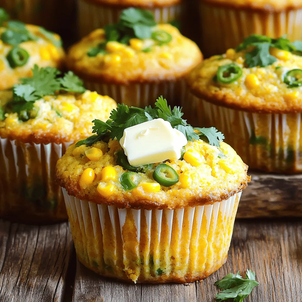 - 1 cup cornmeal - 1 cup all-purpose flour - 1 tablespoon baking powder - 1/2 teaspoon salt - 1/4 teaspoon baking soda - 1 cup milk - 2 large eggs, at room temperature - 1/4 cup honey - 1/4 cup vegetable oil - 1 cup sharp cheddar cheese, shredded - 1/2 cup pickled jalapeños, chopped - 1/2 cup corn kernels (fresh or frozen) When I make my cheesy jalapeño cornbread muffins, I focus on fresh, high-quality ingredients. Cornmeal gives the muffins a nice texture. The flour helps them rise. Baking powder and baking soda work together for a fluffy bite. Salt enhances all the flavors. I always use milk for moisture and richness. Eggs bind the ingredients and add structure. Honey brings a touch of sweetness. Vegetable oil keeps the muffins moist and tender. Sharp cheddar cheese adds a savory kick. Pickled jalapeños give a spicy twist, but you can adjust to your taste. Corn kernels add sweetness and pop in every bite. - Different cheese options (e.g., pepper jack, mozzarella) - Fresh jalapeños for added heat - Herbs or spices to customize flavor You can swap the cheese for pepper jack if you want more heat. Fresh jalapeños can spice things up even more. I love adding fresh herbs like cilantro for extra flavor. Get creative and make this recipe your own! 1. Preheat your oven to 400°F (200°C). Prepare a muffin tin by greasing it with butter or cooking spray. You can also use paper liners for easy removal. 2. In a medium bowl, combine the cornmeal, all-purpose flour, baking powder, salt, and baking soda. Whisk until the dry ingredients are mixed and free of lumps. 3. In a larger bowl, pour in the milk, crack in the eggs, and add the honey and vegetable oil. Whisk everything until smooth and blended. 4. Gradually add the dry ingredients to the wet mixture in small batches. Stir gently with a spatula until just combined. Avoid overmixing, or the muffins may become dense. 5. Carefully fold in the shredded cheddar cheese, chopped jalapeños, and corn. Ensure they are evenly distributed without overworking the batter. 6. Using a spoon or scoop, fill each muffin cup about 2/3 full with the batter. 7. Bake in the preheated oven for 15-18 minutes. The muffins are done when the tops are golden brown and a toothpick comes out clean. 8. After baking, let the muffins cool in the pan for about 5 minutes. Then transfer them to a wire rack to cool completely. For the full recipe, check the ingredients and steps listed above. You’ll love how these muffins taste! To make your muffins fluffy, avoid overmixing the batter. When you mix too much, the muffins turn dense. Just stir until the ingredients blend. This keeps them light and airy. Also, use room temperature ingredients. Cold eggs and milk can slow down the rise. Let them sit out for about 30 minutes before mixing. To adjust spice levels, play with the jalapeño amount. If you like it spicy, add more. For a milder taste, use fewer jalapeños or choose sweet peppers. You can also add toppings. Try butter, honey, or sour cream. Fresh cilantro on top adds color and freshness. If your muffins are too dry, check your measurements. Too much flour can cause dryness. You can also add a bit more milk or oil next time. If they turn out dense, remember to mix lightly. For an even bake, rotate the muffin tin halfway through baking. This helps them cook evenly and rise beautifully. For the Full Recipe, check the ingredients and steps outlined above. {{image_4}} You can change the cheese to fit your taste. Try using pepper jack cheese for a spicy kick. Mozzarella gives a milder flavor and a gooey texture. If you want a vegan option, look for plant-based cheese. Many brands offer great taste without dairy. You control the heat with jalapeños. Use more for a fiery muffin or less for a milder one. You can also add spices like cayenne pepper or smoked paprika. These spices boost the flavor and heat. Add diced bell peppers for a sweet crunch. You can also mix in fresh herbs like cilantro or chives. For those needing gluten-free options, simply swap regular flour for gluten-free flour. This keeps the muffins tasty for everyone. For the full recipe, refer back to the main section. To keep your leftover muffins fresh, place them in an air-tight container. This method helps retain moisture and flavor. If you have a lot of muffins, you can also refrigerate them. They will stay good for about 3-4 days in the fridge. Just make sure to wrap them well to avoid dryness. If you want to save some muffins for later, freezing works great. First, let them cool completely. Then, wrap each muffin in plastic wrap. Place the wrapped muffins in a freezer bag or container. This way, they will stay fresh for up to three months. When you're ready to eat a frozen muffin, take it out and let it thaw at room temperature. You can also reheat it in the microwave for about 20-30 seconds. This makes the muffin warm and soft again. Enjoy these cheesy jalapeño cornbread muffins whenever you want! For the full recipe, check back to the section above. To stop your cornbread muffins from sticking, grease your muffin tin well. Use butter or cooking spray on each cup. You can also line the cups with paper liners. This makes it easy to lift out the muffins without any mess. Remember, a well-greased pan helps the muffins rise and keeps them fluffy. Yes, you can make these muffins ahead of time. Bake them and let them cool completely. Store the muffins in an airtight container at room temperature for up to three days. If you want, you can freeze them for up to three months. Just thaw them overnight in the fridge when you are ready to enjoy them. If you need a milk substitute, use non-dairy milk like almond, soy, or oat milk. These options work well and give a nice flavor. Almond milk is slightly sweet, while oat milk is creamier. Just make sure to choose unsweetened versions to keep the taste balanced in your muffins. You now have all the tools to whip up delicious cornbread muffins. Our guide covered key ingredients and their measurements, preparation steps, and tips for perfect texture. Remember, mixing well yields better muffins, while adjusting spice levels can suit your taste. You can even customize with different cheeses or spices. Storing leftovers properly ensures your muffins last longer. With this knowledge, enjoy baking and sharing these tasty treats. Happy cooking!