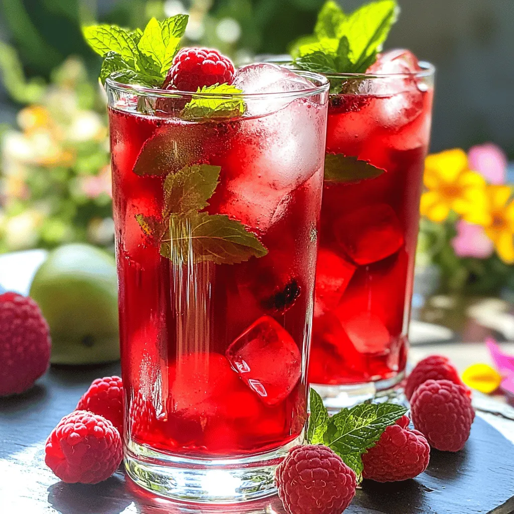 - Dried hibiscus flowers - Fresh raspberries - Honey or agave syrup To make Raspberry Hibiscus Iced Tea, you need a few key ingredients. Dried hibiscus flowers give this drink its beautiful color and tart flavor. You can find these flowers in most grocery stores or online. Fresh raspberries add a sweet touch and a pop of freshness. You can use them whole or mash them slightly for a stronger flavor. Honey or agave syrup sweetens the tea, and you can adjust the amount based on your taste. - Fresh mint leaves - Lemon juice - Ice cubes Adding fresh mint leaves can bring a cool twist to your iced tea. You can crush them slightly to release their flavor. A splash of lemon juice brightens the drink and adds a zesty kick. Ice cubes are essential to keep your tea refreshingly cold. You can even freeze some raspberries to use as ice cubes for an extra touch. For the full recipe, check out the detailed steps to create this summer delight. - Boil water In a medium saucepan, bring 6 cups of water to a rolling boil. Use medium-high heat for this. - Steep hibiscus flowers Once the water boils, remove the saucepan from heat. Add 2 cups of dried hibiscus flowers. Let them steep for 15-20 minutes. The water will turn a deep crimson color. - Strain tea and add sweetness After steeping, strain the hibiscus tea into a large pitcher. Discard the flowers. While the tea is warm, add 1/2 cup of honey or agave syrup. Stir until it dissolves. Taste it and adjust the sweetness if you want. - Combine raspberries and lemon juice Gently fold in 1 cup of fresh raspberries. Then, add 2 tablespoons of freshly squeezed lemon juice. Stir softly to mix without breaking the raspberries too much. - Chill tea before serving Let the tea cool at room temperature for 30 minutes. Then, refrigerate it for 1-2 hours until it's chilled. - Garnish and serve Fill glasses with ice cubes. Pour the chilled raspberry hibiscus tea over the ice. For garnish, add a few extra raspberries and a sprig of fresh mint leaves if you like. For the full recipe, check the details above. Enjoy your refreshing summer drink! Taste your tea after mixing in the honey or agave syrup. Start with half a cup, then add more if needed. Remember, you can always add more sweetness but not take it out. Mix well and taste again. This way, you find the perfect balance for your palate. For the best flavor, steep dried hibiscus flowers in hot water for 15-20 minutes. Use a medium saucepan and bring 6 cups of water to a boil. Remove from heat, then add the flowers. This helps release their bright, tart flavor. Strain the tea using a fine mesh strainer to remove the flowers. You want a smooth drink, not gritty. Serve the tea in clear glasses to show off its rich, crimson color. This makes your drink look as good as it tastes. Consider adding a slice of lemon on the rim for a fresh touch. Garnish with fresh raspberries and mint leaves for a pop of color and flavor. Your friends will love the look and taste! {{image_4}} You can change the taste of your raspberry hibiscus iced tea easily. Adding citrus gives it a bright twist. Try using fresh oranges or limes. Their zesty notes pair well with the sweet raspberries and tart hibiscus. You can slice the fruit and add it directly to your tea for extra flavor. Another fun option is to infuse herbs. Mint and basil bring a refreshing note to the drink. Just add a handful of fresh leaves while the tea cools. This step makes your tea even more vibrant and aromatic. If you want to skip honey, there are other sweetener options. Stevia is a great choice for a low-calorie option. It adds sweetness without extra sugar. You can also try agave syrup, which is more natural. Taste your tea as you add sweeteners. This way, you can adjust to your liking. Remember, everyone has different tastes, so find what works for you. You can make a fun mocktail with this tea. Just add some sparkling water for a fizzy touch. Pour your chilled raspberry hibiscus tea over ice and top with sparkling water. This gives you a refreshing drink for parties. It’s a great way to enjoy summer flavors without alcohol. You can also add garnishes like fresh fruit slices or herb sprigs to make it fancy. Enjoy this vibrant drink at any gathering! To keep your raspberry hibiscus iced tea fresh, store it in a sealed container. A glass pitcher works well. Keep it in the fridge right after it cools down. This way, it stays cold and tasty for longer. Always leave a little space at the top of the container. This helps prevent spills and allows for some expansion. How long can you keep this iced tea in the fridge? You can enjoy it for about 5 to 7 days. After that, the flavors may fade. If you notice any odd smells or changes in color, it’s best to toss it out. Always trust your senses when it comes to checking freshness. Want to save some for later? You can freeze hibiscus tea! Pour the cooled tea into ice cube trays. Once frozen, pop the cubes into a freezer bag. This way, you can add them to drinks or make future batches. Just remember to use them within 3 months for the best flavor. Hibiscus tea is full of antioxidants. These help fight free radicals in your body. Antioxidants can boost your immune system and protect your cells. This tea also supports hydration. Staying hydrated helps your skin look fresh and bright. Plus, hibiscus tea can help lower blood pressure. Some studies show that drinking it regularly may improve heart health. You can use fresh hibiscus flowers, but dried flowers are easier to work with. Dried flowers have a more concentrated flavor. Fresh flowers may not give you the same strong taste. If you use fresh flowers, be sure to adjust the amount. You may need more fresh flowers to match the flavor of dried ones. You can find hibiscus flowers at local grocery stores. Look in the tea aisle or the herbal section. Health food stores often carry them too. If you prefer online shopping, many sites sell dried hibiscus flowers. Just make sure to choose a trusted brand. You want high-quality flowers for the best flavor in your tea. For the full recipe, check out the details above! In this article, we explored how to make delicious hibiscus iced tea. We covered the essential ingredients like dried hibiscus flowers, fresh raspberries, and sweeteners. You learned step-by-step instructions for preparation, mixing, and serving. We discussed tips for adjusting sweetness and enhancing flavors. Finally, we shared storage options and answered common questions. Now you have all the tools to create your own refreshing drink. Enjoy the flavors and health benefits of hibiscus tea!