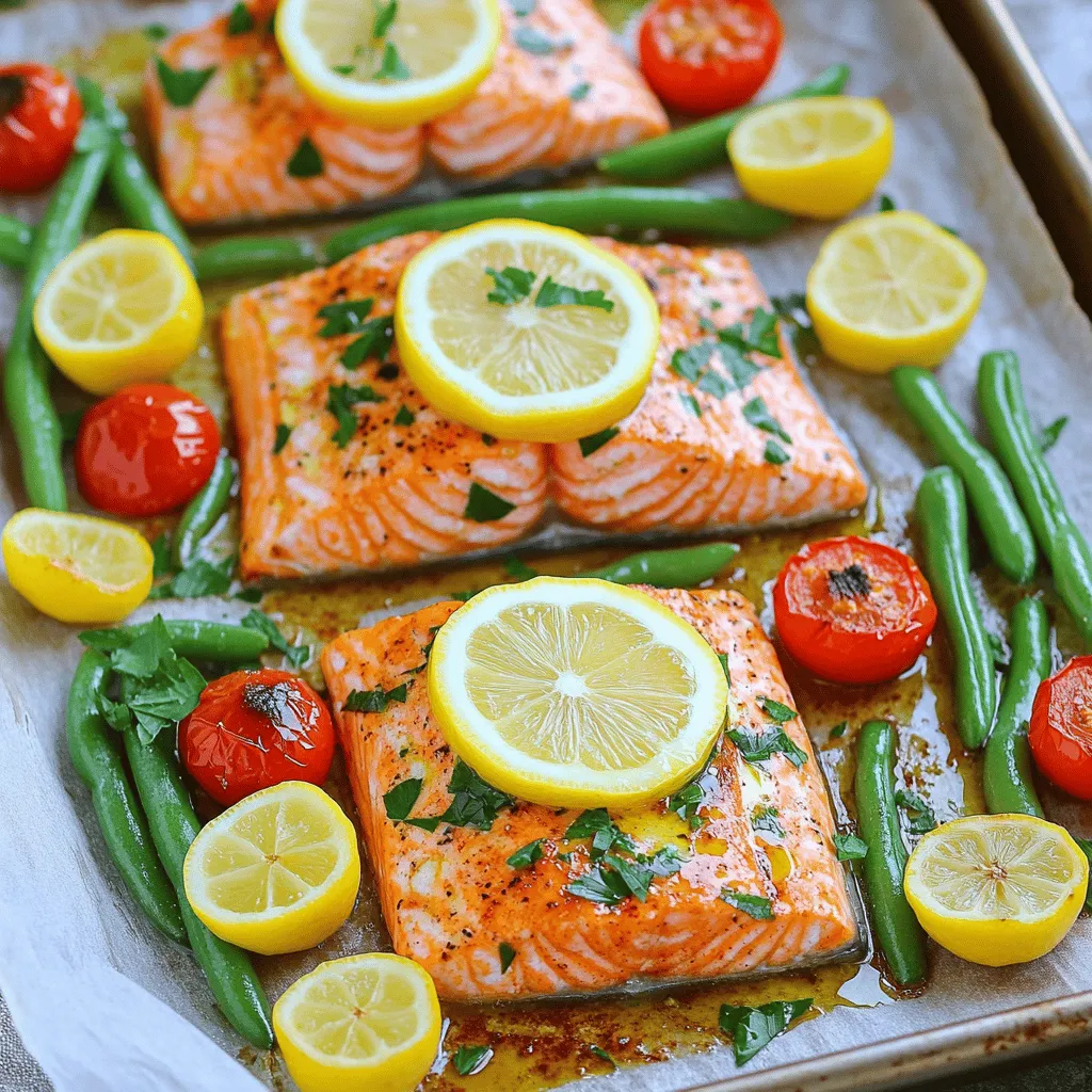 This sheet pan lemon garlic salmon recipe brings bright flavors to your dinner table. It combines salmon, fresh veggies, and a simple marinade. The best part? Everything cooks in one pan! - 4 salmon fillets (approximately 6 oz each) - 4 tablespoons extra virgin olive oil - 4 cloves garlic, finely minced - 2 lemons (1 sliced into thin rounds, 1 juiced) - 1 teaspoon dried oregano - 1 teaspoon smoked paprika - Salt and freshly ground black pepper to taste - 1 cup cherry tomatoes, halved - 1 cup fresh green beans, washed and trimmed - Fresh parsley, finely chopped (for garnish) To make this dish, you need a few simple tools: - A large baking sheet - Parchment paper - A small mixing bowl - A whisk or fork - A brush for the marinade - A sharp knife for slicing These tools will help you create a meal that tastes great and looks lovely. You’ll want to have everything ready before you start cooking. To start, I mix the marinade. In a small bowl, I combine 4 tablespoons of olive oil and 4 minced garlic cloves. Then, I squeeze the juice of one lemon into the bowl. I also add 1 teaspoon of oregano and 1 teaspoon of smoked paprika. Finally, I sprinkle in some salt and black pepper. I whisk this mixture until it blends well. This marinade adds a bright flavor to the salmon. Next, I prepare the baking sheet. I line it with parchment paper for easy cleanup. Then, I place 4 salmon fillets on one side of the sheet. I use a brush to coat the top of each fillet with the marinade. On the other side, I add 1 cup of halved cherry tomatoes and 1 cup of trimmed green beans. I drizzle the leftover marinade over the veggies and toss them gently. This helps each piece soak up the flavors. I finish by topping the salmon with lemon slices. Now, it’s time to bake. I preheat my oven to 400°F (200°C). Once it’s hot, I carefully place the baking sheet inside. I bake for about 15 to 18 minutes. The salmon should look opaque and flake easily with a fork. The veggies will be tender but still crisp. After baking, I take the sheet out and let it rest for a few minutes. This resting time helps the flavors come together. I garnish with chopped parsley and serve hot. For the full recipe, check above! The best cooking time for salmon is about 15 to 18 minutes at 400°F (200°C). Salmon is done when it turns opaque and flakes easily with a fork. If your fillets are thicker, you might need an extra few minutes. Always check your salmon to avoid overcooking. When selecting salmon, look for bright, moist fillets. The flesh should be firm and spring back when pressed. Avoid any fish with a strong fishy smell or dull color. Fresh salmon also has clear eyes and shiny skin. Ask your fishmonger for the day’s catch to ensure quality. You can boost the flavor of your lemon garlic salmon by adding fresh herbs. Try dill or thyme for a fresh twist. Basil also works well if you want a sweeter flavor. Simply sprinkle your chosen herbs on the salmon before baking for added aroma and taste. This can elevate your dish to new heights! For the full recipe, check out the entire guide on making this tasty dish. {{image_4}} If you can't find salmon, try other fish. Cod, trout, or tilapia work well. Each fish has a unique flavor, but they all pair nicely with lemon and garlic. You can also use chicken breast for a different twist. Just adjust the cooking time; chicken needs about 25-30 minutes to cook through. For a vegetarian side, swap green beans with broccoli or asparagus. Both add great texture and nutrients. You could also roast bell peppers or zucchini. They soak up the lemon and garlic flavor too! Serve with a side of quinoa or couscous for a heartier meal. To spice things up, add red pepper flakes to the marinade. This will give your dish a warm kick. If you prefer herbs, try fresh basil or thyme instead of oregano. Both add fresh notes that brighten the dish. Mix and match these ideas to create your perfect plate! For the full recipe, check here: [Full Recipe]. To keep your leftover salmon, place it in an airtight container. Make sure to cool it first. Store it in the fridge for up to three days. If you have leftover vegetables, store them in a separate container. They will also stay fresh in the fridge for the same time. When you want to reheat your salmon, the oven is best. Set it to 350°F (175°C). Place the salmon on a baking sheet and cover it with foil. Heat for about 10 minutes. This way, the salmon stays moist. You can also reheat the vegetables in the microwave for about one minute. Stir them halfway to heat evenly. If you want to freeze leftovers, wrap them tightly in plastic wrap or foil. Place them in a freezer-safe bag. You can freeze salmon for up to three months. The vegetables can also be frozen but may lose some crispness. When ready to eat, thaw them overnight in the fridge before reheating. This method keeps the best taste and texture. Enjoy your meal anytime! Cooking salmon in the oven usually takes 15 to 18 minutes. The time may change based on the thickness of the fillet. A good rule is to cook it for about 4 to 6 minutes per half-inch of thickness. When done, the salmon should look opaque and flake easily with a fork. This method keeps the fish juicy and full of flavor. Yes, you can use frozen salmon. Just make sure to thaw it first. The best way to thaw salmon is in the fridge overnight. If you're in a hurry, you can run it under cold water for about an hour. After thawing, pat it dry before marinating. This helps the flavors stick better. Lemon garlic salmon pairs well with many sides. Here are some ideas: - Rice: Fluffy white rice or wild rice complements the dish well. - Quinoa: This grain adds a nice nutty flavor and texture. - Roasted Vegetables: Carrots, broccoli, or zucchini work great. - Salad: A fresh green salad adds crunch and brightness. - Potatoes: Mashed or roasted potatoes are always a hit. For more ideas and the full recipe, check out the complete details in the article! This blog post covered everything you need for a delicious lemon garlic salmon meal. We explored key ingredients, essential tools, and clear steps to make cooking easy. You learned tips for perfect cooking times, how to choose fresh salmon, and ways to add extra flavor. We even discussed substitutes, vegetarian sides, and how to store leftovers. Cooking can be simple and fun. Now, you have the knowledge to create a tasty dish anytime.