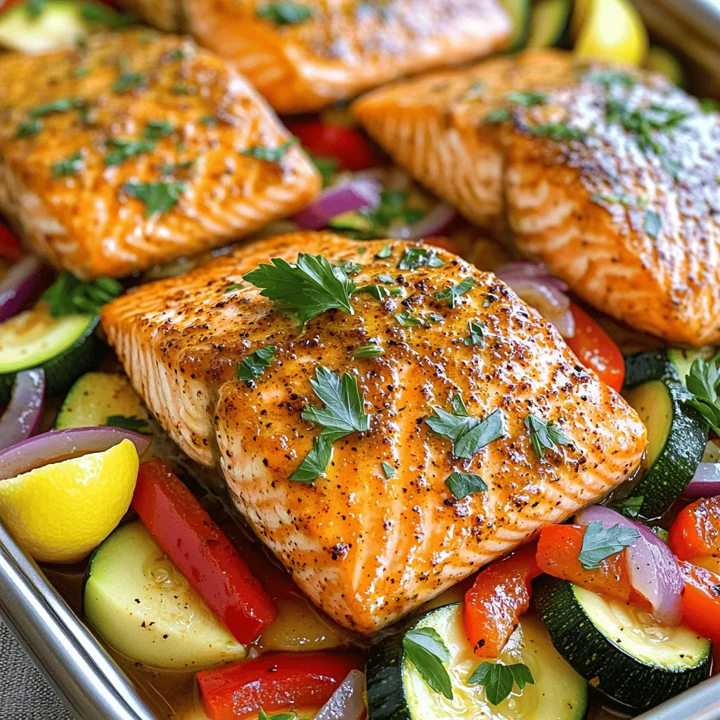 - 4 salmon fillets (approximately 6 oz each) - 2 tablespoons Cajun seasoning - 2 tablespoons olive oil - 1 tablespoon fresh lemon juice - 1 teaspoon garlic powder - 1 vibrant red bell pepper, sliced into thin strips - 1 medium zucchini, sliced into rounds - 1 small red onion, sliced into half-moons - Fresh parsley, chopped, for garnish - Lemon wedges, for serving When preparing Baked Cajun Salmon, you need to gather fresh ingredients. Start with salmon fillets, which provide a rich and tasty base. The Cajun seasoning gives the dish its signature kick. I often choose a blend that includes paprika, cayenne, and garlic for the best flavor. Next, I like to add olive oil. It helps the seasoning stick and keeps the salmon moist. Fresh lemon juice brightens the dish and adds a tangy touch. Garlic powder enhances the savory notes. For vegetables, I prefer a mix of red bell pepper, zucchini, and red onion. They roast beautifully alongside the salmon. Their colors make the dish pop. For finishing touches, I sprinkle fresh parsley on top. It adds a vibrant green color. Lemon wedges are a must for serving. A squeeze of lemon elevates the flavors. You can find the full recipe with detailed steps and notes for perfecting this dish. First, preheat your oven to 400°F (200°C). This high heat will help the salmon cook evenly and quickly. Next, prepare the marinade. In a small bowl, mix together the Cajun seasoning, olive oil, lemon juice, garlic powder, salt, and pepper. This blend will add a great kick to your salmon. Now, let's marinate the salmon. Place the salmon fillets in a shallow dish. Make sure they fit snugly without overlapping. Pour the marinade over the salmon. Use a spoon or brush to coat each fillet evenly. Let the salmon soak in the flavors for about 15 minutes. This soaking time is key; it helps the fish absorb all those tasty spices. While the salmon marinates, prepare your vegetables. In a separate bowl, combine the sliced red bell pepper, zucchini, and red onion. Drizzle with olive oil and add salt and pepper. Toss the veggies until they are well coated. Next, line a baking sheet with parchment paper or grease it lightly. Arrange the marinated salmon in the center of the baking sheet. Surround it with the seasoned vegetables. Spread the veggies out to ensure even cooking. It’s time to bake! Place the baking sheet in the preheated oven. Bake for 15-20 minutes. You’ll know the salmon is done when it looks opaque and flakes easily with a fork. For safety, the salmon should reach an internal temperature of 145°F (63°C). Once done, remove the baking sheet from the oven. Your Baked Cajun Salmon is ready to impress. Don't forget to check the full recipe for more details! Marinating the salmon is key. Let it soak for at least 15 minutes. This short time allows the flavors to blend well. Use two tablespoons of Cajun seasoning. This amount gives a nice kick without being too spicy. Adjust salt and pepper to your taste. Too much salt can overpower the dish, so be careful. For easy cleanup, use foil or parchment paper on your baking sheet. This keeps the salmon from sticking and makes washing up a breeze. To avoid overcooking the salmon, check it at 15 minutes. It should be opaque and flake easily with a fork. If you leave it too long, the fish can dry out. Plating your dish can make it more appealing. Serve the salmon on a bed of the roasted veggies. This adds color and makes the dish look fancy. You can also sprinkle fresh parsley on top for a pop of green. Add lemon wedges around the plate for a bright touch. This adds flavor and looks great! For the full recipe, check here. {{image_4}} You can change the flavor of your Baked Cajun Salmon with different spice blends. Try a smoky paprika mix for a different kick. You can also use Creole seasoning if you want a milder taste. If you are adventurous, blend spices like cayenne, thyme, and oregano to make your own Cajun seasoning. Just mix equal parts of each to create a unique blend. If you don’t have bell peppers, zucchini, or onions, don’t worry! You can swap them for other veggies. Broccoli, asparagus, or even cherry tomatoes work well. Adding more veggies boosts the nutrition and flavor of your dish. Always aim for a colorful mix on your plate. This makes your meal not only tasty but also visually appealing. You can grill or bake your salmon, each method has its perks. Grilling gives a smoky taste and crispy edges. Baking, on the other hand, keeps the salmon juicy and tender. If you want a hands-off option, try a slow cooker. Just place your marinated salmon in the slow cooker and set it on low for about 2-3 hours. You still get that rich Cajun flavor without much fuss. For the full recipe, check out the recipe section. To store baked salmon, let it cool first. Wrap each fillet tightly in plastic wrap or foil. Place it in an airtight container. This keeps the salmon moist and fresh. Baked salmon lasts in the fridge for 3 to 4 days. If you want to keep it longer, consider freezing. When reheating salmon, do it gently. Use the oven or a skillet for best results. Preheat the oven to 275°F (135°C). Place the salmon on a baking sheet. Heat for about 15 minutes or until warm. In a skillet, add a splash of water and cover. This helps to keep the fish moist. The safe temperature for reheating cooked salmon is 145°F (63°C). Use a food thermometer to check. To freeze baked salmon, wrap each piece in plastic wrap. Then, place it in a freezer bag. Remove as much air as you can. This prevents freezer burn. Salmon can stay in the freezer for up to 3 months. When you’re ready to eat it, thaw it in the fridge overnight. Reheat it using the same tips mentioned above. Enjoy your delicious meal! For the full recipe, check out the link. Cajun seasoning blends several spices. It usually includes paprika, cayenne, garlic powder, and onion powder. Some mixes add thyme and oregano. Each spice adds depth and heat to your dish. You can buy it pre-made or mix your own at home. Yes, you can. If you prefer white fish, try tilapia or cod. You can also use trout for a richer flavor. These fish cook well and absorb the Cajun spices nicely. Just adjust cooking times for thinner fillets. Try pairing your salmon with rice or quinoa. Both add a nice base for the dish. Roasted vegetables like asparagus or broccoli also work great. A fresh salad with lemon dressing can brighten up the meal too. The best way is to check the temperature. Salmon should reach 145°F (63°C). It should also look opaque and flake easily with a fork. If it’s still pink in the middle, give it a bit more time. Baked Cajun salmon is a simple and tasty meal. Using just a few key ingredients, you can create a flavorful dish. Remember to marinate your salmon and choose fresh veggies to boost health. With tips for tasty seasoning and easy cleanup, you’ll impress anyone with your cooking. Try different spices and veggies for fun variations. Enjoy leftovers in many ways, and always check for proper cooking. Follow these steps, and you'll serve up a winning dish every time!