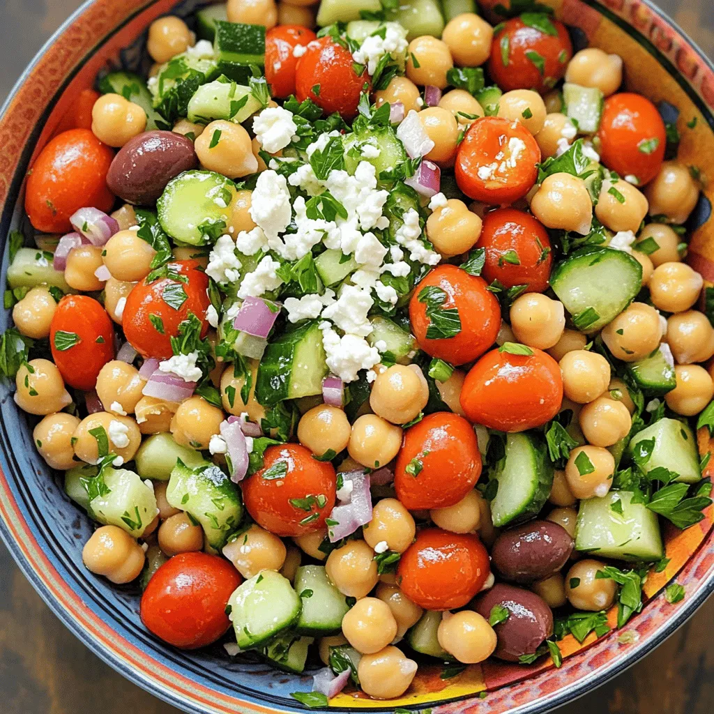 This Mediterranean Chickpea Salad is a feast for the eyes and taste buds. Here’s what you need to make this fresh and bright dish: - 2 cups canned chickpeas, thoroughly rinsed and drained - 1 cup cherry tomatoes, elegantly halved - 1 cucumber, neatly diced - 1/2 red onion, finely chopped for a mild bite - 1/2 cup Kalamata olives, pitted and halved to bring a briny contrast - 1/4 cup feta cheese, crumbled to add creaminess - 1/4 cup fresh parsley, roughly chopped for a burst of color - 3 tablespoons high-quality olive oil for richness - 2 tablespoons red wine vinegar or fresh lemon juice - 1 teaspoon dried oregano to enhance the herbaceous flavor - Salt and pepper to taste Each ingredient adds its own charm to the salad. The chickpeas are the star, full of protein and fiber. Cherry tomatoes bring sweetness and bright color. Cucumber offers a cool crunch, while red onion adds a nice bite. Kalamata olives give a salty twist, and feta cheese provides creamy goodness. Fresh parsley not only adds color but also freshness. Olive oil and vinegar or lemon juice create a smooth dressing. Dried oregano adds a subtle earthy note. Finally, salt and pepper round out the flavor. You can find the full recipe [here](#). Enjoy crafting this delicious salad! - Combine chickpeas, tomatoes, cucumber, and onion in a mixing bowl. - Fold in Kalamata olives and crumbled feta cheese. - Whisk dressing ingredients in a small bowl. To start, I love using canned chickpeas. They are quick and easy. Rinse them well to remove excess salt. Next, add in bright cherry tomatoes, diced cucumber, and finely chopped red onion. This mix gives the salad a fresh look. Now, gently fold in the Kalamata olives. Their briny taste adds depth. Then, sprinkle crumbled feta cheese on top for a creamy touch. This will make the salad rich and flavorful. In a small bowl, whisk olive oil, red wine vinegar, or lemon juice together. Add dried oregano, salt, and pepper. This dressing brings all the flavors together. - Drizzle dressing over the chickpea mixture. - Gently fold ingredients to coat evenly. - Incorporate fresh parsley and let rest before serving. Once you have your dressing ready, drizzle it over the chickpea mix. Use a gentle folding motion. You want to coat everything evenly without squishing the chickpeas. Now, add the roughly chopped fresh parsley. It adds color and freshness. Let the salad sit for about 10–15 minutes. This allows the flavors to blend beautifully. You can find the full recipe at the top of this section. Enjoy your delicious Mediterranean Chickpea Salad! - Serve your salad in a bright, colorful bowl. This makes it eye-catching. - Garnish with whole olives and fresh parsley. This adds a nice touch. - Add spices like cumin or smoked paprika for extra depth. - Fresh herbs like basil or mint can also brighten the flavor. - Serve the salad chilled or at room temperature for the best taste. When you allow the salad to sit, the flavors blend well. This simple tip makes a big difference. Mixing it up right before serving can also keep it fresh. Enjoy experimenting with these ideas! {{image_4}} You can make this salad dairy-free or vegan easily. Skip the feta cheese and use avocado for creaminess. You can also add more veggies like bell peppers or spinach. If you like, replace chickpeas with black beans or lentils. This adds a new twist to the salad while keeping it healthy. Try different dressings to shake things up. A tahini-based dressing gives a nutty taste. You can also mix balsamic vinegar with olive oil for a sweet twist. If you prefer heat, add a pinch of red pepper flakes. Adjust the flavors to match what you like. This salad is flexible and fun to personalize. Don't forget to check out the Full Recipe for more ideas! To keep your Mediterranean Chickpea Salad fresh, store leftovers in a tight container. This helps keep out air and light, which can spoil the salad. Place the salad in the fridge right after serving. It will stay fresh for about 3 days. The flavors will deepen over time, making it even tastier! You can freeze this salad, but it’s best to leave out the feta and fresh parsley. These ingredients do not freeze well. Pack the salad in a freezer-safe container. When you want to eat it, thaw it in the fridge overnight. Serve it cold or at room temperature. If you want, add fresh toppings right before serving for a bright touch. To make this salad vegan, simply skip the feta cheese. You can add more veggies or use avocado for creaminess. Nutritional yeast can also add a cheesy flavor without dairy. Yes, you can prepare this salad a few hours ahead. Just keep it in the fridge until you are ready to serve. The flavors will blend nicely over time. Chickpeas are high in protein and fiber. They help keep you full and support digestion. They also contain vitamins and minerals like iron and magnesium, which are great for overall health. To keep the salad fresh, store it in an airtight container in the fridge. It can last for 3 to 5 days. If you add dressing, do this right before serving to maintain crispness. For the full recipe, check out Mediterranean Chickpea Delight. This blog post provided a simple and tasty Mediterranean Chickpea Salad recipe. You learned about fresh ingredients, step-by-step instructions, and helpful tips for serving. We discussed variations to fit your preferences and how to store this salad for best freshness. In closing, this salad is quick to make and healthy to eat. Enjoy customizing it to your taste. It’s a delicious way to add more veggies and legumes to your meals.