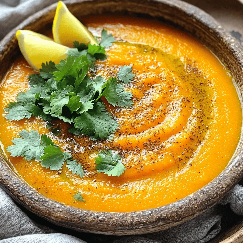 - 1 lb (450g) carrots: Peeled and chopped into 1-inch pieces for easy cooking. - 1 medium onion: Finely chopped to add sweetness and depth to the soup. - 2 cloves garlic: Minced to create a rich, aromatic base. - 1 tablespoon fresh ginger: Grated for a warm, spicy kick. - 1 teaspoon ground cumin: Adds earthy warmth and depth of flavor. - 1 teaspoon ground coriander: Brings a light, citrusy taste. - 1/2 teaspoon ground cinnamon: Introduces a warm, sweet note. - 1/4 teaspoon cayenne pepper: Adjust based on your heat preference for a spicy touch. - 4 cups vegetable broth: Homemade or store-bought for a rich, savory base. - 1 can (14 oz) full-fat coconut milk: Adds creaminess and richness. - 2 tablespoons extra virgin olive oil: For sautéing and a hint of flavor. - Salt and black pepper: To taste, enhancing all the flavors. - Fresh cilantro or parsley: For garnish, adding a fresh finish. - Lemon wedges: For serving, providing a zesty contrast. When sourcing these ingredients, choose fresh and organic options whenever possible. Fresh carrots should feel firm and vibrant in color. Look for onions and garlic that are dry and free from blemishes. High-quality spices can make a big difference in flavor, so consider buying from a reputable spice shop. For the coconut milk, choose full-fat for the best creaminess. Enjoy this soup with hearty bread for a complete meal. You can find the Full Recipe for more details. To make Moroccan spiced carrot soup, start by preparing your ingredients. You need 1 pound of carrots, 1 onion, garlic, and ginger. First, heat 2 tablespoons of olive oil in a large pot over medium heat. When the oil glistens, add the chopped onion. Cook for about 5 minutes until the onion becomes soft and clear. Next, add 2 minced garlic cloves and 1 tablespoon of grated ginger. Stir for 1 minute until it smells great. Then, add the spices: 1 teaspoon of cumin, 1 teaspoon of coriander, 1/2 teaspoon of cinnamon, and 1/4 teaspoon of cayenne pepper. Mix these spices with the onion for 1 more minute. Now, it’s time to add the chopped carrots. Stir them in until they are well-coated with the spices. Pour in 4 cups of vegetable broth, then bring the soup to a boil. Once boiling, turn down the heat, cover the pot, and let it simmer for 20-25 minutes. The carrots should be fork-tender when done. After the carrots soften, it’s blending time! If you have an immersion blender, use it right in the pot. Blend until the soup is smooth. If you don’t have one, carefully pour the soup into a countertop blender in batches. Blend each batch until smooth and return it to the pot. Once blended, add 1 can of full-fat coconut milk. Mix well to combine. Season your soup with salt and black pepper to taste. If you want it warm, heat it gently on low. Avoid boiling after adding the coconut milk. Now your soup is ready! You can serve it hot with a sprinkle of fresh cilantro or parsley. A squeeze of lemon adds a nice touch. Enjoy your flavorful Moroccan spiced carrot soup! For more details, refer to the Full Recipe. To enhance the flavor of your Moroccan spiced carrot soup, use fresh spices. Fresh spices give a brighter taste. Toast them in oil for a minute. This brings out their rich flavors. Avoid overcooking the carrots. They should be tender but not mushy. Keep an eye on the cooking time. Blend the soup until it is smooth. If you leave chunks, the texture will not be nice. Pair your soup with warm, crusty bread. The bread is perfect for dipping. You can also serve it with a fresh salad. This adds crunch and freshness to your meal. For a beautiful presentation, swirl some coconut milk on top. Add a sprig of cilantro in the center. This makes each bowl look inviting. Serve with lemon wedges on the side. A squeeze of lemon adds a bright, zesty flavor to each bite. You can find the full recipe linked above. Enjoy creating your delicious soup! {{image_4}} You can easily make this soup your own! Try using sweet potatoes or butternut squash instead of carrots. They add a nice sweetness. If you want to spice things up, add a pinch of smoked paprika or turmeric. For dietary needs, this soup is naturally vegan and gluten-free. If you want to add protein, toss in some cooked lentils or chickpeas. They blend well and boost nutrition without changing the flavor. There are many fun ways to serve this soup! You can serve it as a starter in small bowls. It also pairs well with crusty bread for dipping. For a twist, try serving it cold on hot days. Just chill it in the fridge before serving. Seasonal variations can add excitement. In fall, sprinkle roasted pumpkin seeds on top. In spring, add fresh herbs like mint or basil. These changes keep the soup fresh and exciting every season! For the full recipe, check out the Moroccan Spiced Carrot Soup 🥕 section. To keep your Moroccan spiced carrot soup fresh, follow these steps: - Cool the soup: Let it cool to room temperature before storing. - Refrigerate: Place the soup in an airtight container. It stays good in the fridge for about 3 to 4 days. - Freeze: For long-term storage, pour the soup into freezer-safe containers. It can last for up to 3 months in the freezer. Always label your containers with the date. This helps you keep track of how long the soup has been stored. When it's time to enjoy your soup again, here are some tips: - Stovetop method: Pour the soup into a pot. Heat over medium-low heat. Stir often to avoid sticking. This method keeps the texture nice and creamy. - Microwave method: If you use a microwave, transfer the soup to a microwave-safe bowl. Heat on medium power in short bursts. Stir between heating to ensure even warmth. Avoid boiling the soup after adding coconut milk. This helps keep the rich flavor intact. Enjoy your warm, comforting soup! Moroccan spiced carrot soup stays fresh for about 5 days in the fridge. Make sure to store it in an airtight container. This helps keep the flavors intact. If you see any signs of spoilage, like off smells or mold, discard it. Always trust your senses when it comes to food safety. Yes, you can make this soup ahead of time. In fact, it tastes even better after resting. Making it in advance allows the flavors to meld and deepen. After cooling, store it in the fridge. To reheat, gently warm it on the stove. Avoid boiling after adding coconut milk to keep it creamy. This soup is packed with health benefits. Carrots are rich in beta-carotene, which is good for your eyes. The spices like ginger and cumin have anti-inflammatory properties. Coconut milk provides healthy fats that support heart health. Plus, the soup is low in calories, making it a great choice for a light meal. Enjoy this nourishing dish while reaping its many benefits. For the full recipe, check out the link. This blog post provides you with a complete guide for making Moroccan Spiced Carrot Soup. We covered the ingredients, cooking steps, blending techniques, and final touches for the best flavor. You learned about tips for serving and storing leftovers, along with variations to suit your taste. Remember, the key to great soup is fresh ingredients and care in preparation. Enjoy making this dish, and feel free to get creative with flavors and textures. Delicious meals bring joy, so have fun in the kitchen!