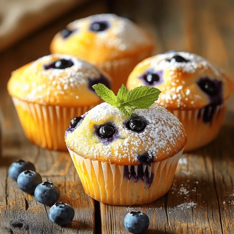 To make classic blueberry muffins, you will need: - 1 ½ cups all-purpose flour - ½ cup granulated sugar - ½ teaspoon baking powder - ½ teaspoon baking soda - ¼ teaspoon sea salt - 1 large egg - ½ cup unsalted butter, melted and cooled - 1 teaspoon pure vanilla extract - ½ cup buttermilk (or milk with 1 teaspoon vinegar) - 1 ½ cups fresh blueberries (or frozen, do not thaw) You can swap ingredients if needed. For the flour, use whole wheat flour for a healthier option. If you want less sugar, try using honey or maple syrup. For a dairy-free version, use almond milk instead of buttermilk. You can replace butter with coconut oil for a different taste. Just melt it like you would the butter. When picking blueberries, look for plump, firm berries. The color should be deep blue with a light white bloom on it. Avoid berries that are soft or have green spots. Fresh blueberries should smell sweet and fragrant. If you buy them from a store, check the bottom of the container for any signs of mold. Enjoy the fresh taste of blueberries for your muffins! First, preheat your oven to 375°F (190°C). This step is key for fluffy muffins. While the oven heats, prepare your muffin pan. You can line it with paper liners or spray it with a non-stick cooking spray. This helps the muffins come out easily after baking. In a medium bowl, mix your dry ingredients. Combine 1 ½ cups of all-purpose flour, ½ cup of granulated sugar, ½ teaspoon of baking powder, ½ teaspoon of baking soda, and ¼ teaspoon of sea salt. Use a whisk to blend them well. In another bowl, crack 1 large egg and stir it gently. Then, add ½ cup of melted and cooled unsalted butter, 1 teaspoon of pure vanilla extract, and ½ cup of buttermilk. Whisk until it is smooth and combined. Now, it’s time to combine the two mixtures. Slowly pour the wet mixture into the dry one. Use a spatula to fold them together gently. Mix until just combined. It’s okay if there are some lumps. Then, carefully fold in 1 ½ cups of fresh blueberries. Make sure to spread them evenly throughout the batter. Avoid breaking the berries to keep them whole. Next, divide the batter into your muffin cups. Fill each cup about ¾ full, giving the muffins room to rise. Place the muffin pan in the preheated oven and bake for 18-20 minutes. To check if they are done, insert a toothpick into the center of a muffin. It should come out clean or with a few moist crumbs. Once baked, let the muffins cool in the pan for about 5 minutes. After that, transfer them to a wire rack to cool completely. Enjoy your classic blueberry muffins! For the full recipe, refer to the earlier details. When making blueberry muffins, some errors can ruin your batch. Here are the top mistakes: - Overmixing the batter: This makes muffins dense. Mix just until combined. - Using cold ingredients: Cold butter or milk can lead to uneven baking. Use room-temperature items. - Not measuring flour correctly: Scoop and level flour for accuracy. Too much flour leads to dry muffins. - Skipping the cooling step: Let muffins cool in the pan for 5 minutes. This helps set their shape. Fluffy muffins are a delight. Here’s how to get that perfect texture: - Use fresh baking powder and soda: Old leavening agents won’t make muffins rise. - Fold in blueberries gently: This keeps the air in the batter. Breaks can lead to dense muffins. - Don’t pack flour: Lightly spoon flour into your measuring cup. This keeps the muffins light. Texture is key to a great muffin. Here are my tips for perfecting it: - Add buttermilk: It gives moisture and a tender crumb. If you don't have it, mix regular milk with vinegar. - Use melted butter: This adds rich flavor and keeps muffins moist. - Incorporate flavor: A touch of lemon zest brightens the taste and adds a nice zing. For the full recipe, you can refer back to the main section! {{image_4}} You can easily make these blueberry muffins healthier. Replace some all-purpose flour with whole wheat flour. This swap adds fiber and nutrients. You can also cut the sugar by using honey or maple syrup. These natural sweeteners add flavor without all the processed sugar. To boost the taste, consider adding lemon zest. A teaspoon of zest brightens the muffins and pairs well with blueberries. You can also mix in nuts, like walnuts or pecans. Nuts add crunch and protein, making your muffins even more satisfying. You can switch blueberries for other berries. Raspberries offer a tart flavor, while strawberries add sweetness. Just remember to adjust the amount to match the size of the berries. This lets you enjoy a new muffin each time you bake. For a mixed berry treat, try combining all three types. It’s colorful and delicious! For the full recipe, check out the Deliciously Classic Blueberry Muffins section. To keep your blueberry muffins fresh, store them in an airtight container. This helps them stay soft and moist. Place a paper towel at the bottom of the container to absorb any extra moisture. You can also add a layer of paper towel on top of the muffins before sealing the lid. This keeps them from getting soggy. Store them at room temperature for up to 2 days. For longer storage, refrigeration can dry them out, so it’s best to avoid that. Freezing muffins is easy and keeps them fresh for a longer time. Start by cooling the muffins completely. Next, wrap each muffin tightly in plastic wrap. Then, place them in a freezer bag or an airtight container. Make sure to remove as much air as possible to prevent freezer burn. You can freeze them for up to 3 months. When you’re ready to eat them, just take out the muffins and let them thaw at room temperature. To enjoy your muffins warm, you can reheat them in the oven or microwave. For the oven, preheat it to 350°F (175°C). Place the muffins on a baking sheet and heat for about 5-10 minutes. This will keep them soft and fluffy. If you use a microwave, heat each muffin for about 15-20 seconds. Be careful not to overheat, as this can make them tough. Enjoy them warm for the best taste! For the full recipe, check out the details above. You can make these muffins gluten-free by using a gluten-free flour blend. Look for blends that include xanthan gum. Replace the all-purpose flour with this blend in the same amount. The muffins will still taste great! Yes, you can use frozen blueberries! Just add them directly to the batter without thawing. This keeps the muffins moist and prevents them from turning purple. Frozen blueberries work well and are convenient. Baking powder contains both an acid and a base. It needs moisture to activate. Baking soda is a base that requires an acid to work. If a recipe calls for one, you cannot swap them directly without adjustments. These muffins stay fresh for about 2-3 days at room temperature. Store them in an airtight container. If you want them to last longer, freeze them. They can last up to 3 months in the freezer. For best taste, reheat them before serving. We covered all the key steps for making the best blueberry muffins. From selecting fresh blueberries to storing muffins for later, you now have the tools to succeed. Avoid common mistakes for fluffy muffins, and experiment with tasty variations. Remember, baking is about fun and trying new things. With practice, you'll create perfect muffins every time. Enjoy your baking adventure!