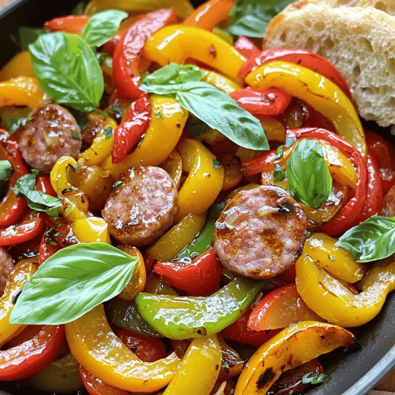 - 4 Italian sausages (choose mild or spicy based on your preference) - 1 red bell pepper, sliced into thin strips - 1 yellow bell pepper, sliced into thin strips - 1 green bell pepper, sliced into thin strips - 1 medium onion (preferably red or yellow), thinly sliced - 3 cloves garlic, finely minced - 2 tablespoons olive oil, divided - 1 tablespoon balsamic vinegar - Salt and pepper, to taste - Fresh basil leaves for garnish - Optional: Crusty bread or hoagie rolls for serving - You can swap Italian sausage for chicken or turkey sausage if you prefer. - For a vegetarian option, consider using plant-based sausage. - Try adding other vegetables like zucchini, mushrooms, or spinach for variety. - Each serving has about 400 calories, depending on the sausage type. - The dish offers around 20g of protein, 25g of fat, and 30g of carbs. - It can fit gluten-free diets if you use gluten-free bread or none at all. - Low-carb diets can enjoy this dish as a flavorful option without the bread. To cook the sausages, start by heating a large skillet over medium heat. Add 1 tablespoon of olive oil. When the oil is hot, carefully place the Italian sausages in the skillet. Cook them for about 6-7 minutes on each side. Look for a nice brown color. Use a meat thermometer to check the internal temperature. It should be at least 160°F (70°C) for safety. After cooking, remove the sausages from the skillet and let them rest. Slice them into bite-sized pieces. Next, it's time to sauté the vegetables. In the same skillet, add the second tablespoon of olive oil. Toss in the sliced onion, red bell pepper, yellow bell pepper, and green bell pepper. Cook these over medium heat for about 5-7 minutes. Stir them occasionally. You want them to be tender but still a bit crisp. This texture makes the dish more enjoyable. Add the minced garlic to the pan after the vegetables soften. Cook for one more minute. Make sure the garlic gets fragrant but does not burn. Now, let’s combine everything. Lower the heat to low and add the sliced sausage back into the skillet. Drizzle the balsamic vinegar over the mixture. Toss everything together well. This helps the flavors mix. Continue cooking for another 2-3 minutes. Taste your dish and adjust the seasoning with salt and pepper as needed. You want each bite to burst with flavor. Enjoy the full recipe details for even more cooking tips! To cook sausages evenly, start with a preheated skillet. This helps the sausages brown nicely. Cook them on medium heat for 6-7 minutes on each side. Use a meat thermometer to check for an internal temperature of 160°F (70°C). This ensures they are safe to eat. To keep vegetables from overcooking, cut them into similar sizes. Thin strips work best for bell peppers and onions. Sauté them on medium heat for about 5-7 minutes. Stir occasionally to check their doneness. The veggies should be tender but still crisp. For serving, you can use hoagie rolls. Spoon the sausage and pepper mix into the rolls for a tasty sandwich. If you prefer, serve it alongside crusty bread. This adds a nice crunch to each bite. Pair the dish with a fresh salad. A simple green salad with lemon vinaigrette works great. You can also serve it with roasted veggies or garlic bread for extra flavor. To boost the taste, consider adding spices. A pinch of dried oregano or thyme can elevate the dish. Fresh basil leaves also add a wonderful aroma when sprinkled on top. If you like heat, add crushed red pepper flakes. For a touch of sweetness, drizzle some honey or add sliced sweet peppers. These small changes can make a big difference in flavor. For the full recipe, check out the Italian Sausage & Rainbow Peppers Stir-Fry. {{image_4}} You can make Italian sausage and peppers in many ways. One option is to bake them in the oven. To do this, preheat your oven to 400°F (200°C). Place the sausages and peppers in a baking dish. Drizzle with olive oil and season with salt and pepper. Bake for about 25-30 minutes, turning halfway through. This method gives you juicy sausages with a nice roasted flavor. Grilling is another tasty option. Heat your grill to medium-high. Place the sausages on the grill and cook for about 6-7 minutes per side. You can grill the peppers in a basket or wrap them in foil. This method adds a smoky flavor that many people love. You can change the flavor by adding different spices or ingredients. For example, try adding some Italian herbs like oregano or thyme. You can also mix in some sun-dried tomatoes or olives for a Mediterranean twist. These additions can brighten your dish and make it unique. If you like heat, consider using hot peppers. You can add sliced jalapeños or crushed red pepper flakes. This will spice up your meal nicely. Just be careful not to add too much if you prefer milder flavors. Using seasonal vegetables can enhance your dish. In the summer, add zucchini or eggplant for more color and flavor. In the winter, consider using root vegetables like carrots or parsnips. They add sweetness and heartiness to your meal. Adjusting your recipe based on the season also helps. For warm weather, serve your sausage and peppers in a light way. You can use crusty bread or hoagie rolls for easy eating. In cooler months, serve it with a warm side like mashed potatoes or polenta for comfort. For the full recipe, check out [Full Recipe]. To keep your Italian sausage and peppers fresh, refrigerate leftovers right away. Place the food in an airtight container. Glass or BPA-free plastic containers work best. Seal them well to avoid air exposure, which can spoil the meal quickly. If you want to save some for later, freezing is a great option. First, let the dish cool down completely. Then, transfer it to a freezer-safe container. You can also use heavy-duty freezer bags. Remove as much air as possible before sealing. When you’re ready to eat, thaw the dish overnight in the fridge. Reheat it in a skillet over low heat or in the microwave. Make sure it reaches a safe temperature of 165°F (74°C). In the fridge, your sausage and peppers will last about 3 to 4 days. Always check for signs of spoilage before eating. Look for any off smells, changes in texture, or discoloration. If it looks or smells bad, it's best to throw it away. Always trust your senses when it comes to food safety. The best type of sausage depends on your taste. I recommend using Italian sausage. You can choose between mild or spicy. Mild sausage gives a rich flavor without too much heat. Spicy sausage adds a nice kick to your dish. Both types work well with the sweet peppers and onions. Yes, you can make this dish ahead. Cook the sausage and vegetables as usual. Let them cool, then store in an airtight container. You can keep it in the fridge for up to three days. When you're ready to eat, just reheat it in a pan. This saves time on busy days! I love serving this dish with crusty bread or hoagie rolls. They soak up the tasty juices. You can also pair it with a fresh salad or roasted veggies. A nice glass of red wine complements the meal well. If you prefer something lighter, try sparkling water with lemon. Yes, this recipe is perfect for meal prep. You can easily make a large batch. Cook the sausage and veggies and divide them into containers. It stores well in the fridge or freezer. Just remember to label them. When you want a quick meal, grab a container and reheat! This blog post covered how to make a delicious dish with Italian sausage and peppers. We explored key ingredients, their substitutes, and nutritional info. I shared step-by-step cooking instructions, tips for perfect results, and variations to try. Remember, this dish is versatile and easy to adapt. You can make it your own with different flavors and cooking methods. Enjoy creating your version of this savory meal, and don’t forget to share it with friends and family!