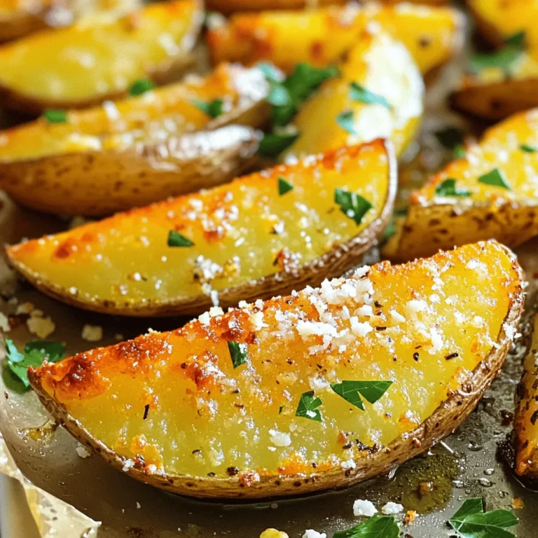 To make roasted garlic Parmesan potato wedges, you'll need some simple, fresh ingredients. Here’s what you’ll need: - 4 large russet potatoes, thoroughly scrubbed and cut into quarters - 4 tablespoons high-quality olive oil - 1 whole head of garlic - Spices and seasonings: garlic powder, onion powder, smoked paprika, oregano - Salt and pepper - ½ cup freshly grated Parmesan cheese - Fresh parsley for garnish Gather these items before you start. Using high-quality olive oil and fresh garlic makes a big difference in flavor. Russet potatoes work best for their texture. The spices add depth, while the Parmesan gives a rich, cheesy finish. You can adjust the salt and pepper to your taste. The fresh parsley at the end will not only add color but also a fresh taste. For the full recipe, check the details above. First, preheat your oven to 425°F (220°C). This temperature helps the wedges crisp up nicely. Next, let’s prepare the garlic for roasting. Take a whole head of garlic and slice off the top to reveal the cloves. Drizzle a little olive oil on the exposed cloves. Then, wrap the garlic tightly in aluminum foil. Place it in the oven for about 30 minutes. The garlic should be soft and golden when done. Once it cools, squeeze the roasted cloves into a bowl and mash them until smooth. Now it’s time to season the potatoes. In a large bowl, combine the quartered russet potatoes with 4 tablespoons of olive oil, the mashed roasted garlic, garlic powder, onion powder, smoked paprika, dried oregano, and a pinch of salt and pepper. Mix everything well. Make sure each potato wedge is evenly coated with the seasoning. This step is key for great flavor. Spread the seasoned potato wedges on a lined baking sheet. Arrange them in a single layer to help them become crispy. Bake for 30 to 35 minutes. Halfway through baking, flip the wedges for even cooking. In the last 5 minutes, sprinkle ½ cup of freshly grated Parmesan cheese over the wedges. This will add a cheesy, crispy finish. When done, the wedges should be golden and delicious. Enjoy your Roasted Garlic Parmesan Potato Wedges! If you want more details, check the Full Recipe. To get the best crunch, you must arrange the wedges in a single layer. If the wedges overlap, they will steam instead of crisp. This step is key for getting that golden brown texture you crave. Flipping the wedges halfway through baking also helps. It ensures that both sides get equal heat and become perfectly crispy. You can boost the flavor with some extra spices. Try adding chili flakes for heat. A squeeze of lemon juice adds brightness. You can also serve these wedges with a dip. A creamy garlic sauce or a tangy ranch goes well with them. These options will elevate your dish. One common mistake is overcrowding the baking sheet. If you pack the wedges too close, they won’t cook well. Another mistake is not letting the garlic cool before mashing. Hot garlic can become too runny and hard to mix. Allow it to cool for better results. You can find the full recipe for Roasted Garlic Parmesan Potato Wedges [here](#). {{image_4}} You can add chili flakes to the garlic Parmesan potato wedges for a spicy kick. Just sprinkle some on top before baking. This small change can bring a fun heat to the dish. If you like more spice, add more chili flakes. It’s a great way to wake up your taste buds. Instead of dried herbs, use fresh ones for a bright flavor. Chopped fresh rosemary or thyme can work wonders. They add a nice touch and make the dish feel special. You can toss them in with the potatoes to get all those lovely flavors. Fresh herbs can turn a simple recipe into something amazing. While Parmesan is delicious, you can try other cheeses too. Cheddar, feta, or even gouda can add unique flavors. For a creamy touch, sprinkle some mozzarella before the end of baking. Each cheese brings its own taste, making the potato wedges fun to explore. Try mixing different cheeses to find your favorite combo. For the full recipe, check the [Full Recipe]. To keep your potato wedges fresh, place them in an airtight container. This helps keep moisture out. Store them in the fridge for up to three days. When ready to eat, you can reheat them. For the best taste, reheat in the oven. Preheat your oven to 400°F (200°C). Spread the wedges out on a baking tray. Heat for about 10 to 15 minutes until hot and crispy again. You can also use an air fryer for a quicker option. Set it to 350°F (175°C) and heat for about 5 to 7 minutes. If you want to store potato wedges longer, freezing is a great choice. Allow the wedges to cool completely. Then, lay them out in a single layer on a baking sheet. Freeze them for about an hour. Once frozen, transfer them into a freezer bag. This helps prevent them from sticking together. To reheat, there’s no need to thaw. Preheat your oven to 425°F (220°C). Place the frozen wedges on a baking sheet. Bake for about 20 to 25 minutes until they are hot and crispy. Enjoy them just like the first time! For a faster method, use an air fryer at 375°F (190°C) for about 10 to 12 minutes. Yes, you can use different potatoes. Sweet potatoes work great, too. They add a nice sweetness. Yukon Gold potatoes are another option. They have a creamy texture and buttery flavor. Both types will give you tasty wedges. Just remember to adjust the cooking time. Sweet potatoes may cook a bit faster. To make these wedges vegan, swap out the Parmesan cheese. You can use nutritional yeast for a cheesy taste. Another option is to try vegan cheese. These substitutes will keep the flavor while making it plant-based. Don’t forget to check the labels for dairy-free options. These potato wedges pair well with many dishes. They shine next to grilled chicken or fish. You can also serve them with burgers for a fun twist. For dips, try a creamy ranch or a zesty aioli. Salsa or guacamole also works well. These options will elevate your meal and enhance the flavors. In this post, we explored how to make roasted garlic Parmesan potato wedges. We started with ingredients like russet potatoes and garlic. Then, I shared easy steps to prepare and bake them to perfection. You learned tips to avoid common mistakes and some tasty variations. These wedges are simple to make, and you can customize them. Enjoy these snacks as a side dish or on their own. Cooking can be fun, so try new flavors and enjoy your meal!