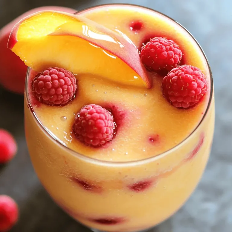 To make a Peach Melba Smoothie, you need some key ingredients. Here’s a quick look at what you’ll use: - 2 ripe peaches, pitted and finely diced - 1 cup fresh raspberries (frozen works too) - 1 ripe banana, sliced into rounds - 1 cup Greek yogurt for creaminess - 1 cup almond milk (or any milk you like) - 2 tablespoons honey or maple syrup (adjust for sweetness) - 1 teaspoon pure vanilla extract for flavor - Ice cubes (optional for a thicker texture) The peaches bring a sweet and juicy base. Raspberries add a tangy twist, while the banana makes it smooth. Greek yogurt gives it a rich creaminess, and almond milk keeps it light. You can use honey or maple syrup to sweeten it up, and vanilla extract enhances the flavor. If you want a colder drink, toss in some ice cubes. This mix provides a great balance of flavors and textures. Enjoy! For the Full Recipe, check the complete instructions and measurements laid out for you. First, wash your peaches and raspberries. Rinse them well under cold water. This step ensures that your smoothie is clean and fresh. If you choose frozen raspberries, you don’t need to thaw them. They will blend perfectly as they are. Next, slice the banana. Cut it into even rounds. This helps the banana blend smoothly with the other fruits. Aim for pieces about half an inch thick. This size ensures they mix well without any chunks. Now, let's layer the ingredients in the blender. Start with the diced peaches at the bottom. Next, add the raspberries and banana slices. This order helps the blender mix everything evenly. Pour in the Greek yogurt and almond milk on top of the fruit. Add honey or maple syrup and the vanilla extract last. This layering method makes blending easier and gives a creamy texture. Blend the mixture on high speed. Keep blending until it’s smooth and creamy. If you want a thicker smoothie, add ice cubes. Blend again and check the thickness. Add more ice if needed. After blending, taste your smoothie. If it needs more sweetness, add a bit more honey or syrup. Blend again to mix it well. Finally, pour the smoothie into pre-chilled glasses. This keeps the drink cool and refreshing. For a fun touch, garnish with whole raspberries and a peach slice on the rim. A drizzle of honey on top adds shine and sweetness. Enjoy this creamy and refreshing treat! To make a great Peach Melba smoothie, use fresh, ripe fruits. Fresh peaches and raspberries not only taste better but also blend well. If you can’t find ripe peaches, look for ones that are slightly soft to the touch. They should smell sweet and fruity. If you want a thicker smoothie, try adding alternatives like oats or chia seeds. They add texture and nutrition. You can also use frozen fruits, which help create a creamy base without ice. Garnishing your smoothie can make it look even more appealing. Place whole raspberries on top and add a slice of peach on the glass rim. A light drizzle of honey adds shine and sweetness. This simple touch elevates your drink’s appearance. Consider serving your Peach Melba smoothie in clear glasses. This allows the beautiful colors to shine through. For different occasions, like brunch or a picnic, use vibrant straws or fun cups. They make sipping even more enjoyable. If you have leftover smoothie, store it in an airtight container. The fridge keeps it fresh for up to two days. However, smoothies lose their texture over time. To enjoy it later, re-blend the smoothie. This helps mix it up again and restore its creamy texture. If it’s too thick after storage, add a splash of almond milk before blending. This keeps it delicious and refreshing. {{image_4}} You can change up your Peach Melba Smoothie by adding tropical fruits. Try adding mango or pineapple for a fun, new flavor. These fruits bring a sweet and zesty touch. For a complete tropical feel, substitute coconut yogurt for Greek yogurt. This swap adds a creamy texture and a hint of coconut flavor. Want a berry boost? Incorporate mixed berries like blueberries and strawberries. This adds color and a burst of flavor. You might need to adjust the sweetness based on the fruits you choose. Berries can vary in sweetness, so taste as you blend! For an extra nutrition kick, add protein powder or nut butter. This makes your smoothie more filling and great for breakfast. If you add these ingredients, you may need to adjust the liquid amount. More ingredients can thicken the smoothie, so add almond milk slowly until you reach your desired consistency. For the full recipe, check out the detailed section above. Yes, you can use frozen fruits. Frozen peaches and raspberries work great. They add a chill and thick texture. Using frozen fruit also means you can enjoy your smoothie any time of year. Frozen fruits often taste sweet and fresh. They are picked at their peak ripeness and flash-frozen. This helps preserve flavor and nutrients. To make your smoothie vegan-friendly, choose plant-based yogurt. Almond or coconut yogurt works well. For milk, use almond milk, coconut milk, or oat milk. These options keep your smoothie creamy. Instead of honey, use maple syrup or agave nectar for sweetness. This keeps it plant-based while still being delicious. Store your leftover smoothie in the fridge. Use an airtight container to keep it fresh. It usually stays good for 1-2 days. If you want to save it longer, pour it into ice cube trays and freeze. When you’re ready, just blend the frozen cubes into a new smoothie. This keeps the taste and texture just right. This Peach Melba smoothie is a creamy and refreshing treat that is perfect for any time. Here’s how to make it! Ingredients: - 2 ripe peaches, pitted and finely diced - 1 cup fresh raspberries (you can also use frozen) - 1 ripe banana, sliced into rounds - 1 cup Greek yogurt for creaminess - 1 cup almond milk (or your preferred milk variety) - 2 tablespoons honey or maple syrup (feel free to adjust based on your sweetness preference) - 1 teaspoon pure vanilla extract for flavor enhancement - Ice cubes (optional, to achieve a thicker and colder texture) Instructions: 1. Start by washing the peaches and raspberries. If using frozen raspberries, no thawing needed. 2. In your blender, combine the diced peaches, fresh raspberries, and sliced banana. Spread them evenly. 3. Pour in the Greek yogurt and almond milk. Add honey or maple syrup and vanilla extract on top. 4. Blend it all on high speed until smooth and creamy. If you want it thicker, add ice cubes and blend again. 5. Taste your smoothie. Adjust the sweetness by adding more honey or syrup if you like. 6. Pour the smoothie into pre-chilled glasses. This keeps it refreshingly cool. Prep Time: 10 minutes Total Time: 10 minutes Servings: 2 For a beautiful presentation, garnish each glass with whole raspberries and a slice of peach. Drizzle a little honey on top for extra shine and sweetness. Enjoy this vibrant and delicious smoothie! In this blog post, I covered how to make a Peach Melba Smoothie. You learned about the key ingredients like fresh peaches, raspberries, and yogurt options. I detailed step-by-step instructions for preparation and blending. I also shared tips for texture, presentation, and storage. Finally, we explored fun variations, like adding tropical fruits or protein. Now, you have everything to create your own flavorful Peach Melba Smoothie. Enjoy experimenting and make it your own!