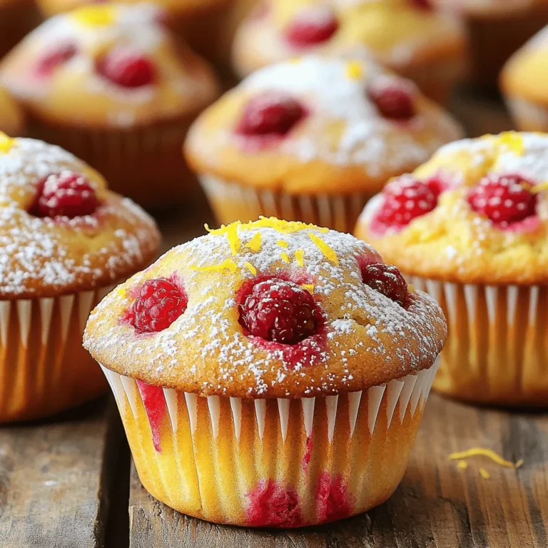 - Fresh vs. Frozen Raspberries You can use fresh or frozen raspberries for this recipe. Fresh raspberries give a bright flavor and a lovely texture. If you choose frozen, make sure to thaw and drain them well. This helps prevent a soggy muffin. Both options work well, but fresh will shine in taste. - Importance of Lemon Zest and Juice Lemon zest adds a burst of citrus aroma. It brightens the flavor of the muffins. Lemon juice adds tartness that balances the sweetness from sugar. Together, they make these muffins zesty and refreshing. Do not skip either ingredient; they are key to this recipe. - Choosing the Right Flour This recipe uses all-purpose flour and whole wheat flour. All-purpose flour gives a light texture. Whole wheat flour adds depth and nutrition. Using both helps create a perfect balance. If you want a lighter muffin, you can use only all-purpose flour. - Cups, Tablespoons, and Teaspoons Measurements are crucial in baking. For this recipe, you will need: - 1 cup fresh raspberries - 1 cup all-purpose flour - 1/2 cup whole wheat flour - 1/2 cup granulated sugar - 1 tablespoon baking powder - 1/4 teaspoon salt - 1/2 cup unsalted butter, melted - 2 large eggs - 1/2 cup milk - Zest of 1 lemon - 2 tablespoons lemon juice - 1 teaspoon vanilla extract Make sure to measure carefully for the best results. - Conversion Tips for International Ingredients If you use international measuring systems, remember: - 1 cup equals about 240 milliliters. - 1 tablespoon equals about 15 milliliters. - 1 teaspoon equals about 5 milliliters. This helps ensure your muffins turn out just right, no matter where you are. - Variations for Adding Flavor You can add other flavors to the muffins. Try adding blueberries or nuts for extra texture. A sprinkle of cinnamon can give warmth. These options let you get creative, making each batch special. - Dietary Modifications If you need dietary changes, you can make them easily. Use gluten-free flour for a gluten-free version. Substitute eggs with flaxseed meal mixed with water for a vegan option. These swaps help you share the joy of baking with everyone! For the full recipe, check out the detailed instructions to create these delightful treats. - Optimal Oven Temperature: Start by setting your oven to 375°F (190°C). This heat helps the muffins bake evenly. - Lining or Greasing the Muffin Tin: Use paper liners for easy removal or spray each cup with non-stick spray. This makes cleanup a breeze. - Correct Mixing Techniques: In a large bowl, mix the all-purpose flour, whole wheat flour, granulated sugar, baking powder, and salt. A whisk works best here. This helps break up any lumps. - Ensuring Proper Flour Distribution: Make sure all dry ingredients blend well. This ensures uniform flavor in each muffin. - Tips for Achieving Smoothness: In a separate bowl, whisk the melted butter, eggs, milk, lemon zest, lemon juice, and vanilla extract. This mix should be smooth and creamy. - Importance of Room Temperature Ingredients: Use room temperature eggs and milk. They combine better with the melted butter, giving a nice texture. - Techniques to Avoid Overmixing: Pour the wet mixture into the dry ingredients. Stir gently with a spatula until just combined. It's okay if the batter has some lumps. - Folding in Raspberries Without Breaking: Add fresh raspberries carefully. Use a spatula to fold them in gently. This keeps the muffins light and fluffy. - Signs Muffins are Done: Bake for 18-20 minutes. Check with a toothpick; it should come out clean or with a few moist crumbs. - Cooling Time Recommendations: Let the muffins cool in the tin for about 5 minutes. Then, move them to a wire rack to cool completely. If you like, dust with powdered sugar for a sweet touch. For the full recipe, refer to the detailed instructions above. Enjoy your baking! To make the best Raspberry Lemon Muffins, avoid common baking mistakes. Here are some tips: - Don’t overmix the batter: Overmixing can make the muffins tough. Stir until just combined. - Use room temperature ingredients: Cold eggs or milk can lead to uneven baking. - Measure flour correctly: Too much flour can make muffins dense. Use the spoon-and-level method. You can enhance flavor with creative twists. Try adding white chocolate chips or a hint of almond extract. These small changes make a big difference. If your muffins turn out dry or dense, check these fixes: - Add moisture: You can mix in a tablespoon of yogurt or extra milk for a softer texture. - Check baking time: Overbaking can dry them out. Always use a toothpick to check doneness. If your muffins don’t rise, it might be due to stale baking powder. Always check the expiration date before baking. Also, make sure your oven is fully preheated. For serving suggestions, arrange your muffins on a bright platter. Garnish with lemon zest or fresh raspberries. This adds color and makes them look lovely. For attractive plating tips, use a dusting of powdered sugar on top. A simple sprinkle can make your muffins look gourmet. Enjoy your creations and share them with friends! {{image_4}} You can make these muffins fit your diet. For gluten-free options, swap regular flour for a gluten-free blend. Many brands work well, so choose one that you like. If you want a vegan version, use flax eggs instead of real eggs. Mix one tablespoon of ground flaxseed with two tablespoons of water. Let it sit for a few minutes, and it will thicken. For butter, use coconut oil or a vegan butter substitute. Both keep the muffins moist and tasty. Feel free to get creative! Adding nuts can give your muffins a nice crunch. Chopped walnuts or pecans are great choices. If you love chocolate, mix in some chocolate chips. They melt beautifully and add sweetness. Spice can also change the flavor. Try adding a pinch of cinnamon or cardamom for warmth. These spices blend well with lemon and raspberries. Make your muffins shine for any season. In spring or summer, try using blueberries or strawberries instead of raspberries. They offer a fresh twist. For a fall treat, add orange zest instead of lemon. You can also adjust for holidays. During winter, add spices like nutmeg or cloves for a festive touch. These small changes keep the recipe exciting and new. For the full recipe, check out the detailed steps above to create your perfect Raspberry Lemon Muffins! To keep your raspberry lemon muffins fresh, start by letting them cool fully. Place them in an airtight container. This helps keep moisture in. If you do not have an airtight container, you can use plastic wrap. Store the muffins at room temperature for the best taste. Avoid putting them in the fridge, as this can dry them out. If you want to keep them longer, freezing is a great option. Freezing muffins is simple and effective. First, wrap each muffin in plastic wrap tightly. Then, place them in a freezer-safe bag. This keeps out air, which can cause freezer burn. Be sure to label the bag with the date. To thaw, take a muffin out and leave it at room temperature for about an hour. You can also microwave it for about 15 seconds for a quick thaw. This will help maintain the fluffy texture. Raspberry lemon muffins last about three days at room temperature. If you store them in the fridge, they can last up to a week. However, they may lose some taste. When frozen, muffins can stay fresh for up to three months. Check for signs of spoilage before you eat them. If they have an off smell or visible mold, it is time to throw them away. You can use frozen raspberries, thawed and drained. They work well in muffins. Another option is blueberries, which add a different flavor. You can also try chopped strawberries for a sweet twist. Each option will change the taste a bit but will still make tasty muffins. Yes, you can make these muffins ahead. Bake them and let them cool completely. Store them in an airtight container at room temperature. They stay fresh for about three days. You can also freeze them for up to three months. Just thaw them overnight in the fridge before enjoying. To get fluffy muffins, measure your flour correctly. Use a spoon to scoop it and level it off. Mix the wet and dry ingredients gently. Avoid overmixing; it's okay to see some lumps. Lastly, bake them at the right temperature and do not open the oven door early. Yes, you can add frosting or glaze for extra sweetness. A simple lemon glaze works great. Mix powdered sugar with fresh lemon juice until smooth. Drizzle it on top after the muffins cool. You can also dust them with powdered sugar for a quick touch. Raspberry lemon muffins are simple yet delicious. We covered key ingredients, like fresh raspberries and lemon zest, emphasizing measurement and optional flavors. I shared step-by-step instructions to make perfect muffins. You'll now confidently tweak recipes with tips to avoid common mistakes. Remember, you can store and freeze muffins for later enjoyment. Experiment with variations to keep things fun. Enjoy baking, and let each bite be a fresh, zesty delight.