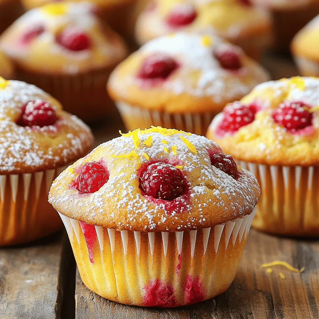 - Fresh vs. Frozen Raspberries You can use fresh or frozen raspberries for this recipe. Fresh raspberries give a bright flavor and a lovely texture. If you choose frozen, make sure to thaw and drain them well. This helps prevent a soggy muffin. Both options work well, but fresh will shine in taste. - Importance of Lemon Zest and Juice Lemon zest adds a burst of citrus aroma. It brightens the flavor of the muffins. Lemon juice adds tartness that balances the sweetness from sugar. Together, they make these muffins zesty and refreshing. Do not skip either ingredient; they are key to this recipe. - Choosing the Right Flour This recipe uses all-purpose flour and whole wheat flour. All-purpose flour gives a light texture. Whole wheat flour adds depth and nutrition. Using both helps create a perfect balance. If you want a lighter muffin, you can use only all-purpose flour. - Cups, Tablespoons, and Teaspoons Measurements are crucial in baking. For this recipe, you will need: - 1 cup fresh raspberries - 1 cup all-purpose flour - 1/2 cup whole wheat flour - 1/2 cup granulated sugar - 1 tablespoon baking powder - 1/4 teaspoon salt - 1/2 cup unsalted butter, melted - 2 large eggs - 1/2 cup milk - Zest of 1 lemon - 2 tablespoons lemon juice - 1 teaspoon vanilla extract Make sure to measure carefully for the best results. - Conversion Tips for International Ingredients If you use international measuring systems, remember: - 1 cup equals about 240 milliliters. - 1 tablespoon equals about 15 milliliters. - 1 teaspoon equals about 5 milliliters. This helps ensure your muffins turn out just right, no matter where you are. - Variations for Adding Flavor You can add other flavors to the muffins. Try adding blueberries or nuts for extra texture. A sprinkle of cinnamon can give warmth. These options let you get creative, making each batch special. - Dietary Modifications If you need dietary changes, you can make them easily. Use gluten-free flour for a gluten-free version. Substitute eggs with flaxseed meal mixed with water for a vegan option. These swaps help you share the joy of baking with everyone! For the full recipe, check out the detailed instructions to create these delightful treats. - Optimal Oven Temperature: Start by setting your oven to 375°F (190°C). This heat helps the muffins bake evenly. - Lining or Greasing the Muffin Tin: Use paper liners for easy removal or spray each cup with non-stick spray. This makes cleanup a breeze. - Correct Mixing Techniques: In a large bowl, mix the all-purpose flour, whole wheat flour, granulated sugar, baking powder, and salt. A whisk works best here. This helps break up any lumps. - Ensuring Proper Flour Distribution: Make sure all dry ingredients blend well. This ensures uniform flavor in each muffin. - Tips for Achieving Smoothness: In a separate bowl, whisk the melted butter, eggs, milk, lemon zest, lemon juice, and vanilla extract. This mix should be smooth and creamy. - Importance of Room Temperature Ingredients: Use room temperature eggs and milk. They combine better with the melted butter, giving a nice texture. - Techniques to Avoid Overmixing: Pour the wet mixture into the dry ingredients. Stir gently with a spatula until just combined. It's okay if the batter has some lumps. - Folding in Raspberries Without Breaking: Add fresh raspberries carefully. Use a spatula to fold them in gently. This keeps the muffins light and fluffy. - Signs Muffins are Done: Bake for 18-20 minutes. Check with a toothpick; it should come out clean or with a few moist crumbs. - Cooling Time Recommendations: Let the muffins cool in the tin for about 5 minutes. Then, move them to a wire rack to cool completely. If you like, dust with powdered sugar for a sweet touch. For the full recipe, refer to the detailed instructions above. Enjoy your baking! To make the best Raspberry Lemon Muffins, avoid common baking mistakes. Here are some tips: - Don’t overmix the batter: Overmixing can make the muffins tough. Stir until just combined. - Use room temperature ingredients: Cold eggs or milk can lead to uneven baking. - Measure flour correctly: Too much flour can make muffins dense. Use the spoon-and-level method. You can enhance flavor with creative twists. Try adding white chocolate chips or a hint of almond extract. These small changes make a big difference. If your muffins turn out dry or dense, check these fixes: - Add moisture: You can mix in a tablespoon of yogurt or extra milk for a softer texture. - Check baking time: Overbaking can dry them out. Always use a toothpick to check doneness. If your muffins don’t rise, it might be due to stale baking powder. Always check the expiration date before baking. Also, make sure your oven is fully preheated. For serving suggestions, arrange your muffins on a bright platter. Garnish with lemon zest or fresh raspberries. This adds color and makes them look lovely. For attractive plating tips, use a dusting of powdered sugar on top. A simple sprinkle can make your muffins look gourmet. Enjoy your creations and share them with friends! {{image_4}} You can make these muffins fit your diet. For gluten-free options, swap regular flour for a gluten-free blend. Many brands work well, so choose one that you like. If you want a vegan version, use flax eggs instead of real eggs. Mix one tablespoon of ground flaxseed with two tablespoons of water. Let it sit for a few minutes, and it will thicken. For butter, use coconut oil or a vegan butter substitute. Both keep the muffins moist and tasty. Feel free to get creative! Adding nuts can give your muffins a nice crunch. Chopped walnuts or pecans are great choices. If you love chocolate, mix in some chocolate chips. They melt beautifully and add sweetness. Spice can also change the flavor. Try adding a pinch of cinnamon or cardamom for warmth. These spices blend well with lemon and raspberries. Make your muffins shine for any season. In spring or summer, try using blueberries or strawberries instead of raspberries. They offer a fresh twist. For a fall treat, add orange zest instead of lemon. You can also adjust for holidays. During winter, add spices like nutmeg or cloves for a festive touch. These small changes keep the recipe exciting and new. For the full recipe, check out the detailed steps above to create your perfect Raspberry Lemon Muffins! To keep your raspberry lemon muffins fresh, start by letting them cool fully. Place them in an airtight container. This helps keep moisture in. If you do not have an airtight container, you can use plastic wrap. Store the muffins at room temperature for the best taste. Avoid putting them in the fridge, as this can dry them out. If you want to keep them longer, freezing is a great option. Freezing muffins is simple and effective. First, wrap each muffin in plastic wrap tightly. Then, place them in a freezer-safe bag. This keeps out air, which can cause freezer burn. Be sure to label the bag with the date. To thaw, take a muffin out and leave it at room temperature for about an hour. You can also microwave it for about 15 seconds for a quick thaw. This will help maintain the fluffy texture. Raspberry lemon muffins last about three days at room temperature. If you store them in the fridge, they can last up to a week. However, they may lose some taste. When frozen, muffins can stay fresh for up to three months. Check for signs of spoilage before you eat them. If they have an off smell or visible mold, it is time to throw them away. You can use frozen raspberries, thawed and drained. They work well in muffins. Another option is blueberries, which add a different flavor. You can also try chopped strawberries for a sweet twist. Each option will change the taste a bit but will still make tasty muffins. Yes, you can make these muffins ahead. Bake them and let them cool completely. Store them in an airtight container at room temperature. They stay fresh for about three days. You can also freeze them for up to three months. Just thaw them overnight in the fridge before enjoying. To get fluffy muffins, measure your flour correctly. Use a spoon to scoop it and level it off. Mix the wet and dry ingredients gently. Avoid overmixing; it's okay to see some lumps. Lastly, bake them at the right temperature and do not open the oven door early. Yes, you can add frosting or glaze for extra sweetness. A simple lemon glaze works great. Mix powdered sugar with fresh lemon juice until smooth. Drizzle it on top after the muffins cool. You can also dust them with powdered sugar for a quick touch. Raspberry lemon muffins are simple yet delicious. We covered key ingredients, like fresh raspberries and lemon zest, emphasizing measurement and optional flavors. I shared step-by-step instructions to make perfect muffins. You'll now confidently tweak recipes with tips to avoid common mistakes. Remember, you can store and freeze muffins for later enjoyment. Experiment with variations to keep things fun. Enjoy baking, and let each bite be a fresh, zesty delight.