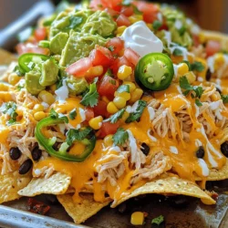 - 2 cups tortilla chips - 1 cup cooked shredded chicken - 1 cup shredded sharp cheddar cheese - 1 cup canned black beans, rinsed and drained - 1/2 cup corn (canned or frozen) - 1 jalapeño, thinly sliced (optional for heat) - 1/2 cup fresh diced tomatoes - 1/4 cup sliced green onions - 1/4 cup sour cream - 1/4 cup guacamole - 1/4 cup salsa - 1 teaspoon taco seasoning - Olive oil for drizzling When I think about Loaded Chicken Nachos, I focus on using fresh and tasty ingredients. This blend makes every bite burst with flavor. Start with tortilla chips. They form the crunchy base. Choose chips that are thick enough to hold all the toppings. Next, use cooked shredded chicken. You can grill or use rotisserie chicken. Both options work well. The chicken adds protein and heartiness to the dish. Then, sprinkle shredded sharp cheddar cheese on top. This cheese melts perfectly and gives a rich taste. You can mix it with other cheeses, too. Just make sure to keep the taste strong. For toppings, black beans and corn add great texture. They also bring in fiber and nutrients. Fresh veggies like tomatoes and jalapeños provide a nice crunch and flavor. Green onions finish the look and taste. Don’t forget the dips! Sour cream, guacamole, and salsa are must-haves. They add creaminess and zest. Lastly, season the chicken with taco seasoning. A drizzle of olive oil helps the nachos crisp up while baking. This blend of ingredients makes my Loaded Chicken Nachos stand out. For the full recipe, check out the section above. 1. Preheat your oven to 350°F (175°C). This helps the nachos cook evenly. 2. On a large baking sheet, arrange the tortilla chips in a single layer. This gives them a nice crunch. 1. In a bowl, mix the cooked chicken with taco seasoning. This adds great flavor. 2. Spread the seasoned chicken evenly over the tortilla chips. Make sure it covers all the chips. 3. Next, sprinkle the rinsed black beans and corn over the chicken and chips. This adds texture and flavor. 1. Top everything with shredded sharp cheddar cheese. Make sure to cover the toppings well so that it melts nicely. 2. Add sliced jalapeños, diced tomatoes, and chopped green onions for freshness. 3. Drizzle olive oil lightly over the nachos to help them crisp. 4. Place the baking sheet in the oven and bake for 10-15 minutes. The cheese should be melted and bubbly. 5. After baking, take the nachos out and let them cool for a few minutes. 6. Top with sour cream, guacamole, and salsa as you like. 7. Garnish with more green onions for a nice finish. For the full recipe, check the details above. Enjoy this easy and tasty dish! To get the best crunch, spread the tortilla chips in a single layer on your baking sheet. Don’t pile them high. This lets heat reach every chip. Next, cover the chips fully with cheese. This helps hold the chips together and prevents them from getting soggy. You can swap ingredients to make your nachos unique. Try using pulled pork or tofu in place of chicken. Want more flavor? Add a pinch of cayenne pepper or a splash of hot sauce. You can also throw in some black olives or diced bell peppers for extra crunch and taste. Serving is key to enjoying your nachos. You can keep it casual by serving them right on the baking sheet. For a nicer look, use a colorful platter. Add small bowls of guacamole, salsa, and sour cream on the side. This lets everyone dip as they like. For a fun twist, sprinkle fresh cilantro or lime juice on top before serving. This adds color and a fresh taste to your dish. For the full recipe, check out Loaded Chicken Nachos Supreme. {{image_4}} If you want to change up the protein, ground beef or turkey works great. Just cook the meat with taco seasoning for flavor. You can also use shredded rotisserie chicken for a quick option. For a vegetarian twist, try black beans or lentils. They add protein and taste. Cheese is key to nachos. For a spicy kick, use pepper jack. It melts well and has a nice heat. A blend of cheeses can add richness. Try mixing cheddar, Monterey Jack, and mozzarella. Each cheese brings its own flavor and texture. Toppings make nachos special. Consider adding black olives or pickled jalapeños for extra zest. Fresh avocado adds creaminess and richness. You can also explore different salsas, like mango or pineapple, for a sweet and spicy mix. These toppings can elevate your nacho experience. For the full recipe, check out the Loaded Chicken Nachos Supreme . To keep your leftover nachos fresh, store them in an airtight container. This helps lock in moisture. Place a layer of parchment paper between layers to avoid sogginess. Refrigeration is key, so aim to eat them within two days for the best taste. To keep nachos crispy, avoid covering them tightly with plastic wrap. Instead, leave the container slightly open to allow air circulation. When it’s time to reheat, you have two main choices: the microwave or the oven. The microwave is quick, but it may make the chips soft. If you want to keep them crispy, the oven is your best bet. Preheat it to 350°F (175°C). Spread the nachos on a baking sheet and heat for about 10 minutes. This method helps preserve the texture and keeps everything warm and cheesy. Can you freeze nachos? Yes, but it’s better to freeze the components separately. Freeze the chicken, cheese, and toppings in separate bags. This way, you can make fresh nachos later. To freeze, use freezer-safe bags and squeeze out as much air as possible. When you’re ready to eat, thaw everything in the fridge overnight, then assemble and bake. To make Loaded Chicken Nachos healthier, swap out a few ingredients. Use baked tortilla chips instead of fried ones. You can also choose grilled chicken instead of rotisserie chicken. This cuts down on fat and calories. For cheese, use a lighter option like low-fat cheddar. You can even add more veggies, like bell peppers or avocado. These options keep your nachos tasty while making them healthier. For nachos, sharp cheddar cheese is a favorite. It melts well and has a bold taste. You can also try pepper jack cheese for a spicy kick. A blend of cheeses works well too. Combining cheddar, Monterey Jack, and mozzarella creates a rich flavor. The key is to choose cheeses that melt smoothly and taste great together. To scale Loaded Chicken Nachos for more people, simply increase the ingredient amounts. For each additional person, add more tortilla chips, chicken, and cheese. Use about one cup of chicken and cheese for every four servings. Adjust your baking time if you make a larger batch. You may need to bake for a few extra minutes to melt the cheese fully. Always check for a bubbly, golden finish! Loaded chicken nachos are a fun and easy dish to make. You start with tortilla chips and top them with chicken, cheese, and your favorite veggies. Bake them to melt the cheese, and you’ve got a tasty treat. Remember, you can mix things up with proteins, cheeses, and toppings to fit your taste. Follow the tips and storage advice to keep your nachos fresh. No matter how you customize them, these nachos will please everyone, making them a great addition to any gathering. Enjoy sharing this delightful dish!