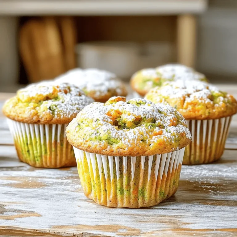 To make your zucchini carrot muffins, you'll need these main ingredients: - 1 cup grated zucchini (about 1 medium zucchini) - 1 cup grated carrot (about 2 medium carrots) - 1 ½ cups all-purpose flour - 1 teaspoon baking powder - ½ teaspoon baking soda - ½ teaspoon salt - 1 teaspoon ground cinnamon - ½ teaspoon ground nutmeg (optional) - ¾ cup packed brown sugar - ½ cup granulated sugar - 2 large eggs - ⅓ cup vegetable oil - 1 teaspoon pure vanilla extract - ½ cup chopped walnuts or pecans (optional) These ingredients blend well together. The zucchini keeps the muffins moist. The carrots add natural sweetness and color. You can enhance your muffins with fun add-ins. Here are some ideas: - Chocolate chips for a sweet treat - Dried fruit like raisins or cranberries for extra flavor - Seeds like chia or flax for a healthy boost Feel free to mix and match! Each choice adds something unique. Having the right tools makes baking easier. Here’s what I recommend: - Mixing bowls for combining ingredients - Grater for the zucchini and carrots - Whisk for mixing dry and wet ingredients - Muffin tin for baking - Toothpick for checking doneness With these tools, you’ll be ready to bake delicious muffins. For the complete list of steps, check out the Full Recipe. Enjoy your baking adventure! Start by preheating your oven to 350°F (175°C). This step warms the oven, ensuring your muffins bake evenly. Next, grab a muffin tin. You can line it with paper liners or lightly grease each cup with oil or cooking spray. This helps the muffins pop out easily after baking. Now it's time for the star ingredients: zucchini and carrots. In a mixing bowl, combine 1 cup of grated zucchini and 1 cup of grated carrot. To keep your muffins from getting soggy, squeeze out any extra moisture. You can use a clean kitchen towel or cheesecloth for this. It’s a simple step that makes a big difference in texture. In a separate bowl, whisk together 1 ½ cups of all-purpose flour, 1 teaspoon of baking powder, ½ teaspoon of baking soda, ½ teaspoon of salt, and 1 teaspoon of ground cinnamon. If you like, add ½ teaspoon of ground nutmeg for extra flavor. Set this dry mix aside. In another larger bowl, blend together ¾ cup of packed brown sugar, ½ cup of granulated sugar, and 2 large eggs. Whisk until everything is smooth. Next, pour in ⅓ cup of vegetable oil and 1 teaspoon of pure vanilla extract to the sugar-egg mix. Stir until it’s combined well. Gradually add your dry ingredient mix to the wet mixture, stirring gently. Be careful not to overmix. Overmixing can lead to tough muffins. Finally, fold in your prepared zucchini and carrots. If you want, you can also add ½ cup of chopped walnuts or pecans at this stage. Distribute the batter evenly into your prepared muffin cups, filling each about ¾ full. This gives them room to rise without overflowing. Now, place the muffin tin in your preheated oven. Bake for 18-22 minutes. To test if they are done, insert a toothpick into the center of one muffin. If it comes out clean, they are ready. After baking, let the muffins cool in the tin for about 5 minutes. Then transfer them to a wire rack to cool completely. For a fun twist, serve these muffins warm with a light dusting of powdered sugar or a dollop of cream cheese frosting. Enjoy these tasty treats! For the full recipe, check the section above. To keep your muffins from getting soggy, moisture control is key. Squeeze out extra water from the grated zucchini and carrots using a clean towel. This step helps keep your muffins fluffy. Also, avoid overmixing the batter. Overmixing can trap too much air and create a dense texture. For tender muffins, use room-temperature eggs and oil. Cold eggs can shock the batter. This shock can lead to uneven baking. Ensure you mix the dry and wet ingredients gently. Stir just until combined. This technique keeps your muffins light and airy. You can easily adjust the sweetness. If you like a sweeter muffin, add more brown sugar. For a healthier option, reduce sugar and use mashed bananas. Feel free to add spices, such as ginger or allspice, for more flavor. Nuts or chocolate chips can also enhance both taste and texture. Check out the Full Recipe for all the details needed! {{image_4}} You can easily make zucchini carrot muffins gluten-free. Use a gluten-free flour blend instead of regular flour. Look for options made from rice or almond flour. This swap keeps the muffins light and fluffy. For a vegan version, replace the eggs with flaxseed meal. Mix 1 tablespoon of flaxseed meal with 3 tablespoons of water. Let it sit for a few minutes until it thickens. You can also use applesauce or mashed banana as an egg substitute. Feel free to get creative with flavors! You can add chocolate chips for a sweet twist. Dark chocolate pairs well with the muffins' base. Nuts add crunch; walnuts or pecans work great. You can also sprinkle in some dried fruits like raisins or cranberries for extra sweetness. Each variation makes your muffins unique and delightful. For the full recipe, please refer to the earlier section. To keep your zucchini carrot muffins fresh, store them in an airtight container. This helps maintain moisture and flavor. You can leave them at room temperature for up to three days. If you want to keep them longer, consider refrigerating them. However, this may change their texture slightly. Freezing these muffins is simple. Once they cool completely, wrap each muffin in plastic wrap. Place them in a freezer-safe bag. They will stay fresh for up to three months. When you are ready to enjoy one, simply take it out and let it thaw at room temperature. To reheat, preheat your oven to 350°F (175°C). Place the muffins on a baking sheet for about 5 to 10 minutes. This helps them regain their soft texture. You can also use a microwave. Heat each muffin for about 15-20 seconds. Just be careful not to overheat them, or they could become tough. For a tasty twist, spread a little butter on top before heating! Yes, you can use fresh zucchini and carrots from your garden. Homegrown produce adds great flavor. Just make sure to wash them well. Grate them finely to mix well into the batter. To make these muffins healthier, consider these tips: - Use whole wheat flour instead of all-purpose flour. - Reduce the sugar amount by half. - Substitute applesauce for some or all of the oil. - Add in seeds like chia or flax for extra fiber. These changes keep the muffins tasty while boosting nutrition. If you need an egg substitute, try: - 1/4 cup unsweetened applesauce for each egg. - 1/4 cup mashed banana. - 1 tablespoon ground flaxseed mixed with 2.5 tablespoons water. These options help bind the muffins without using eggs. These muffins stay fresh for about 3 to 4 days at room temperature. Store them in an airtight container. If you want them to last longer, freeze them for up to 3 months. Just remember to thaw them before eating. For the complete recipe, check the full recipe. Zucchini carrot muffins are simple and fun to make. We covered key ingredients, steps for baking, and helpful tips. You can customize these muffins to match your taste, too. Storing muffins lets you enjoy them later. Remember, great cooking comes from trying new things. Don't hesitate to experiment with flavors and textures. Happy baking!