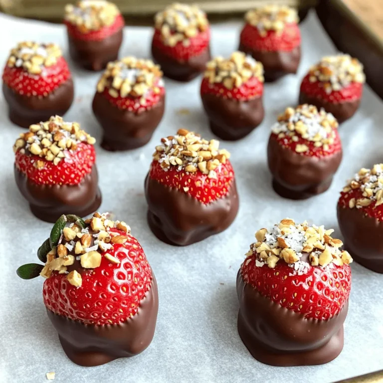 To make chocolate covered strawberry bites, you need a few simple items. Here’s what to gather: - 1 pound fresh strawberries, hulled and thoroughly washed - 8 ounces dark chocolate chips (high-quality for the best flavor) - 2 tablespoons coconut oil (for a glossy finish) - 1/4 cup crushed nuts (such as almonds or hazelnuts for added crunch) - 1/4 cup unsweetened shredded coconut (for a tropical flair) - 1/4 teaspoon sea salt (to enhance the chocolate flavor) These ingredients ensure your bites are tasty and look beautiful. Fresh strawberries are key. They should be firm and bright red. Choose dark chocolate chips for rich flavor. The coconut oil helps the chocolate shine. Optional toppings add crunch and fun! You can mix and match toppings based on what you like. Now that we have our ingredients, you’re ready to dive into the full recipe and create these delightful treats. First, wash your strawberries thoroughly. This step is key. You must dry them well after washing. Any water left can make the chocolate seize. Use a clean towel to pat each berry dry. For the best bites, choose strawberries that are medium-sized. They should be firm and ripe for the best flavor. Next, it’s time to melt the chocolate. I recommend using dark chocolate chips. They give a rich taste. Combine them with coconut oil in a microwave-safe bowl. Heat the mixture in the microwave in 30-second bursts. Stir well after each interval until it is smooth and shiny. The coconut oil helps achieve a nice glossy finish. Now the fun part begins! Grab each strawberry by the stem. Dip it into the melted chocolate, covering about two-thirds of the berry. Allow the excess chocolate to drip back into the bowl. After dipping, sprinkle your chosen toppings right away. You can use crushed nuts or shredded coconut to add flavor and crunch. If you like, add a pinch of sea salt for an extra kick. Once you finish dipping, place the strawberries on a parchment-lined tray. Repeat this process until all your strawberries are covered. Let them chill in the fridge for about 30 minutes. This will harden the chocolate and make them ready to enjoy! How do I avoid chocolate seizing? To avoid chocolate seizing, keep water away from it. Even a small drop can cause the chocolate to clump. Always use dry bowls and utensils. Why is temperature control important? Chocolate melts best at a low and steady heat. Use short bursts in the microwave. Stir well between each burst to ensure even melting. What are the best serving dishes for chocolate-covered strawberries? Use a nice plate or a tiered stand. A white plate makes the colors pop. A clear glass bowl can also showcase the treats well. What are some garnishing ideas for an elegant look? Sprinkle extra shredded coconut on top. Whole strawberries can add charm. You can also use mint leaves for a fresh touch. These small details make a big difference. They turn simple bites into stunning treats. For more on making these delightful bites, check out the full recipe. {{image_4}} You can use both white and dark chocolate for your treats. Dark chocolate has a rich taste and a deep color. It adds a bold flavor to the strawberries. White chocolate is sweeter and creamier. It contrasts nicely with the tartness of the strawberries. For pairing, try fruit like raspberries or a hint of lemon zest with white chocolate. These flavors work well together. Adding toppings can make your strawberry bites even better. You can use nuts for a nice crunch. Almonds or hazelnuts are great choices. They add texture and taste. For a fun twist, try toppings like crushed cookies or sprinkles. You can even use different flavors like matcha or chili powder. Experiment with what you like. Your strawberry bites can be unique and delicious. To keep your chocolate-covered strawberry bites fresh, store them in an airtight container. Place a layer of parchment paper between layers to avoid sticking. The best place to store them is in the fridge. This keeps the chocolate firm and the strawberries fresh. - Ideal storage conditions: Use a cool, dark spot in your fridge. - Tips for maintaining freshness: Avoid leaving them out at room temperature for long. Enjoy them within a few days for the best taste and texture. Can you freeze chocolate-covered strawberries? Yes, you can! Freezing is a great way to enjoy these treats later. - Best practices for freezing: First, let them cool completely in the fridge. Then, place them on a baking sheet in a single layer. Freeze them for about two hours. Once frozen, transfer to a freezer-safe container. They can last up to three months in the freezer. When you want to enjoy them, simply take them out and let them thaw in the fridge. This method helps keep their flavor and texture intact. To make chocolate-covered strawberries, start by washing and drying the strawberries. You want them dry to help the chocolate stick. Next, melt dark chocolate chips with coconut oil in a bowl. Heat it in short bursts in the microwave, stirring until smooth. Then, dip each strawberry into the melted chocolate, covering about two-thirds. Let the excess chocolate drip off. Before the chocolate sets, sprinkle on crushed nuts or shredded coconut for extra flair. Finally, chill the strawberries for about 30 minutes to harden the chocolate. Yes, you can use different types of chocolate. Milk chocolate is a great choice if you like it sweeter. White chocolate adds a creamy touch and looks nice, too. You can even use flavored chocolates, like mint or orange, for a twist. Each type brings its own flavor and style to your treats. When choosing strawberries, look for ones that are fresh and firm. Bright red strawberries with no soft spots are best. Size matters too; medium-sized strawberries are great for dipping. They hold the chocolate well and are easy to eat. Always pick strawberries that smell sweet, as this shows they are ripe and tasty. You’ve learned how to make delicious chocolate-covered strawberries. Start with fresh strawberries and melt your chocolate to the right texture. Dip, decorate, and impress with your treats. Use tips for a perfect finish and fancy presentation. Explore variations and unique toppings to shake things up. Remember how to store leftovers or freeze your sweets for later. Making these treats is fun and easy. Enjoy every bite and share them with friends for smiles all around.