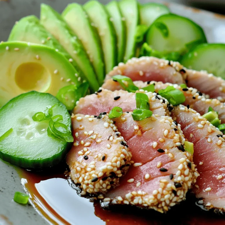 - 2 Ahi tuna steaks (approximately 6 oz each) - 1/4 cup mixed sesame seeds (white and black) - 2 tablespoons low-sodium soy sauce - 1 tablespoon sesame oil - 1 tablespoon olive oil - 1 teaspoon fresh ginger, finely grated - 2 green onions, thinly sliced - 1 ripe avocado, thinly sliced - 1 cucumber, julienned or thinly sliced - Sea salt and freshly cracked black pepper, to taste Ahi tuna is the star of this dish. It’s firm and has a slight sweetness. You want fresh Ahi tuna for the best flavor. The sesame seed coating adds a nice crunch. Both black and white seeds give it a striking look. The marinade is key to making this dish pop. The low-sodium soy sauce and sesame oil add depth. Fresh ginger gives a zesty bite. Green onions and avocado add freshness. This dish is not only tasty but also colorful. The vibrant green avocado and cucumber contrast with the pink tuna. You can find the full recipe below to guide you through each step. Start by making the marinade. In a bowl, mix together these items: - 2 tablespoons low-sodium soy sauce - 1 tablespoon sesame oil - 1 teaspoon fresh ginger, finely grated - A pinch of black pepper Whisk them until they blend well. Place the Ahi tuna steaks in a shallow dish. Pour the marinade over the tuna. Make sure it covers the steaks fully. Let the tuna soak for 15-20 minutes. This step is key for flavor. Now, it's time to prepare the sesame coating. On a clean plate, combine: - 1/4 cup mixed sesame seeds (white and black) Mix the seeds well. After marinating, lift the tuna steaks out. Let any extra marinade drip off. Press each side of the tuna into the sesame seeds. Make sure they are fully covered for a crunchy finish. Heat a non-stick skillet over medium-high heat. Add: - 1 tablespoon olive oil Wait until the oil starts to shimmer. Place the coated tuna steaks in the skillet. Sear for about 1-2 minutes on each side. For a rare finish, you want the center to stay pink. If you want it more cooked, sear longer. Once done, remove the tuna from the skillet. Let it rest on a cutting board for about 1 minute. This helps keep it juicy. Use a sharp knife to slice the tuna thinly against the grain. This showcases the lovely pink inside. Arrange the slices on a serving plate. Surround them with: - Thinly sliced avocado - Julienned cucumber For a pop of color, sprinkle chopped green onions on top. If you want, drizzle any leftover soy sauce over the dish. A sprinkle of sea salt adds even more flavor. For the full recipe, you can find it linked elsewhere in this article. Enjoy your sesame-crusted Ahi tuna right away! To get that nice, crispy crust, heat your pan well. Use medium-high heat and add olive oil. The oil should shimmer before you add the tuna. Place the tuna steaks gently in the pan. Sear for 1-2 minutes on each side. This keeps the inside pink and juicy. If you like it more cooked, add a minute or two. Remember, the goal is a nice crust and a tender center. When you pick Ahi tuna, look for bright red color. It should smell like the ocean, not fishy. Fresh tuna feels firm and moist. If you can, buy it from a trusted fish market. Ask for sushi-grade tuna, which is safe to eat raw. Always check the sell-by date to ensure freshness. You can add more flavor to your tuna. Consider mixing chopped herbs like cilantro or basil into the sesame seeds. You can also add crushed garlic to the marinade for a punch. For some heat, try adding sliced jalapeños to your plate. Avocado and cucumber add creaminess and crunch. Feel free to explore flavors that excite you. For the full recipe, check the cooking section. {{image_4}} You can switch Ahi tuna for other fish. Salmon works well and has a rich taste. Mahi-mahi is another tasty choice with a firm texture. You can also use chicken breasts if you prefer poultry. Just ensure you adjust the cooking time for these proteins. Add a kick with chili flakes or wasabi in the marinade. For a sweet touch, mix in honey or teriyaki sauce. You can also sprinkle lime zest for a fresh twist. If you love herbs, try adding chopped cilantro or basil for extra flavor. Serve your sesame-crusted tuna on a bed of rice or salad. Pair it with pickled vegetables for a tangy crunch. You can also add a side of edamame for protein. A light soy dipping sauce enhances the dish's taste. For a fun twist, serve it as sushi rolls with seaweed. For the full recipe, check the detailed instructions. Enjoy experimenting! To store leftover sesame-crusted Ahi tuna, first let it cool. Then, wrap it tightly in plastic wrap or foil. Place it in an airtight container to keep it fresh. Proper storage helps maintain flavor and texture. Store it in the fridge for up to 2 days. If you wait longer, the quality may drop. When you're ready to enjoy leftovers, reheat carefully. The best way is to use a skillet. Heat the skillet over low heat. Place the tuna in the pan for about 1-2 minutes on each side. This keeps the tuna juicy and tasty. Avoid using a microwave as it can dry out the fish. If you want to freeze the sesame-crusted Ahi tuna, wrap it well. Use plastic wrap followed by foil. You can also use a freezer-safe bag. Squeeze out as much air as possible. This helps prevent freezer burn. You can freeze it for up to 3 months. When ready to use, thaw in the fridge overnight before reheating. Enjoy your meal with confidence knowing it was stored well. For the complete recipe, check the Full Recipe section. Sesame-crusted Ahi tuna is a dish made from Ahi tuna steaks. I coat the tuna with sesame seeds before searing it. This adds a crunchy texture and nutty flavor. The dish is quick to make and looks stunning on the plate. You get a tasty seafood meal that is fresh and healthy. To adjust the recipe, you can swap the soy sauce for a gluten-free version. If you are avoiding sesame, use crushed nuts or seeds instead. For a lower sodium option, try using coconut aminos. You can also choose a different fish, like salmon, to fit your needs. Yes, Ahi tuna is safe to eat raw if it is sushi-grade. Sushi-grade fish undergoes strict standards for freshness and handling. You should buy it from a trusted source. Always check for bright colors and a fresh smell. If you are unsure, cooking the tuna fully is a safe option. Great side dishes include a simple salad or steamed veggies. You can also serve it with rice or quinoa for a hearty meal. A citrusy slaw adds a nice crunch and flavor boost. For a refreshing touch, serve with pickled ginger or a light dipping sauce. You can find the full recipe for sesame-crusted Ahi tuna in the previous section. This will guide you through each step to create this delightful dish. In this post, we explored making sesame-crusted Ahi tuna. We covered ingredients, step-by-step instructions, and helpful tips. You learned how to sear the tuna perfectly and enhance its flavor. We also looked at fun variations for different tastes and how to store leftovers properly. This dish is not just tasty; it’s fun to make! Try it out, and enjoy a fresh meal at home. You can impress friends and family with ease. Enjoy your cooking journey!