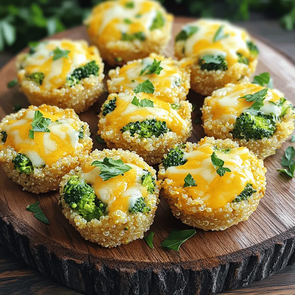- 1 cup quinoa, thoroughly rinsed - 2 cups vegetable broth (or water) - 1 cup finely chopped broccoli florets - 1 cup shredded sharp cheddar cheese - 1/2 cup grated Parmesan cheese - 2 large eggs, beaten - 1/4 cup all-purpose flour (or gluten-free flour) - 1/2 teaspoon garlic powder - 1/2 teaspoon onion powder - Salt and pepper to taste - 2 tablespoons olive oil (for greasing the muffin tin) In this recipe, the main ingredients create a strong base. The quinoa provides protein and texture. The vegetable broth adds flavor. Broccoli adds nutrients and color. Cheddar and Parmesan give richness and depth. The binding agents help the bites hold together. Eggs act as glue. Flour adds structure. Garlic and onion powder enhance the taste. Salt and pepper balance the flavors for a well-seasoned snack. I recommend using olive oil for greasing the muffin tin. It prevents sticking and adds a hint of flavor. This simple step makes serving easier. For the best results, gather all ingredients before you start. This keeps the process smooth and enjoyable. You’ll love how these bites taste fresh out of the oven! For the full recipe, check above! - First, rinse and drain 1 cup of quinoa. This removes any bitter taste. - Next, cook the quinoa in 2 cups of vegetable broth. Bring it to a boil, then reduce the heat. Cover and simmer for 15 minutes. Let it sit for another 5 minutes after cooking. - While the quinoa cooks, steam 1 cup of broccoli florets for 3-4 minutes. They should be bright green and tender. - After steaming, chop the broccoli into finer pieces. This helps distribute the flavor in every bite. - In a large bowl, combine the cooked quinoa, chopped broccoli, 1 cup of shredded cheddar, and 1/2 cup of grated Parmesan. - Add 2 beaten eggs, 1/4 cup of flour, 1/2 teaspoon of garlic powder, 1/2 teaspoon of onion powder, salt, and pepper. Mix everything well until it’s combined. - Use a spoon to fill a greased muffin tin with the mixture. Fill each cup about ¾ full. - Preheat your oven to 375°F (190°C). - Bake the bites for 20-25 minutes. They should turn golden brown and feel firm when touched. - Let them cool for 5 minutes before removing them from the muffin tin. - Ensure quinoa is fully cooked for best texture. This makes each bite light and fluffy. - Don't overmix the ingredients. Mixing too much can make the bites dense. - Add spices for more depth, like paprika or cayenne. These spices can wake up the flavors. - Experiment with different cheese varieties. Try mozzarella for a milder taste or gouda for a smoky twist. - Pair with zesty dipping sauces. A tangy yogurt or ranch sauce adds a nice zing. - Garnish with parsley or extra cheese. This adds color and makes the dish pop. Enjoy making these Broccoli Cheddar Quinoa Bites. They are fun and easy to prepare. For the full recipe, check the details above. {{image_4}} If you have gluten intolerance, use gluten-free flour. This simple swap works great. For a vegan option, replace the eggs with a flaxseed mixture. Mix one tablespoon of flaxseed meal with three tablespoons of water. Let it sit for a few minutes until it thickens. This will help bind your bites perfectly. Feel free to add different vegetables. Spinach or bell peppers bring new flavors. You can also try different cheese blends, like mozzarella or feta. Each cheese adds its own taste and creaminess. This makes your quinoa bites even more exciting. You can easily adjust ingredient amounts for bigger or smaller batches. Want to make a snack for a party? Just double the recipe. For a fun twist, use a mini muffin tin to create mini bites. These are great for kids or as finger foods at gatherings. Each bite packs a lot of flavor! To keep your Broccoli Cheddar Quinoa Bites fresh, store them in an airtight container in the fridge. They taste best when eaten within 3-4 days. This way, you can enjoy their yummy flavor without losing quality. If you want to save some for later, freeze the uncooked mixture in a muffin tin. Once frozen, pop the bites out and store them in a freezer bag. When you're ready to eat, reheat the baked bites in the oven or microwave. This keeps them tasty and warm without losing their crunch. - Refer to the full recipe details above. - Yes, just ensure it's thawed and drained properly. Using frozen broccoli can save time. It often cooks just as well as fresh. Make sure to chop it finely for even mixing. - They are packed with protein and nutrients from quinoa and broccoli. Quinoa is a complete protein, which means it has all nine essential amino acids. Broccoli adds fiber, vitamins, and minerals. Together, they make a great snack or meal. - They should be golden brown on top and firm to the touch. A good indicator is to insert a toothpick. If it comes out clean, the bites are done. Enjoy these tasty snacks hot or warm! You learned how to make tasty Broccoli Cheddar Quinoa Bites. We covered the main ingredients, cooking steps, and helpful tips. You can mix and match flavors and ingredients too! Try storing them for later, or freeze the mix to bake fresh bites anytime. Enjoy being creative in the kitchen, and remember, these bites are healthy and yummy. Give them a try today!