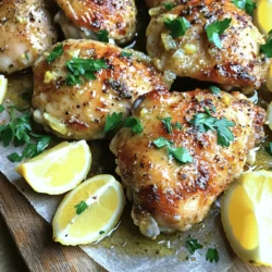 To make this tasty dish, you need a few key items: - 4 boneless, skinless chicken breasts - 4 cloves of garlic, finely minced - 2 lemons (both zested and juiced) - 3 tablespoons extra virgin olive oil - 1 teaspoon dried thyme - 1 teaspoon dried oregano - Salt and fresh cracked pepper to taste - Fresh parsley, finely chopped (for garnish) These ingredients work together to create a bright and zesty flavor. The lemon and garlic shine in this recipe, giving the chicken a fresh taste. You can elevate your dish with some fun extras. Consider these: - Lemon wedges for serving - A sprinkle of fresh herbs like basil or cilantro - Roasted vegetables or a crisp garden salad - A side of rice or quinoa These garnishes add color and flavor. They also make your meal look beautiful on the plate. If you don't have something on hand, no worries! Here are some swaps: - Use chicken thighs instead of breasts for a juicier option. - Try using lime juice instead of lemon for a twist. - Swap dried thyme and oregano with fresh herbs if you prefer. These substitutions keep the spirit of the dish while allowing for personal touches. You can still enjoy a delicious lemon garlic chicken with what you have! For the complete recipe, check out the Full Recipe. First, preheat your oven to 400°F (200°C). This step ensures a hot oven for baking the chicken. While the oven heats, take your chicken breasts and check for any excess fat. Trim it off for a clean look. Place the chicken in a large resealable bag or a shallow dish. This will help with marinating later. In a small mixing bowl, combine the minced garlic, lemon zest, and lemon juice. Add three tablespoons of extra virgin olive oil. Then, mix in the dried thyme and oregano. Finally, season with salt and freshly cracked pepper. This marinade gives the chicken its strong flavor. Pour the mixture over the chicken, making sure each piece is coated. Seal the bag or cover the dish. Refrigerate for at least 30 minutes, or up to 2 hours for even better flavor. After marinating, take the chicken out of the fridge. Lightly grease a baking dish and place the chicken inside. Spread the pieces apart for even cooking. Bake the chicken for 25 to 30 minutes. Use a meat thermometer to check if it reached 165°F (75°C). The chicken should be fully cooked, with no pink inside. Once done, let it rest for 5 minutes. This helps keep the chicken juicy. Slice the chicken and serve hot, garnished with fresh parsley. Enjoy your Simple Lemon Garlic Chicken! For more details, refer to the Full Recipe. Marinating is key to making your lemon garlic chicken shine. Use a resealable bag or shallow dish to make sure the chicken is fully coated. Seal the bag tightly to keep the flavors in. Aim for at least 30 minutes, but two hours is better. This longer time allows the flavors to soak in deeply. Always refrigerate the chicken while marinating. Remember, the acid from the lemon helps tenderize the meat. To cook chicken perfectly, keep an eye on the internal temperature. Use a meat thermometer to check. It should reach 165°F (75°C) in the thickest part. If you don’t have a thermometer, cut into the chicken. There should be no pink inside. Make sure to space the chicken pieces apart in the baking dish. This allows hot air to circulate and cook them evenly. Rest the chicken for five minutes after baking to keep it juicy. Want to amp up the flavor? Try adding fresh herbs like basil or rosemary. You can also mix in some red pepper flakes for a little heat. For a twist, add a splash of soy sauce or honey. These will give your chicken a unique taste. Experiment with different herbs and spices to find your favorite combination. Just remember to keep the balance so the lemon and garlic still shine through. For the full recipe, check the recipe section above. {{image_4}} You can cook lemon garlic chicken in different ways. Grilling gives a smoky flavor. To grill, heat your grill to medium-high. Place the marinated chicken on the grill. Cook for about 6 to 7 minutes per side. Check the inside to make sure it reaches 165°F. Pan-searing is another great option. Heat a skillet over medium heat. Add a bit of olive oil. Place the chicken in the skillet and cook for 5 to 6 minutes on each side. This method gives a nice golden crust. You can boost the flavor of your lemon garlic chicken. Try adding fresh herbs like rosemary or basil. They pair well with garlic and lemon. You can also use spices like paprika or cumin. These add warmth and depth to the dish. Feel free to mix and match until you find your favorite combo. When serving lemon garlic chicken, think of what goes well. Roasted veggies make a great side. Try carrots, zucchini, or bell peppers. You can also serve it with a fresh salad. For sauces, a light lemon vinaigrette works well. It adds a bit of zing. You can also drizzle a creamy sauce over the chicken for extra flavor. For the full recipe and more ideas, check the Full Recipe. To keep your lemon garlic chicken fresh, place any leftovers in an airtight container. Make sure to cool the chicken to room temperature before sealing it. Store it in the fridge for up to four days. This method helps keep the flavors intact and the chicken moist. When you're ready to enjoy your leftovers, reheat them gently. The best way is to use the oven. Preheat it to 350°F (175°C). Place the chicken in a baking dish and cover it with foil. Heat for about 15 to 20 minutes until warmed through. You can also use the microwave if you're short on time. Just heat in short bursts, checking to avoid drying it out. If you have extra chicken, you can freeze it for later. Wrap each piece tightly in plastic wrap, then place it in a freezer bag. This prevents freezer burn. You can freeze the chicken for up to three months. To use, thaw it in the fridge overnight before reheating. Enjoy your meal anytime with these simple storage methods! Lemon garlic chicken is a simple dish with big flavors. Many people love it for its fresh taste and ease of cooking. You can serve it for family dinners or special occasions. The bright lemon and garlic give the chicken a zesty kick. Plus, it pairs well with many sides, making it a versatile choice. You can marinate chicken for as little as 30 minutes. This lets the flavors soak in. For more flavor, I suggest marinating for up to 2 hours. If you have more time, you can even marinate overnight. Just remember, don’t go over 24 hours. The chicken can become too salty or mushy. Yes, you can use bone-in chicken for this recipe! Bone-in chicken adds great flavor and moisture. Just adjust the cooking time. Bone-in pieces usually take longer to cook through. Aim for an internal temperature of 165°F (75°C) to ensure it’s safe to eat. This will give you juicy, tasty chicken with that lemon garlic flavor. For the full recipe, check the details above. This post covered everything you need for simple lemon garlic chicken. We talked about the main ingredients, step-by-step cooking, and tips for the best results. I also shared variations and storage tips to help you enjoy this dish over time. With the right marinade and cooking method, you can create a tasty meal. Try different herbs and sides to keep it fresh. Enjoy making and sharing this recipe!