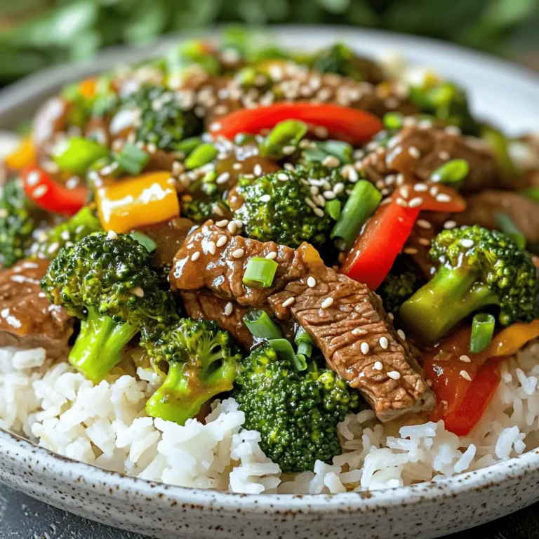 - 1 lb (450 g) flank steak, thinly sliced against the grain - 4 cups fresh broccoli florets - 1 red bell pepper, julienned - 3 cloves garlic, minced - 2 tablespoons fresh ginger, finely grated - 3 tablespoons soy sauce - 1 tablespoon oyster sauce - 1 tablespoon cornstarch - 2 tablespoons sesame oil - 1 tablespoon vegetable oil - 1 tablespoon honey - Cooked jasmine rice, for serving - Sesame seeds and sliced green onions for garnish For this beef and broccoli stir-fry, I love using flank steak. It stays tender and tasty when cooked right. Fresh broccoli adds crunch and color. The red bell pepper adds a sweet kick. Garlic and ginger bring a fragrant burst of flavor. Soy sauce and oyster sauce deepen the taste. Cornstarch in the marinade makes the beef silky. I often serve this dish with warm jasmine rice. It soaks up the sauce well. For garnish, I sprinkle sesame seeds and sliced green onions. They not only look great, but they also give a fresh taste. To see how to bring all these ingredients together, check the Full Recipe. You will enjoy this easy and tasty meal! - In a medium bowl, combine flank steak, soy sauce, oyster sauce, cornstarch, and honey. - Mix until the beef is well-coated. Let it marinate for 15 minutes to soak up the flavors. - Fill a pot with water and bring it to a boil. - Blanch the broccoli florets for 2 minutes until they turn bright green. - Prepare an ice bath in a separate bowl. - Transfer the broccoli to the ice bath to stop cooking. Once cooled, drain the broccoli. - Heat vegetable oil in a large skillet or wok over medium-high heat. - Add the marinated beef in a single layer. Cook undisturbed for 2 minutes until browned. - Stir-fry the beef for another 2 minutes until cooked through. Remove the beef and keep it warm. - In the same skillet, add sesame oil, minced garlic, and grated ginger. Stir-fry for about 30 seconds until fragrant. - Add the sliced red bell pepper and blanched broccoli. Stir-fry for 2-3 minutes to warm the veggies. - Return the cooked beef to the skillet and mix everything together. Cook for an extra 2 minutes until heated through. Serve the beef and broccoli stir-fry over cooked jasmine rice. Sprinkle sesame seeds and sliced green onions on top for a special touch. For the full recipe, check out the details above. - Adjusting marinating time for flavor: Marinating beef for at least 15 minutes enhances the taste. If you have more time, let it sit longer. This helps the flavors soak in. - Properly blanching vegetables for crispness: To keep broccoli bright and crunchy, blanch it for 2 minutes in boiling water. Then, quickly move it to an ice bath. This stops the cooking and locks in color. - Recommended side dishes: Serve beef and broccoli with jasmine rice. You can also add a fresh salad or steamed dumplings for variety. - Garnishing ideas for presentation: Garnish with sesame seeds and sliced green onions for flair. You can also drizzle extra sesame oil on top for added flavor. For a little kick, sprinkle some chili flakes. {{image_4}} You can easily swap the beef for chicken or tofu. Chicken gives a lighter taste, while tofu offers a great vegetarian option. For more flavor, try different vegetables in your stir-fry. Carrots, snap peas, or bell peppers can add color and crunch. Use what you have on hand or what you love most. To spice things up, add chili flakes or sriracha. These ingredients bring heat and excitement to your meal. You can also try adding sesame oil for a nutty flavor or hoisin sauce for sweetness. Mixing in some oyster sauce gives a deep umami taste. Experiment and find what makes your taste buds dance! For the full recipe, check out Beef & Broccoli Bonanza. After enjoying your beef and broccoli stir-fry, you may have some leftovers. To keep them fresh, follow these tips: - Refrigeration: Place your leftovers in the fridge within two hours. This helps prevent bacteria growth. - Containers: Use airtight containers. Glass or plastic containers with tight lids work best. They keep the flavors strong. When you’re ready to enjoy your stir-fry again, reheating properly is key. Here’s how to do it: - Methods: Use a skillet or microwave. A skillet keeps the texture nice. Stir-fry lightly on medium heat. - Duration and Temperature: Heat for about 3-5 minutes on medium. If using a microwave, heat in 30-second bursts. Stir often for even heating. These steps ensure your beef and broccoli stir-fry tastes just as good. For the full recipe, check the earlier sections. You can store beef and broccoli stir-fry in the fridge for up to 3 days. Make sure to place it in an airtight container to keep it fresh. If you want to keep it longer, freeze it for up to 3 months. Just remember to thaw it in the fridge before reheating. Yes, you can prepare parts of this dish ahead of time. Marinate the beef and chop the veggies a day in advance. Store them separately in the fridge. This saves time when you are ready to cook. Just stir-fry everything together when you are set to eat. If you can't use oyster sauce, try soy sauce mixed with a bit of sugar. This will add sweetness and umami. You can also use hoisin sauce for a different flavor. If you need a vegan option, look for mushroom sauce. It gives a rich taste without seafood. For the full recipe, check out the Beef & Broccoli Bonanza 🥦. This article covered how to make a tasty beef and broccoli stir-fry. We explored main ingredients, marinade options, and the step-by-step process to cook it. I shared useful tips, variations, and storage suggestions to help you succeed in the kitchen. In conclusion, this dish is not just easy to make; it’s also flexible and fun. You can adapt it to your taste and dietary needs. Try it out, and enjoy a delicious meal that you created yourself.