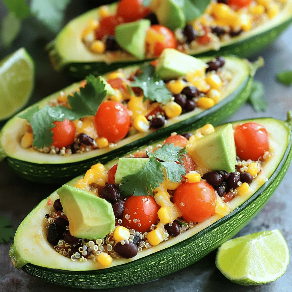 To make delicious Zucchini Taco Boats, you need fresh and healthy ingredients. Here’s the complete list of what you’ll need: - 4 medium zucchinis - 1 cup cooked quinoa - 1 can (15 oz) black beans, rinsed and drained - 1 cup corn (fresh or frozen) - 1 cup cherry tomatoes, halved - 1 ripe avocado, diced - 1 teaspoon chili powder - 1 teaspoon ground cumin - 1 teaspoon garlic powder - Salt and freshly cracked pepper to taste - ½ cup shredded cheese (cheddar or Mexican blend) - ¼ cup fresh cilantro, chopped - Lime wedges for serving These ingredients come together to create a tasty and healthy meal. The quinoa adds protein, while the black beans and corn provide fiber. The spices bring warmth and depth to the dish. Using ripe avocados adds creaminess, and the cheese melts to create a wonderful topping. For more detailed steps, check out the Full Recipe. - Preheat your oven to 375°F (190°C). - Take the zucchinis and slice them in half lengthwise. - Scoop out the seeds with a spoon. Make sure you create enough room for the filling. - In a big bowl, combine the cooked quinoa, black beans, corn, halved tomatoes, and diced avocado. - Add chili powder, ground cumin, garlic powder, and some salt and pepper. - Mix everything well until it is evenly combined. This will be the tasty filling. - Fill each zucchini half with the quinoa mixture. Press down lightly to pack it in. - Sprinkle shredded cheese on top of each stuffed zucchini. This will melt into a delicious crust. - Place the baking sheet in the oven and bake for 25-30 minutes. The zucchini should be tender, and the cheese should be melted. - Once done, let the zucchini boats cool for a few minutes. - Before serving, add chopped cilantro for a fresh touch. - Enjoy your Zesty Zucchini Taco Boats with lime wedges on the side for extra flavor. For the complete recipe, check out the [Full Recipe]. To make your zucchini taco boats great, scoop them evenly. This helps avoid sogginess. If you leave too much flesh, the boats can get watery. A good scoop creates a nice space for the filling. Next, spice it up! Use a mix of spices to give your filling more flavor. I like adding chili powder, cumin, and garlic powder. Each spice brings its own taste. Together, they create a bold and tasty dish. Think about sides and dips to serve with your zucchini taco boats. A fresh salad can add crunch. You can also serve salsa for a zesty kick. Guacamole is a great dip, too. It matches well with the creamy avocado in the boats. You could also try serving rice or quinoa on the side. They pair nicely with the flavors in the boats. Want to make your dish lighter? Opt for low-fat cheese. It melts well but has fewer calories. You can also add more veggies to boost nutrition. Chopped bell peppers or spinach can add color and health benefits. If you're feeling adventurous, try adding beans or lentils for extra protein without much fat. These swaps keep your meal healthy and delicious. Remember, these tips can help make your zucchini taco boats even better. You can find the full recipe for Zesty Zucchini Taco Boats to guide your cooking. {{image_4}} You can switch up the filling in many ways. If you want meat, use ground turkey or beef instead of quinoa. This makes the dish heartier and adds rich flavor. You can also swap black beans for lentils or other legumes. Lentils bring a nice texture. Other beans work well too, so feel free to experiment. To kick up the flavor, consider adding jalapeños for a spicy kick. If you like briny tastes, olives are a great choice. They add depth to each bite. A sprinkle of fresh herbs like cilantro can also enhance the overall flavor. Each of these options makes the zucchini taco boats more exciting. To make this dish fully vegan, simply leave out the cheese. You can still enjoy great taste with the other ingredients. Add more veggies or some avocado for creaminess. You might also try vegan cheese if you want that cheesy texture without dairy. This way, everyone can enjoy the deliciousness of zucchini taco boats. For the full recipe, check out the Zesty Zucchini Taco Boats section. To store leftover zucchini taco boats, let them cool first. Place them in an airtight container. This helps keep them fresh. You can store them in the fridge for up to three days. It’s best to keep the filling and zucchini separate if possible. This helps prevent the zucchini from getting too soggy. When it's time to eat your leftovers, you can reheat them easily. The best way is to use the oven. Preheat your oven to 350°F (175°C). Place the zucchini boats on a baking sheet. Heat them for about 10-15 minutes. This method keeps the zucchini firm and the filling warm. You can also use the microwave, but the texture might change. Heat them for one to two minutes, checking to avoid overheating. If you want to save zucchini taco boats for later, freezing is a great option. First, let them cool completely. Wrap each boat in plastic wrap or foil. Place them in a freezer-safe bag or container. They can last for up to three months in the freezer. When you are ready to eat them, thaw them in the fridge overnight. Then, reheat as mentioned above. This keeps the flavor and texture intact. Enjoy the easy meal later! Zucchini Taco Boats last about 3 to 4 days in the fridge. To store them, place the leftovers in an airtight container. This keeps them fresh and tasty. When you want to eat them, just reheat. Be careful not to overcook them. Yes, you can make Zucchini Taco Boats ahead. Prepare the filling and scoop out the zucchinis in advance. Store them separately in the fridge. When you are ready to cook, just fill the zucchinis and bake. This saves time on busy days. Some great side dishes include: - Mexican rice - Fresh salad - Guacamole - Salsa - Corn tortilla chips These sides add extra flavor and texture to your meal. Yes, this recipe is gluten-free. The main ingredients are zucchini, quinoa, and beans. None of these contain gluten. Always check your ingredients to ensure they are certified gluten-free. This way, you can enjoy your meal without worry. For the full recipe, refer to the Zesty Zucchini Taco Boats section. These zucchini taco boats are easy, tasty, and healthy. We covered the ingredients and steps to make them. You can also try different fillings and enhance flavors. Remember to store leftovers properly, so nothing goes to waste. This dish is flexible, fitting many diets. Whether for dinner or meal prep, it’s a winner. Enjoy cooking and exploring new flavors with zucchini taco boats!