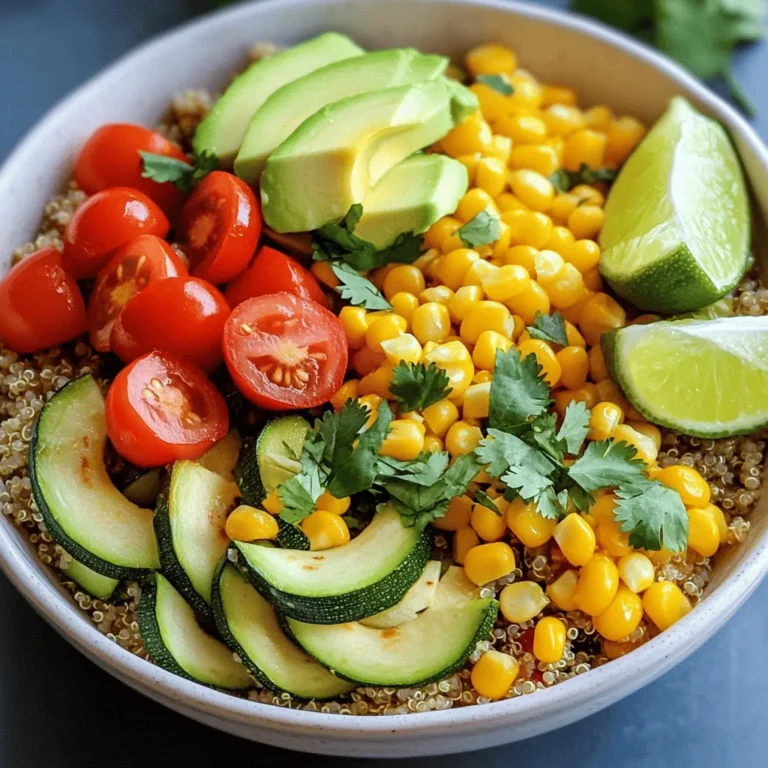 Here is a simple list of what you need for the veggie burrito bowls: - 1 cup cooked quinoa - 1 can black beans, rinsed and drained - 1 cup corn kernels (fresh, frozen, or canned) - 1 large red bell pepper, diced - 1 small zucchini, diced - 1 cup cherry tomatoes, halved - 1 ripe avocado, sliced - 1 cup leafy greens (spinach or romaine) - Seasoning essentials: ground cumin, smoked paprika, olive oil, salt, pepper - Fresh cilantro leaves for garnish - Lime wedges for serving These ingredients make a quick and tasty meal. I love how colorful and fresh this dish looks. You can find the full recipe in the article to guide you through the process. - Heat olive oil in a large skillet. - Add diced bell pepper and zucchini. Start with medium heat. Let the oil shimmer. Toss in the bell pepper and zucchini. Cook for about five minutes. Stir often until they soften and smell great. - Add corn, black beans, cumin, smoked paprika, salt, and pepper. - Stir and cook until heated through. Next, mix in the corn and black beans. Sprinkle the cumin and smoked paprika. Don’t forget a pinch of salt and pepper. Stir everything well. Cook for three to four minutes until warm. - Create a base layer with cooked quinoa. Grab four bowls. Place a generous scoop of quinoa in each bowl. This will be your base layer. It adds great texture and nutrition. - Spoon the vegetable mixture over the quinoa. Now, take the veggie mix and spoon it over the quinoa. Make sure to spread it evenly across the bowls. This way, every bite is packed with flavor. - Top with leafy greens and cherry tomatoes. Add a handful of leafy greens to each bowl. Then, place the halved cherry tomatoes on top. They add a nice pop of color and taste. - Arrange avocado slices and garnish with cilantro. Slice the avocado and arrange it on top of the bowls. The creamy avocado makes it rich. Finally, sprinkle fresh cilantro leaves as a garnish. It adds a lovely aroma. Serve with lime wedges on the side for a zesty touch. Enjoy your flavorful veggie burrito bowls! For the complete recipe, check the Full Recipe section. - Ensure vegetables are chopped uniformly for even cooking. This helps them cook at the same rate. - Adjust seasoning to taste for kitchen preferences. Everyone has different likes, so don't be afraid to experiment. - Use colorful bowls to enhance visual appeal. Bright colors make the meal more inviting and fun. - Serve lime wedges on the side for added zest. A squeeze of lime brightens up the flavors. - Add extra protein with grilled tofu or chicken. This makes the bowls more filling and balanced. - Include more fiber with additional veggies. Bell peppers, spinach, or carrots are great options for this! These tips will help you create a veggie burrito bowl that is not just tasty but also visually appealing and nutritious. For more details, check out the [Full Recipe]. Enjoy your cooking journey! {{image_4}} You can easily swap quinoa for other grains. Brown rice is a great choice. It offers a nutty flavor and chewy texture. Cauliflower rice is another option. It’s low in carbs and adds a fresh crunch. Both grains work well in the burrito bowls. They hold all the flavors nicely. If you want to change the beans, try chickpeas. They add a different taste and texture. Kidney beans also work well if you prefer a heartier option. You can mix and match beans for more variety. This keeps your meals exciting and full of surprises. To amp up the flavor, consider adding roasted corn. It brings a sweet touch to each bite. Jalapeños add a spicy kick, perfect for those who love heat. You can also sprinkle cheese on top for creaminess. All these add-ins make your veggie burrito bowls burst with flavor. Check the Full Recipe for more ideas on how to make your bowls unique! Store leftovers in an airtight container in the refrigerator for up to 3 days. This keeps the flavors fresh and the veggies crisp. It's easy to grab a bowl for lunch or dinner later. Just make sure the container is sealed well to prevent any odors. Can be frozen in individual portions for up to 2 months. This is perfect for meal prep. Use freezer-safe containers or bags. Label them with the date to keep track. When you're ready to eat, just pull one out and defrost it in the fridge overnight. Gently reheat in a skillet or microwave before serving. For the skillet, add a splash of water to keep the dish moist. Heat over medium until warm. If using a microwave, cover the bowl to trap steam. This keeps your burrito bowl tasty and enjoyable. You can easily swap quinoa for other grains. Here are some great options: - Brown rice - White rice - Couscous - Cauliflower rice Each choice brings its own flavor and texture, making your burrito bowl unique. Brown rice offers a nutty taste and chewy bite. White rice is soft and light. Couscous cooks fast and has a fluffy texture. Cauliflower rice is low-carb and adds a mild flavor. To spice up your burrito bowls, you can add a few ingredients that pack a punch: - Jalapeños, diced - Red pepper flakes - Hot sauce, to taste - Chipotle powder Add these spices during cooking for a warm kick. You can also sprinkle them on top just before serving. This way, you control the heat level for each bowl. Yes, you can prepare these bowls ahead of time. Meal prep makes busy days easier. - Cook the grains and store them in the fridge. - Sauté the veggies and let them cool before storing. - Keep the toppings like avocado and greens separate until serving. Store everything in airtight containers. This way, your meals stay fresh and ready to enjoy. Making veggie burrito bowls is quick and easy. Here’s a quick overview: - Prep time: 15 minutes - Cooking time: 15 minutes - Total time: 30 minutes In just half an hour, you can create a hearty meal for yourself or your family. If you need to skip avocado, there are tasty alternatives. Options include: - Hummus for a creamy texture - Greek yogurt for a tangy flavor - Sliced olives for a salty kick - Guacamole for a similar taste These choices keep your bowls delicious while catering to different diets or preferences. Enjoy creating your own flavor combos with the full recipe! This blog post shared how to make tasty veggie burrito bowls. You learned the basic ingredients, step-by-step instructions, and tips for perfect flavor. The options for variations expand your choices and keep meals exciting. Remember, you can store leftovers easily. Whether you add proteins, swap grains, or adjust spices, these bowls are fun to customize. Enjoy your cooking, and make these dishes your own!