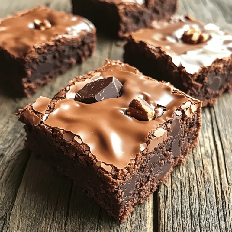 To make these delightful brownies, you'll need: - 1 cup unsalted butter - 1 cup granulated sugar - 1/2 cup packed brown sugar - 4 large eggs - 1 teaspoon vanilla extract - 1 cup all-purpose flour - 1/2 cup unsweetened cocoa powder - 1/2 teaspoon salt - 1/2 teaspoon baking powder - 1 cup chocolate hazelnut spread - 1/2 cup chopped hazelnuts (optional) You can add chopped hazelnuts for extra crunch. If you want a nut-free version, simply leave them out. If you're out of unsalted butter, use equal parts margarine or coconut oil. For sugar, you can swap granulated sugar with coconut sugar for a different taste. If you need a gluten-free option, use almond flour instead of all-purpose flour. Remember, the chocolate hazelnut spread is key to the flavor. If you want to try a twist, you can substitute it with almond butter or peanut butter, but the taste will change. For the full recipe, check out the detailed instructions that follow. To start, preheat your oven to 350°F (175°C). Next, prepare your 9x13-inch baking pan. Grease it lightly and line it with parchment paper. Let the paper hang over the edges for easy lifting later. This step makes serving the brownies a breeze. Next, melt 1 cup of unsalted butter in a medium saucepan over low heat. Once melted, take it off the heat. Stir in 1 cup of granulated sugar and 1/2 cup of packed brown sugar. Mix until smooth. Add 4 large eggs to the butter-sugar mix, one at a time. Make sure to mix well after each egg. Then, stir in 1 teaspoon of vanilla extract. This adds flavor! In another bowl, whisk together 1 cup of all-purpose flour, 1/2 cup of unsweetened cocoa powder, 1/2 teaspoon of salt, and 1/2 teaspoon of baking powder. This step helps to aerate the dry ingredients. Now, fold the dry mix into the wet mix slowly. Gently combine them to avoid tough brownies. It's important not to overmix here. Then, fold in 1 cup of chocolate hazelnut spread until it's well mixed. For a little crunch, add 1/2 cup of chopped hazelnuts if you want. Reserve some for the top, if you like. Pour the brownie batter into your prepared pan. Use a spatula to smooth it evenly. Bake your brownies in the preheated oven for 25 to 30 minutes. To check if they are done, insert a toothpick into the center. It should come out with a few moist crumbs. Once baked, let the brownies cool in the pan for about 10 minutes. Then, use the edges of the parchment paper to lift them out. Transfer them to a wire rack to cool completely. Wait until they are cool before slicing into squares. You can find the full recipe for these delicious brownies above. Enjoy your baking! To get the perfect brownie texture, you want a fudgy center. Use the right oven temperature. Preheating to 350°F (175°C) is key. Check your brownies at 25 minutes. A toothpick should show a few moist crumbs, not wet batter. This way, they won't come out dry. For uniform baking, spread the batter evenly. Use a spatula to smooth the top. Make sure your baking pan is the right size. A 9x13-inch pan works best for this recipe. Rotate the pan halfway through baking to help them bake evenly. To ensure rich flavor development, use high-quality chocolate hazelnut spread. The better the spread, the more flavor your brownies will have. Mixing in the brown sugar adds a deep sweetness. Also, folding in hazelnuts gives a nice crunch. For a creative serving idea, place brownies on a rustic wooden board. Dust them lightly with powdered sugar. This adds a nice touch. You can also serve them with a scoop of vanilla ice cream. This makes the treat even more special. To enhance the visual appeal, sprinkle chopped hazelnuts on top. You can also add a drizzle of chocolate sauce. This makes the brownies look fancy and inviting. Pairing suggestions include serving with fresh berries. They add a nice tartness that balances the sweetness. Another option is to enjoy brownies with a cup of coffee or tea. The flavors complement each other well. {{image_4}} You can play with flavors in these brownies. If you want a nutty twist, try using different nuts. Walnuts or pecans can add great texture and taste. You can also swap the chocolate hazelnut spread with other spreads, like almond butter or peanut butter. Each choice gives a unique flavor. Adding extracts can enhance the taste, too. A dash of almond or hazelnut extract can bring out the best in your brownies. If you need gluten-free brownies, use a gluten-free flour blend instead of all-purpose flour. This simple swap keeps the treat tasty. For vegan brownies, replace the eggs with flax eggs or applesauce. You can also use coconut oil in place of butter. If you're cutting sugar, use a sugar substitute that measures cup for cup. These changes allow everyone to enjoy these brownies! To keep your chocolate hazelnut spread brownies fresh, store them in an airtight container. This helps keep moisture in and prevents them from drying out. If you use a glass container, it works great too. You can place parchment paper between layers to avoid sticking. For the best taste, enjoy them within four days. If you want to store them longer, freezing is a good option. Wrap each brownie in plastic wrap, then place them in a freezer-safe bag. This keeps them fresh for up to three months. Just remember to label the bag with the date. When you want to enjoy your brownies again, reheating is simple. The best method is to use the oven. Preheat it to 350°F (175°C). Place the brownies on a baking sheet and cover them with foil. Bake for about 10 minutes. This method keeps them moist and warm. You can also use a microwave. Place a brownie on a microwave-safe plate and cover it with a damp paper towel. Heat it for about 10-15 seconds. Check to see if it’s warm enough, but don’t overdo it. This can dry them out. Enjoy your delicious brownies warm and gooey! Can I substitute ingredients in this recipe? Yes, you can! You can swap unsalted butter for coconut oil. If you need a dairy-free option, use a plant-based butter. You can also use maple syrup or honey instead of granulated sugar. Remember, these changes can affect taste and texture, so keep that in mind. How can I fix dry brownies? If your brownies turn out dry, you can add a bit of moisture. Try adding a splash of milk or a tablespoon of melted butter. You can also serve them warm with ice cream or whipped cream to add moisture and flavor. What is the best way to cut brownies for perfect squares? To cut brownies neatly, use a sharp knife. First, make one cut down the center of the pan. Then make cuts across to form squares. For easy cutting, wipe the knife with a damp cloth between cuts. This keeps the edges clean and neat. How long do homemade brownies last? Homemade brownies can last for about 3 to 5 days when stored in an airtight container at room temperature. If you want them to last longer, consider refrigerating them. They can stay fresh for up to a week in the fridge. What should I do if I don't have a baking pan? If you lack a baking pan, you can use a cast-iron skillet or a baking sheet. Just adjust the baking time since a different pan may change how the heat circulates. Keep an eye on your brownies as they bake! Can I make this recipe ahead of time? Absolutely! You can make the batter a day in advance. Just cover it and store it in the fridge. When you're ready to bake, let it sit at room temperature for about 20 minutes before pouring it into the pan. For the full recipe, check out the details above! This blog post covered everything you need for perfect brownies. We discussed key ingredients, precise preparation steps, and tips for baking success. You learned about variations for flavor and accommodations for different diets. Storing and reheating methods will keep your brownies fresh and tasty. Remember, baking is fun and creative. Don’t hesitate to try new twists. Happy baking!