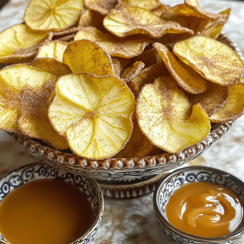- 3 large apples (Fuji or Honeycrisp recommended) - 1 teaspoon ground cinnamon - 2 tablespoons granulated sugar - 1 tablespoon fresh lemon juice - A pinch of salt To make cinnamon apple chips, you need a few simple ingredients. I recommend using Fuji or Honeycrisp apples for their sweet and crisp texture. These apples work well because they hold their shape during baking and offer a great taste. Here’s a breakdown of the ingredients: - Apples: Choose large, fresh apples. They give the best flavor and texture. - Ground cinnamon: This spice adds warmth and sweetness. It’s the star of the show! - Granulated sugar: This sweetens the chips and helps them crisp up nicely. - Fresh lemon juice: This prevents browning and adds a zesty kick to the flavor. - Salt: Just a pinch enhances the overall taste. It balances the sweetness. Once you gather these ingredients, you’re ready to create a delicious snack. If you want to see how to do this, check out the Full Recipe for detailed steps. First, preheat your oven to 225°F (110°C). This low temperature helps the apples dry out slowly. While the oven is heating, prepare your baking sheet by lining it with parchment paper. This step makes cleanup a breeze and prevents sticking. Next, wash the apples under cool water. After rinsing, core the apples to remove the seeds. You want to slice the apples very thinly. Use a mandolin slicer or a sharp knife. Aim for about 1/8 inch thick slices. Remember, thinner slices yield crispier apple chips! In a large bowl, mix together fresh lemon juice, granulated sugar, ground cinnamon, and a pinch of salt. Whisk these ingredients until well combined. This mixture gives the apples a sweet, warm flavor. Add the apple slices to the bowl. Toss them gently in the cinnamon-sugar mixture. Make sure each slice is evenly coated. Now, arrange the apple slices in a single layer on the prepared baking sheet. Avoid overlapping any slices. This spacing allows them to bake evenly. Place the baking sheet in the preheated oven. Bake for 1.5 to 2 hours. Flip the apple chips halfway through to ensure they cook evenly. You want them to be dry and crisp, not burnt. When the baking time is up, remove the apple chips from the oven. Let them cool completely on the baking sheet. As they cool, they will become even crispier. Enjoy your delightful and healthy snack! For the full recipe, check out the earlier section. To get crispy apple chips, slice your apples very thin. Aim for about 1/8 inch thick. Use a mandolin slicer or a sharp knife for best results. If the slices are too thick, they won’t crisp up well. When you place the apple slices on the baking sheet, make sure they are in a single layer. If they overlap, they won’t cook evenly. This step is key for that perfect crunch you want. You can boost the flavor of your apple chips in fun ways. Try adding nutmeg or allspice with the cinnamon. These spices can give your chips a unique twist. You can also add sweeteners like honey or maple sugar. These can enhance the sweetness and flavor of your apple chips. Just sprinkle a little on top before baking! For a beautiful presentation, serve your apple chips in a decorative bowl. Sprinkle a bit of extra cinnamon sugar on top for a nice touch. Pair your chips with dips like caramel sauce or yogurt. This adds a fun element to your snack. You could also enjoy them with a cup of tea or cider for a cozy treat. Check out the full recipe for more details! {{image_4}} Baked apple chips have a crispy texture and a sweet taste. When you bake them, the heat brings out their natural sugars. Dehydrated apple chips, on the other hand, have a chewy quality. They hold more flavor and retain nutrients better. To dehydrate apples, slice them thinly and place them in a dehydrator. Set it to a low temperature, around 135°F (57°C), and let them dry for 6 to 8 hours. This method gives a different bite, and you can enjoy them anytime. Not all apples are the same. The best apples for chips are Fuji and Honeycrisp. They are sweet and crisp, which makes for delicious chips. You can also try Granny Smith for a tart flavor. Don't be afraid to experiment! Mix different apple types for a unique taste. Try adding a bit of pear or even a sprinkle of nutmeg to the mix. Each variety brings something special to your apple chips. Love a kick? Add a pinch of cayenne pepper to your cinnamon mix. This will give your apple chips a spicy twist that surprises the taste buds. You can also add herbs like rosemary or thyme for a savory snack. These flavors balance the sweetness of the apples. It’s a fun way to make your chips stand out. Try both sweet and savory options to find your favorite. For more details on making these tasty snacks, check out the Full Recipe. To keep your cinnamon apple chips fresh, store them in airtight containers. This prevents air from making them soft. You can use glass jars or plastic containers. If you want them to last longer, consider keeping them in the fridge. But, they stay just fine at room temperature too. Cinnamon apple chips can last for about one to two weeks. After that, they may start to lose their crunch. Look for signs of spoilage, like a change in color or a soft texture. If they feel chewy or sticky, it’s time to toss them out. If your apple chips become soft, don’t worry! You can re-crisp them. Place them on a baking sheet and put them in a low oven (about 200°F). Bake for 10 to 15 minutes. This will help remove moisture. Avoid exposing them to humidity. Keep them sealed tight to stay crisp longer. To make cinnamon apple chips, follow these simple steps: 1. Preheat your oven to 225°F (110°C). 2. Line a baking sheet with parchment paper. 3. Wash and core 3 large apples (Fuji or Honeycrisp work best). 4. Slice the apples into thin rounds, about 1/8 inch thick. 5. In a bowl, mix 1 tablespoon of fresh lemon juice, 2 tablespoons of sugar, 1 teaspoon of ground cinnamon, and a pinch of salt. 6. Toss the apple slices in the mixture until they are well coated. 7. Arrange the slices on the baking sheet without overlapping. 8. Bake for 1.5 to 2 hours, flipping halfway through. 9. Let the chips cool completely before enjoying! These steps will help you create the perfect crispy snack. For a detailed guide, check the Full Recipe. Cinnamon apple chips offer several health benefits: - Apples are rich in fiber, which aids digestion and keeps you feeling full. - They also contain vitamin C, which boosts your immune system. - Cinnamon has antioxidant properties and can help regulate blood sugar levels. - It may also have anti-inflammatory effects, promoting overall health. Combining these two ingredients creates a tasty and nutritious snack. Enjoy these chips guilt-free! You can find pre-made cinnamon apple chips at many stores. Here are some suggested brands and stores: - Brands: Look for brands like Bare Snacks, Trader Joe's, or Eden Foods. - Stores: Check local grocery stores, health food stores, or online retailers like Amazon. These options make it easy to enjoy cinnamon apple chips without the hassle of making them yourself. You learned how to make tasty cinnamon apple chips from scratch. Key steps include slicing apples, coating them, and baking. I shared tips to sharpen your skills, like choosing the right apple and enhancing flavors. You can enjoy baked or dehydrated chips, and even explore sweet and savory options. Storing them properly keeps them fresh longer. Now you have the tools to create a delicious snack at home. Try it out and enjoy the crunch!