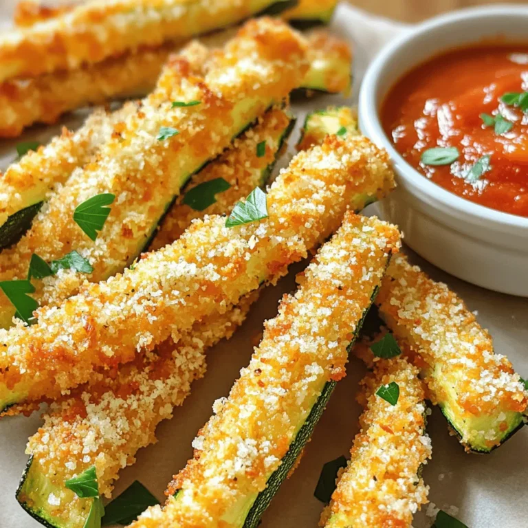- 2 medium zucchinis, cut into fry-shaped strips - 1 cup panko breadcrumbs - 1/2 cup freshly grated Parmesan cheese - 1 teaspoon garlic powder - 1 teaspoon onion powder - 1 teaspoon dried oregano - Salt and pepper to taste - 2 large eggs - Olive oil spray First, preheat your air fryer to 400°F (200°C) for 5 minutes. This step warms up the air fryer and helps the fries cook evenly. While it warms, prepare your zucchini. Cut the zucchinis into fry-shaped strips. This shape gives you the perfect bite-sized pieces for dipping. In a medium bowl, mix panko breadcrumbs, grated Parmesan, garlic powder, onion powder, dried oregano, salt, and pepper. This blend adds a nice crunch and great flavor. In another bowl, crack the two eggs and whisk them together. Now, take each zucchini fry. First, dip it into the egg wash to coat it. Let any extra egg drip off. Next, roll the fry in the breadcrumb mixture. Press gently so the coating sticks well. Arrange the coated fries in a single layer in the air fryer. Avoid overcrowding; this helps them get crispy. Lightly spray the tops with olive oil. This adds to the crunchiness. Set the timer for 10 to 12 minutes. Flip the fries halfway through cooking. This ensures they brown evenly. When they turn golden brown and crispy, remove them carefully. Let them cool for a minute before serving. Enjoy these tasty zucchini fries with your favorite dip! For the full recipe, check out the detailed instructions. To get that perfect crispiness, do not overcrowd the basket. When you pile zucchini fries together, they steam instead of fry. This can make them soggy. Instead, arrange them in a single layer, giving each fry room to breathe. To test for doneness, look for a golden color and a crispy texture. A simple poke with a fork can help. If they feel firm and crispy, they are ready to eat. For a tasty twist, try different spices. I recommend adding smoked paprika or cayenne for a kick. You can also use Italian seasoning for a herbaceous touch. Using panko breadcrumbs adds extra crunch. They are lighter than regular breadcrumbs and create a better texture. The larger flakes fry up crispier, making your fries irresistible. If you want to switch things up, try using almond flour instead of panko. You can also use nutritional yeast for a cheesy flavor without dairy. Adding fresh herbs like basil or thyme can elevate the taste. Just chop them finely and mix them in with your breadcrumbs for a fresh touch. For dipping sauces, marinara is a classic choice. It pairs well with the crispy texture. Ranch dressing is another great option for a creamy contrast. For a complete meal, serve these fries alongside grilled chicken or fish. They add a tasty veggie side to any dish. Enjoy your crispy air fryer zucchini fries! After making zucchini fries, store them in an airtight container. Place a paper towel in the container to absorb moisture. This helps keep them crispy. Refrigerate the fries within two hours of cooking. They will stay fresh for up to three days. To reheat the fries, use your air fryer. Set it to 375°F (190°C) for about 5 to 7 minutes. This method keeps the fries crispy. You can also use a conventional oven. Preheat it to 375°F (190°C) and heat the fries for about 10 minutes. Can I use frozen zucchini? Using frozen zucchini is not ideal. Frozen zucchini has more water, which can make fries soggy. Fresh zucchini gives the best results. How do I prevent the zucchini from getting soggy? To avoid sogginess, slice the zucchini evenly and dry them well. You can also sprinkle salt on them and let them sit for 10 minutes. This draws out moisture. What air fryer temperature is best for zucchini fries? The best air fryer temperature is 400°F (200°C). This temperature helps achieve a golden, crispy texture. Each serving of zucchini fries contains about 150 calories. They are low in carbs and rich in vitamins. Zucchini provides fiber, vitamin C, and potassium. The Parmesan adds protein and calcium, making them a healthy snack. You can make this recipe gluten-free by using gluten-free breadcrumbs. Look for options made from rice or almond flour. Just adjust the recipe to fit your needs. {{image_4}} To make crispy air fryer zucchini fries, you need a few simple steps. First, gather these ingredients: - 2 medium zucchinis, cut into fry-shaped strips - 1 cup panko breadcrumbs - 1/2 cup freshly grated Parmesan cheese - 1 teaspoon garlic powder - 1 teaspoon onion powder - 1 teaspoon dried oregano - Salt and pepper to taste - 2 large eggs - Olive oil spray Instructions: 1. Preheat your air fryer to 400°F (200°C) for about 5 minutes. 2. In a bowl, mix panko, Parmesan, garlic powder, onion powder, oregano, salt, and pepper. 3. In another bowl, beat the two eggs until smooth. 4. Dip each zucchini fry in the egg, letting the excess drip off. Then roll it in the breadcrumb mix, pressing gently. 5. Place the coated fries in a single layer in the air fryer basket. 6. Lightly spray the tops with olive oil for extra crunch. 7. Air fry for 10 to 12 minutes, flipping halfway through to ensure even cooking. 8. Once golden and crispy, let them cool for a minute before serving. Serving Tips: Serve warm with marinara sauce or your favorite dip. A sprinkle of parsley adds color. Enjoy these crispy treats with family and friends! Zucchini fries are a simple and tasty dish. We covered everything from ingredients to cooking tips. Remember to coat your zucchini well for a crisp bite. Customizing flavors can make them even better. Store any leftovers right, and they’ll stay good. Enjoy these fries in many ways, or dip them in your favorite sauce. With the right advice, you can make delicious, healthy snacks at home. Try this recipe and delight in your cooking skills!