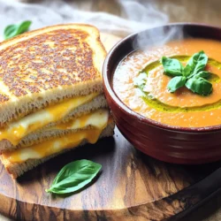 - 4 slices of artisan sourdough bread - 1 cup sharp cheddar cheese, grated - ½ cup mozzarella cheese, grated - 2 tablespoons unsalted butter, softened - 1 teaspoon garlic powder - 1 teaspoon fresh basil, chopped (or ½ teaspoon dried basil) - Salt and pepper to taste - 1 can (14 oz) diced tomatoes - 1 cup vegetable broth - ½ onion, diced - 1 clove garlic, minced - 1 teaspoon olive oil - 1 teaspoon sugar (optional, to balance acidity) - Fresh basil leaves for garnish When I prepare this meal, I focus on using fresh ingredients. The bread needs to be sturdy, like sourdough. It holds the melted cheese well. For the cheese, I love a mix of sharp cheddar and mozzarella. This blend gives a rich flavor and great stretch. For the soup, diced tomatoes offer a bright base. Using vegetable broth deepens the flavor. Don’t skip the onion and garlic; they add warmth and depth. If you like a sweeter soup, the sugar can help balance the acidity of the tomatoes. Fresh basil leaves make a lovely garnish and enhance the taste. You can find the detailed cooking steps in the Full Recipe. Enjoy every bite of this comforting meal! Sautéing Onion and Garlic Start by heating olive oil in a medium saucepan over medium heat. When the oil shimmers, add the diced onion and minced garlic. Sauté them for about five minutes. The onion should turn translucent and fragrant. Cooking and Blending the Soup Next, pour in the canned diced tomatoes and vegetable broth. If you like, add sugar to balance the acidity. Bring the mixture to a gentle simmer. Reduce the heat and let it cook for 15 to 20 minutes. This allows the flavors to develop. After that, use an immersion blender to puree the soup until smooth. If you do not have one, transfer the mixture to a countertop blender in batches. Seasoning and Keeping Warm Once blended, season the soup with salt, pepper, and fresh basil. Adjust to your taste. Keep the soup warm on low heat while you prepare the grilled cheese. Buttering the Bread Take your softened butter and spread a generous layer on one side of each slice of sourdough bread. This will help create a crispy crust. Layering the Cheese and Seasonings On the unbuttered side of two slices, start layering the grated sharp cheddar. Follow it with the mozzarella. Sprinkle garlic powder and fresh basil over the cheese to add flavor. Forming the Sandwiches Top the cheese layers with the remaining slices of bread, buttered side facing up. This forms two sandwiches that are ready for grilling. Preheating the Skillet Preheat a large skillet over medium heat until hot. This step is key for even cooking. Cooking Time and Techniques Carefully place the assembled sandwiches into the skillet. Grill them for about three to four minutes on each side. They should turn golden brown and the cheese should melt beautifully. Use a spatula to press down gently for even grilling. Achieving Perfect Melting Keep an eye on the sandwiches to avoid burning. When done, the cheese should ooze slightly. Transfer the sandwiches to a cutting board and slice them diagonally to make them look inviting. Enjoy your grilled cheese with that warm, creamy tomato soup for a classic, comforting meal. The full recipe can guide you through the whole process with ease. Choosing the Best Bread I love using artisan sourdough for grilled cheese. It has a nice crust and soft inside. Other good choices are whole grain or classic white bread. The bread should hold up to the cheese and butter. Cheese Melting Tips For the best melt, mix cheeses. I recommend sharp cheddar and mozzarella. Cheddar gives a strong flavor, while mozzarella adds stretch. Grate the cheese for easy melting. Layer it thick for a gooey bite. Adjusting Cooking Temperature Set your skillet to medium heat. If it’s too hot, the bread burns before the cheese melts. If it’s too low, the sandwich takes too long. Cook for about 3 to 4 minutes on each side. Keep an eye on it for a perfect golden crust. Adding Herbs and Spices Fresh herbs make a big difference. I love adding basil and a pinch of oregano. You can also try thyme or parsley. These spices brighten the soup’s flavor and add depth. Customizing Texture and Flavor You can make the soup smooth or chunky. If you like it smooth, use an immersion blender. For a chunkier soup, skip the blending step. Adding a splash of cream gives it a rich texture. Serving Temperature Tips Serve the soup warm, but not boiling. Heat it gently on low. A perfect serving temperature enhances the flavors. I like to garnish with fresh basil leaves for a pop of color. For a complete guide, check out the [Full Recipe]. {{image_4}} Adding Different Cheeses You can switch up the cheeses for more fun. Try gouda or pepper jack. Goat cheese adds a creamy touch. Fontina melts beautifully and offers a rich taste. Incorporating Vegetables or Meats Want to add more? Consider adding fresh spinach or sautéed mushrooms. You can also layer in cooked bacon or sliced turkey. These additions boost flavor and make the meal heartier. Changing Up the Bread Types Don’t stick to just sourdough. Try whole grain or rye for a twist. Even a soft brioche can make it special. Each type of bread gives a new flavor and texture. Creamy Tomato Soup Ideas For a creamy soup, add heavy cream or a splash of milk. This makes the soup rich and smooth. You can also blend in some cream cheese for extra creaminess. Spicy Tomato Soup Modifications Want a kick? Add red pepper flakes or a dash of hot sauce. You can also stir in fresh jalapeños for heat. This makes the classic soup exciting and bold. Alternate Accompaniments Instead of bread, serve your soup with crackers or a fresh salad. Grilled veggies on the side add color and taste. Try a classic Caesar salad for a crunchy pair. For the full recipe, check out the Gourmet Grilled Cheese Delight with Creamy Tomato Bliss. Grilled Cheese Storage Tips To keep your grilled cheese fresh, wrap it tightly in plastic wrap or foil. This helps keep moisture in and stops it from getting stale. Store it in the fridge for up to three days. If you want to keep it longer, freeze it. Just make sure to wrap it well. Thaw it in the fridge before reheating. Tomato Soup Storage Tips For tomato soup, let it cool completely before storing. Pour it into an airtight container. It can last in the fridge for about four days. If you want to store it longer, freeze it in portions. Use freezer bags or containers, and label them with the date. This way, you can enjoy your soup later! Best Methods for Grilled Cheese To reheat grilled cheese, the best way is in a skillet. Heat the skillet over medium-low heat. Place the sandwich in the skillet and cover it with a lid. This helps the cheese melt while the bread gets crispy. Cook for about 3-5 minutes on each side. Effective Ways to Reheat Soup For reheating tomato soup, use a saucepan. Pour the soup in and heat it over medium heat. Stir it often to avoid burning. If you prefer, you can also use a microwave. Just pour the soup into a microwave-safe bowl, cover it, and heat for about 1-2 minutes. Stir halfway through to ensure even heating. Enjoy your delicious grilled cheese with tomato soup! For the full recipe, check out the [Full Recipe]. To make the best grilled cheese, you need to avoid some common mistakes. - Mistake 1: Using low-quality bread. Choose a thick, crusty bread like artisan sourdough. - Mistake 2: Skipping the butter. Always butter the outside of the bread for a crisp crust. - Mistake 3: Cooking on high heat. Use medium heat for even melting of cheese. For essential cooking tips, remember: - Use a mix of cheeses for depth. Sharp cheddar and mozzarella work well together. - Press down lightly on the sandwich while grilling. This helps the cheese melt evenly. - Flip the sandwich carefully to avoid spilling cheese. Tomato soup pairs well with several side dishes. - Grilled Cheese: This classic is a must! - Crackers or Breadsticks: Great for dipping into the soup. - Cheese Platter: Add some cured meats and cheeses for an appealing spread. For salad pairings, consider: - Caesar Salad: The crisp greens balance the soup's creaminess. - Mixed Greens: Toss with a light vinaigrette for freshness. Yes, both grilled cheese and tomato soup can be frozen. - Freezing Recommendations: For grilled cheese, wrap each sandwich tightly in plastic wrap and then in foil. For soup, let it cool, then pour it into an airtight container. - Thawing and Reheating Guidelines: Thaw sandwiches in the fridge overnight. Reheat in a skillet. For soup, thaw in the fridge, then heat on the stove or in the microwave. To enhance flavor, consider these essential ingredients: - For Grilled Cheese: - Fresh herbs like basil or thyme add freshness. - A sprinkle of garlic powder boosts flavor. - For Tomato Soup: - Add a splash of cream for richness. - A teaspoon of sugar balances the acidity of tomatoes. Popular add-ins for both dishes include: - Grilled Cheese Add-ins: Sautéed mushrooms or spinach can add a twist. - Tomato Soup Add-ins: Roasted red peppers or a dash of hot sauce can spice things up. For the full recipe, check out the details above to create this comforting meal! In this post, I shared how to make the perfect grilled cheese and tomato soup. You learned about the key ingredients and step-by-step instructions to cook both dishes. I also provided tips to enhance flavors and storage advice for leftovers. These classics are easy to make and great for sharing. Enjoy making your own delicious versions at home. You can customize them to fit your taste. Simple and fun meals like these never go out of style.