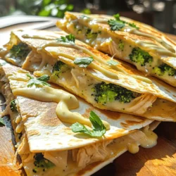- 2 cups cooked chicken, shredded - 1 cup fresh broccoli florets, steamed and finely chopped - 1 cup Alfredo sauce (store-bought or homemade) - 2 cups shredded mozzarella cheese - 4 large flour tortillas - 1 tablespoon olive oil - 1 teaspoon garlic powder - 1 teaspoon onion powder - Salt and pepper to taste - Fresh parsley, chopped (for garnish) For this Chicken and Broccoli Alfredo Quesadilla, you will need simple yet tasty ingredients. First, gather your main ingredients. Cooked chicken provides protein and flavor. Broccoli adds a nice crunch and nutrition. Alfredo sauce brings creaminess to the mix. Next, you need some extra components. Mozzarella cheese melts beautifully and makes everything cheesy. Flour tortillas hold it all together and create that quesadilla shape. A little olive oil helps achieve a golden crust. Finally, don’t forget the seasonings. Garlic powder and onion powder add depth to your filling. Salt and pepper can bring out all the flavors. Use fresh parsley on top for a pop of color and taste. You can find the complete cooking process in the Full Recipe. This setup ensures each bite is delicious and satisfying. - Combine the chicken, broccoli, Alfredo sauce, and seasonings in a bowl. - Mix well until everything is coated evenly. - Heat a skillet and add olive oil. - Place one tortilla in the skillet. Layer half of the chicken and broccoli mixture on it. - Sprinkle one cup of shredded mozzarella cheese on top. - Place another tortilla on top and press down gently. - Cook for about 3-4 minutes until golden brown. Then, flip it over carefully. - Cook for another 3-4 minutes until both sides are crispy. - Slice the quesadilla into wedges. Serve warm and enjoy! For the full recipe, check the details above. To make the best chicken and broccoli Alfredo quesadilla, a non-stick skillet is key. This helps your quesadilla cook evenly without sticking. When you fill your quesadilla, don’t overload it. Too much filling makes flipping hard. Keep it simple for a perfect golden crust. To boost the taste, you can add spices. Red pepper flakes give heat and zing. You can also mix in other veggies like bell peppers or spinach. If you want more protein, try adding shrimp or turkey. Each change can make a new dish that’s just as tasty. Serving your quesadilla can be fun! Pair it with dips like salsa or sour cream for extra flavor. A fresh salad on the side adds crunch and freshness. This makes a complete meal that everyone will enjoy. You can find more ideas in the Full Recipe. {{image_4}} You can switch the chicken for turkey or shrimp. Both options give a nice twist. If you prefer a vegetarian option, try using tofu. Tofu absorbs flavors well and adds protein. Get creative with your sauces! You can use garlic Alfredo or parmesan Alfredo for a new taste. If you want a change, try a white sauce or a simple cheese sauce. Each sauce can add something special to your quesadilla. Think about the tortillas you use. Whole wheat or spinach tortillas add more nutrition. If you need a gluten-free option, choose gluten-free tortillas. They work great and taste delicious too. To keep your Chicken and Broccoli Alfredo Quesadilla fresh, store it in an airtight container. Place it in the refrigerator right after it cools down. It tastes best when you eat it within 3-4 days. This way, you enjoy the flavor and quality without any loss. If you want to save some for later, freezing works great. You can freeze the quesadillas after you cook them. They last up to 2 months in the freezer. To reheat, just take them out and place them directly on a skillet or in the microwave. This makes for a quick meal that tastes just as good as fresh! Yes, try cheddar or a Mexican blend for different flavors. Each cheese brings its own taste. For a milder flavor, use Monterey Jack. If you like stronger flavors, consider blue cheese or feta. Mixing cheeses can also create a nice blend. Use less cheese or incorporate more vegetables for added nutrition. You can add spinach, bell peppers, or zucchini. These veggies boost vitamins and minerals. You can also use a low-fat Alfredo sauce. Swapping the tortillas for whole grain options adds more fiber. Pair with a light salad, guacamole, or a refreshing beverage. A simple green salad adds crunch and freshness. Guacamole adds creaminess, while drinks like iced tea or lemonade complement the flavors. You could also serve it with salsa for a tangy twist. Look for a golden brown color and melted cheese as signs it's ready to serve. The edges should crisp up nicely. When you cut it, the cheese should stretch. If it looks golden and feels firm, it’s time to enjoy! This blog post shared a simple recipe for Chicken and Broccoli Alfredo Quesadillas. We explored key ingredients and step-by-step cooking instructions. I offered tips to enhance flavor and suggested variations to suit your taste. Don’t forget to store leftovers properly and try different cheeses or sauces. You can easily customize this dish for your family's needs. Enjoy crafting these delicious quesadillas, and make them your own with fun twists!