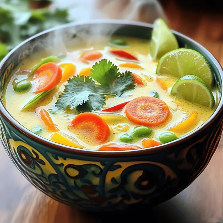 To make a tasty Thai Coconut Curry Soup, you need some key ingredients: - 1 tablespoon coconut oil - 1 medium onion, finely chopped - 4 cloves garlic, minced - 1 tablespoon fresh ginger, finely grated - 2 tablespoons red curry paste - 1 can (14 oz) coconut milk - 4 cups vegetable broth - 1 cup carrots, thinly sliced - 1 cup bell peppers, sliced (mix of red and yellow) - 1 cup sugar snap peas, trimmed - 1 tablespoon soy sauce (or tamari for gluten-free) - 1 tablespoon freshly squeezed lime juice - Salt and freshly ground black pepper to taste - Fresh cilantro leaves, for garnish - Lime wedges, for serving These ingredients create a rich and creamy soup packed with flavor. You can make your soup even better with these garnishes: - Chopped green onions - Sliced red chili for heat - Crushed peanuts for crunch - Extra lime juice for zing These options add more layers to your dish, making it even more special. If you have dietary needs, you can swap some ingredients: - Use olive oil instead of coconut oil for a different flavor. - Replace red curry paste with yellow curry paste for a milder taste. - Substitute vegetable broth with chicken broth for a non-vegetarian option. - Use tofu or chickpeas if you want a protein boost. These substitutions keep the soup delicious while meeting your needs. For the full recipe, refer to the recipe section above. Start by heating the coconut oil in a large pot over medium heat. Once it melts, add the finely chopped onion. Sauté the onion for about 3-4 minutes until it turns soft and clear. This step builds the foundation of flavor. Next, add the minced garlic and freshly grated ginger. Cook this mix for another 1-2 minutes. You’ll smell the wonderful aromas filling your kitchen. Now it’s time to add the red curry paste. Stir it into the pot, mixing well with the onions. Let it cook for about 2 minutes. This helps the spices release their flavors. After that, pour in the coconut milk and vegetable broth. Stir until everything blends into a creamy mixture. This is where the magic begins! Add the sliced carrots, bell peppers, and sugar snap peas to the pot. Increase the heat slightly and bring the soup to a gentle simmer. Once it starts bubbling, reduce the heat to low. Let the soup simmer for 10-15 minutes. You want the veggies to become tender but still vibrant. Stir in the soy sauce and fresh lime juice. Taste your soup and adjust salt and black pepper as needed. Let it rest for a few minutes before serving. Enjoy the warm, comforting flavors! For the complete recipe, check the [Full Recipe]. To make your Thai Coconut Curry Soup even better, use fresh herbs. Fresh cilantro brightens the dish. You can also add fresh basil for extra flavor. Lime juice adds a zesty kick that balances the creaminess of coconut milk. For heat, a pinch of red pepper flakes adds spice without overpowering the dish. Having the right tools helps you cook with ease. Use a large, heavy-bottom pot to heat your soup evenly. A sharp knife makes chopping vegetables simple and safe. A wooden spoon is perfect for stirring without scratching your pot. Measuring cups and spoons ensure you use the right amounts of each ingredient. A blender is handy if you want a smoother soup. Presentation makes a meal special. Serve your soup in bright, colorful bowls. Top it with extra cilantro leaves for a fresh look. Place lime wedges on the rim of the bowl for fun. You can also add a sprinkle of chopped peanuts for crunch. This not only looks great but gives your guests options to customize their meal. For the full recipe, check out the Tropical Thai Coconut Curry Soup section. {{image_4}} To make the Thai coconut curry soup vegetarian or vegan, swap the broth. Use vegetable broth instead of chicken broth. The coconut milk gives a creamy texture. You can add more veggies like zucchini or mushrooms. They absorb flavors well and add more nutrients. You can add protein to your soup for a more filling meal. Tofu is a great choice for vegans. Use firm tofu for the best texture. Just cube it and add it when you add the vegetables. For meat lovers, add chicken or shrimp. Cook the chicken until it's no longer pink. For shrimp, add them in the last few minutes. They cook fast and stay tender. Not everyone likes spicy food. If you want less spice, use less curry paste. Start with one tablespoon and taste as you go. You can also add coconut milk to cool it down. If you love heat, add more curry paste or fresh chili. Fresh herbs like Thai basil can also add a nice kick. Play with the spice level until it’s just right for you. For the full recipe, check out the Tropical Thai Coconut Curry Soup. After enjoying your Thai Coconut Curry Soup, store leftovers quickly. Let the soup cool down to room temperature first. Then, pour it into an airtight container. Make sure to seal it well. Label the container with the date. This helps you track how long it stays fresh. It’s best to eat leftovers within three days for optimal taste and safety. When you’re ready to enjoy your soup again, choose a gentle reheating method. You can use the stove or microwave. If using the stove, pour the soup into a pot. Heat it over medium-low heat. Stir often to prevent burning. If using a microwave, place the soup in a microwave-safe bowl. Cover it loosely to allow steam to escape. Heat in short bursts, stirring in between, until hot. This keeps the flavor rich and the texture smooth. If you want to save your soup for later, freezing works great. Use a freezer-safe container or a heavy-duty freezer bag. Leave some space at the top, as soup expands when it freezes. It’s best to consume frozen soup within three months for the best flavor. To defrost, move it to the fridge overnight. You can also use the microwave on the defrost setting. Then, reheat as mentioned above. Enjoy your delicious soup anytime! You can serve this soup with many tasty sides. Try jasmine rice for a soft touch. It soaks up the broth well. Naan bread is another great option. It’s perfect for dipping. You might also enjoy fresh spring rolls. They add a crunchy contrast. A light salad could brighten your meal too. Just add some lime juice for zing. To tone down the heat, use less curry paste. Start with one tablespoon instead of two. You can also add more coconut milk. This will make the soup creamier and milder. Another option is to add sugar. A teaspoon can help balance the spice. If it’s still too hot, serve it with rice. This will help cool down each bite. Yes, you can swap in many veggies. Zucchini, broccoli, or spinach work well. Just cut them into small pieces. Add them at the same time as the carrots. This keeps them crisp and colorful. You can also use frozen veggies if fresh ones are not on hand. Just be sure to thaw and drain them first. This will avoid extra water in the soup. You can find the full recipe for more tips. This blog post covered how to make delicious Thai Coconut Curry Soup. We explored essential ingredients, cooking instructions, and tips to enhance flavor. You can adjust spice levels and substitute for dietary needs. Don't forget the garnishes for a nice touch. Store leftovers to enjoy later and reheat to keep the flavors bright. Whether you prefer tofu, shrimp, or veggies, this soup is flexible. Hopefully, you feel ready to create your own tasty version! Enjoy cooking this comforting dish!