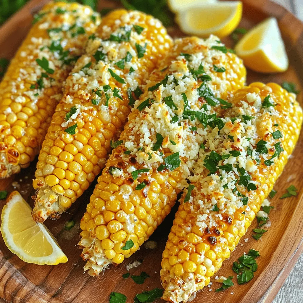 To make the best Garlic Parmesan Roasted Corn, gather these key items: - 4 ears of fresh corn, husked - 3 tablespoons unsalted butter, melted - 4 cloves garlic, finely minced - 1/2 teaspoon smoked paprika - 1/4 teaspoon cayenne pepper (optional for an extra kick) - 1/2 cup freshly grated Parmesan cheese - 2 tablespoons fresh parsley, finely chopped - Salt and freshly ground black pepper to taste - Lemon wedges, for serving These ingredients create a tasty flavor blend. The corn shines with its sweet and crunchy texture. Garlic adds depth, while Parmesan gives a rich, cheesy taste. You can add a few fun extras to boost the taste: - A squeeze of fresh lime juice for zest - Crushed red pepper flakes for more heat - A sprinkle of chili powder for a smoky twist Feel free to mix and match these options. They can elevate the dish and make it your own! Using the right tools makes cooking easier. Here are some must-haves for this recipe: - Baking sheet lined with parchment paper or foil - Basting brush for even coating - Sharp knife to husk the corn - Small mixing bowl for the garlic butter mixture Having these tools ready will help you create the perfect Garlic Parmesan Roasted Corn. For the complete recipe, check out the Full Recipe section. Start by preheating your oven to 425°F (220°C). This heat is key for roasting corn evenly. Next, husk the corn. Remove all silk and husks to expose the kernels. Rinse each ear under cold water to clean off any dirt. After cleaning, pat the corn dry with a paper towel. This helps the butter stick better. In a small bowl, melt three tablespoons of unsalted butter. Add four cloves of finely minced garlic to the melted butter. Mix in half a teaspoon of smoked paprika. If you like a bit of heat, add a quarter teaspoon of cayenne pepper. Season this mixture with salt and freshly ground black pepper. Whisk it all together until well combined. This will give your corn a rich flavor. Place the husked corn on a large baking sheet lined with parchment paper. Use a basting brush to coat each ear of corn with the garlic butter mixture. Make sure to cover all sides. Then, sprinkle half a cup of freshly grated Parmesan cheese over the corn. Gently press the cheese onto the corn to help it stick. Roast the corn in your preheated oven for 20 to 25 minutes. Turn the ears halfway through to ensure even cooking. The corn is ready when it is tender and golden brown. Once done, take the corn out and sprinkle chopped parsley on top. Serve it hot with lemon wedges on the side. Squeezing lemon juice over the corn adds a lovely zesty touch. For the full recipe, refer to the section above. Choose sweet, fresh corn for the best flavor. Look for bright green husks. The silk should be soft and brown. The kernels should feel firm and plump when pressed. Fresh corn has a sweet scent. You want sweet corn for this dish. Roasting corn at high heat gives it a nice golden color. Preheat your oven to 425°F (220°C). This step is key for roasting. Use a basting brush to coat the corn well with garlic butter. Make sure to turn the corn halfway through cooking. This helps it cook evenly. Roast for 20-25 minutes until tender and golden. Serve Garlic Parmesan Roasted Corn hot for the best taste. It pairs well with grilled meats, salads, or rice dishes. Adding lemon wedges on the side brightens the flavor. You can also sprinkle extra herbs on top for color. Try serving with a cool dip to balance the warm corn. For more on how to make this dish, check the Full Recipe. {{image_4}} Want some heat? Try adding more cayenne pepper. This adds a nice kick. You can also use a hot sauce. Just mix it into the garlic butter. This spicy twist makes your taste buds dance. For a fresh flavor, add herbs. You can use thyme, basil, or oregano. Chop them finely and add to the garlic butter mix. This gives the corn a fragrant taste. It pairs well with the cheese and garlic. Each bite will be full of flavor. Grilling corn brings out its natural sweetness. To make this, soak the corn in water for 30 minutes. Then, coat it with the garlic butter. Grill on medium heat for about 15-20 minutes. Turn often until you see nice grill marks. Finish with cheese and parsley when it's done. This method adds a smoky taste that is simply delicious. For the full recipe, check out the detailed steps earlier. To store leftover roasted corn, let it cool first. Wrap each ear in plastic wrap or foil. Place the wrapped corn in an airtight container. This keeps it fresh and tasty. Store it in the fridge for up to three days. The best way to reheat roasted corn is in the oven. Preheat your oven to 350°F (175°C). Remove the corn from its wrapping and place it on a baking sheet. Cover it with foil to keep it moist. Heat for about 10-15 minutes. You can also reheat it in the microwave. Place the corn on a microwave-safe plate. Cover it with a damp paper towel. Heat for 2-3 minutes or until warm. You can freeze garlic Parmesan roasted corn for later use. First, let the corn cool completely. Cut the kernels off the cob for easy storage. Place the kernels in a freezer-safe bag. Remove as much air as possible before sealing. This will help prevent freezer burn. You can freeze the corn for up to six months. When ready to enjoy, thaw it in the fridge overnight before reheating. For the full recipe, check the recipe section above. Enjoy your delicious garlic Parmesan roasted corn! Yes, you can use frozen corn instead of fresh corn. Just make sure to thaw it first. Drain any excess water before using it. This will help the flavors stick better. The cooking time might be a bit shorter, so watch it closely. If you don't have Parmesan cheese, try using Pecorino Romano. It has a similar taste but is a bit saltier. You can also use nutritional yeast for a dairy-free option. It adds a cheesy flavor without the milk. To make Garlic Parmesan Roasted Corn vegan, replace the butter with olive oil or vegan butter. For cheese, use nutritional yeast or a vegan cheese alternative. These swaps keep the dish tasty while fitting a plant-based diet. You can still enjoy all the rich flavors! For the full recipe, check out the details above! Garlic Parmesan Roasted Corn is easy and tasty! We covered the key ingredients, steps, and tools needed. You can add your favorite flavors or try different methods like grilling. I shared tips for choosing fresh corn and serving it well. If you have leftovers, I explained how to store and reheat them. Remember, cooking should be fun. Experiment with this recipe to find your perfect twist!