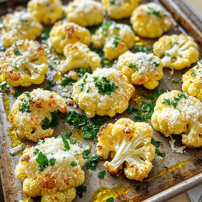 - Cauliflower florets - Olive oil - Garlic - Parmesan cheese Garlic Parmesan Roasted Cauliflower is simple yet packed with flavor. The main ingredient is cauliflower. Use fresh cauliflower florets for the best taste. They need to be cut into bite-sized pieces. Next, you will need olive oil. This oil helps to cook and crisp the cauliflower. It also adds a rich flavor. I recommend using extra virgin olive oil for the best results. Garlic is the next key ingredient. Fresh garlic cloves add a nice kick and depth. Be sure to mince them finely so they spread evenly. Finally, Parmesan cheese brings a savory richness. Use freshly grated Parmesan for the best melting and flavor. It creates a golden crust that you will love. - Italian seasoning blend - Salt and black pepper Seasonings are essential to boost flavor. An Italian seasoning blend adds herbs and spices that complement the cauliflower. It includes basil, oregano, and thyme. Salt and black pepper are must-haves in any dish. They enhance all the other flavors. Use them to your taste. - Fresh parsley For a pop of color and freshness, add fresh parsley. It brightens the dish and adds a nice touch. Just chop it finely and sprinkle it on top before serving. For the complete method to make this dish, check the Full Recipe. - Preheat the oven to 425°F (220°C). This prepares it for roasting. - Coat the cauliflower florets in olive oil. This helps them crisp up nicely. - Add minced garlic and Italian seasoning to the bowl. This brings out great flavor. - Toss to ensure even coating. Make sure every piece is covered well. - Spread the florets evenly on a baking sheet. This helps them cook evenly. - Roast initially for 20 minutes. The cauliflower should start to brown. - Sprinkle Parmesan on top and roast again for 10-15 minutes. This melts the cheese into a tasty crust. Enjoy the delightful smell as your Garlic Parmesan Roasted Cauliflower cooks! For the full recipe, refer to the earlier section. To get the best result, spread the cauliflower in a single layer on the baking sheet. This helps each piece roast evenly. If you want softer cauliflower, adjust the roasting time. Cooking it longer makes it tender, while a shorter time keeps it crunchy. Want to add some zing? Try adding lemon zest or a pinch of chili flakes. Both options give a bright kick. You can also switch up the cheese. If you love a sharper taste, try using Pecorino Romano instead of Parmesan. Dipping sauces can elevate your dish. Try ranch or a garlic aioli for a tasty side. You can serve this dish as a side to your main course or as a fun appetizer at parties. It is versatile and sure to please everyone. For the full recipe, check out Garlic Parmesan Roasted Cauliflower. {{image_4}} To make this dish vegan, substitute the Parmesan with nutritional yeast. Nutritional yeast gives a cheesy flavor without using dairy. It is rich in vitamins and adds a nice texture. Use the same amount as the cheese in the recipe. This makes the dish creamy and delicious. You can change the flavors by adding different spices. Try smoked paprika for a warm taste. Cumin also adds a nice earthy flavor. Fresh herbs like thyme or rosemary can brighten the dish. Chop them finely and mix them in with the cauliflower for a fresh twist. For more texture, add other vegetables. Carrots add a sweet crunch, while bell peppers give a nice color. Cut them into bite-sized pieces and mix them with the cauliflower. This not only enhances the taste but also makes your dish more colorful and fun. After enjoying your Garlic Parmesan Roasted Cauliflower, store any leftovers in an airtight container. This keeps the veggies fresh and tasty. Place them in the fridge for up to three days. Make sure the container seals well to lock in flavors. For the best texture, reheat your cauliflower in the oven. Set it to 350°F (175°C) and heat for about 10 minutes. This helps the cheese crisp up again. If you're in a hurry, you can use a microwave. Heat it for about 1-2 minutes, but the texture won’t be as great. If you want to store it for longer, freeze the cauliflower before roasting. This way, you can keep it fresh for about three months. Just remember to thaw it in the fridge before cooking. Thawing helps the cauliflower roast evenly, ensuring that perfect garlic and cheese flavor. For the full recipe, check out the details above! Garlic Parmesan Roasted Cauliflower can last about 3 to 5 days in the fridge. Store it in an airtight container. Make sure it cools before sealing to avoid moisture. This keeps it fresh and tasty. If you notice any off smells or changes in texture, it’s best to toss it. Yes, you can use frozen cauliflower! Just make sure to thaw it completely and pat it dry. This helps avoid excess moisture during roasting. Frozen cauliflower may not get as crispy as fresh, but it still tastes great. Adjust the roasting time slightly since frozen florets can take longer to cook. Garlic Parmesan Roasted Cauliflower pairs well with many main dishes. Try it with grilled chicken or fish for a fresh twist. It also goes great with pasta or quinoa. For a vegetarian option, serve it with a hearty salad or a grain bowl. You can even use it as a fancy side for a holiday meal. Garlic Parmesan Roasted Cauliflower is a simple and tasty dish. We explored the best ingredients, and I shared step-by-step instructions. You learned how to get the perfect roast and spice it up with optional herbs. In the end, this dish is not just a side; it can shine as a main. Use your creativity to change it up! Whether for dinner or a party, enjoy the ease and flavor of this recipe.