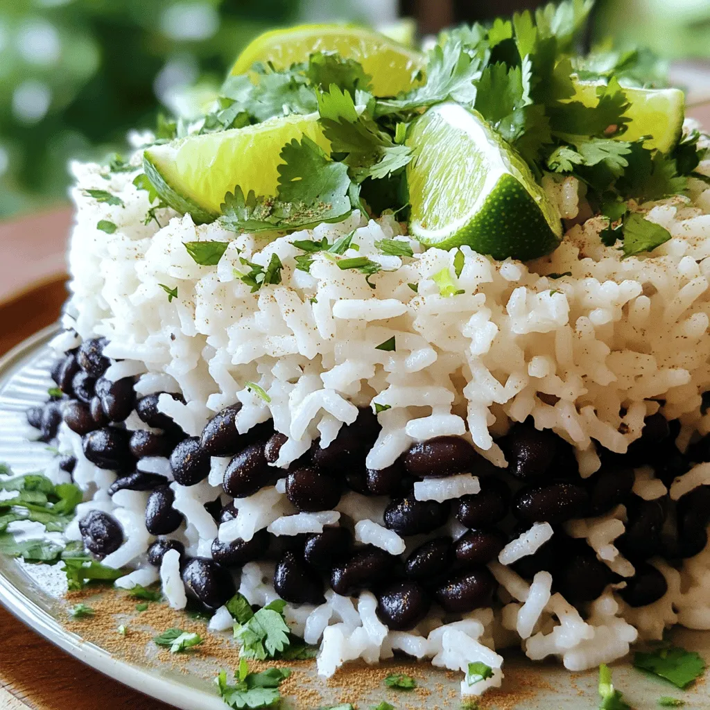 To make this dish pop with flavor, you need a few key ingredients. Here’s what you’ll need: - 1 cup jasmine rice - 1 can (15 oz) black beans, drained and rinsed - 2 cups vegetable broth - 1 fresh lime (for zest and juice) - 1/4 cup fresh cilantro, finely chopped - 1 tablespoon olive oil - 1 garlic clove, minced - 1/2 teaspoon ground cumin - Salt and freshly ground black pepper, to taste These ingredients work together to create a tasty and vibrant side dish. If you want to take the flavor up a notch, consider adding these optional ingredients: - Chopped red onion for sweetness - Diced tomato for freshness - Jalapeño for heat - Corn for a sweet crunch These ingredients can enhance your dish and give it your unique twist. Choosing fresh ingredients makes a big difference in taste. Here are some tips to help you: - Rice: Look for jasmine rice that is clean and free of holes. - Beans: Choose canned beans with no added sugar or preservatives. - Lime: Pick limes that are heavy for their size and have smooth skin. - Cilantro: Select bright green cilantro with no wilting or yellowing leaves. Fresh ingredients will ensure your cilantro lime rice and beans taste their best. For the full recipe, check out the complete guide provided. Start by rinsing the jasmine rice. Place it in a fine mesh strainer. Run cold water over the rice until the water runs clear. This step removes excess starch. It helps the rice become fluffy when cooked. Next, heat olive oil in a medium pot over medium heat. Once the oil is hot, add minced garlic. Sauté it for about one minute until fragrant. Be careful not to burn the garlic. Then, add the rinsed rice and ground cumin to the pot. Stir well to coat the rice with the garlic and oil. Toast the rice for about two to three minutes. You want it to become aromatic but not brown. After that, pour in the vegetable broth. Bring it to a boil. Once boiling, reduce the heat to low and cover the pot. Let it simmer for about 15 minutes until the rice is tender and has absorbed all the liquid. While the rice cooks, warm the black beans in a small saucepan over low heat. Add lime juice, lime zest, and a pinch of salt and pepper. Stir gently for about five minutes until warmed through. Once the rice is ready, let it sit covered for five minutes. Then, fluff the rice with a fork. Stir in the chopped cilantro and taste. Adjust the seasoning if needed. To serve, spoon the zesty rice onto plates. Top with a generous scoop of black beans. Garnish with more cilantro and lime wedges for an extra pop of flavor. For the full recipe, check out the complete guide above! To make fluffy rice, start with rinsing the jasmine rice. Rinse it until the water runs clear. This step removes extra starch. It helps make the rice soft and fluffy. After rinsing, toast the rice in olive oil and garlic. This adds flavor and texture. When adding broth, bring it to a boil before lowering the heat. Cover the pot and let it simmer. Don't lift the lid while it cooks. This helps keep the steam inside, which cooks the rice evenly. Fresh herbs are key to boosting flavor. Cilantro adds a bright, fresh taste to the dish. Chop it finely before mixing it into the rice. You can also add lime zest for a citrus kick. Lime juice brightens the beans as well. The combination of herbs and citrus makes each bite vibrant. Feel free to play with herbs like parsley or mint. Experimenting can lead to new flavor profiles. The spice level can change how the dish tastes. Start with ground cumin, which adds warmth. If you want more heat, consider adding chili powder or cayenne. Start with a small amount and taste as you go. This lets you control the heat better. Always remember to season with salt and pepper. Adjusting these can enhance all the flavors. Making it just right for your taste is key. {{image_4}} Cilantro lime rice and beans is a great vegetarian dish. You can keep it simple or add more veggies. For a heartier meal, mix in diced bell peppers, corn, or zucchini. These add color and taste. You could also include chopped spinach or kale for extra nutrients. Want to make it healthier? Swap jasmine rice for brown rice. Brown rice has more fiber and nutrients. If you need more protein, add quinoa instead of rice. You can also use low-sodium vegetable broth for less salt. If you have a lime allergy, try lemon juice for a similar flavor. This dish pairs well with many items. Serve it as a side with grilled chicken or fish. It also works great with tacos or burritos. For a complete meal, top it with sliced avocado or a dollop of sour cream. You can even enjoy it as a filling for wraps. Explore the full recipe to create this flavorful dish today! You can store leftover cilantro lime rice and beans in an airtight container. Make sure to cool it down first, then seal it tightly. This dish lasts about three to four days in the fridge. Keep an eye on the beans; they may spoil faster. If you see any changes in smell or texture, it’s best to toss them. When reheating, add a splash of water or broth to keep the rice moist. Heat in a microwave-safe bowl, covered, for about one to two minutes. Stir halfway through to ensure even heating. You can also reheat on the stove. Just warm it over low heat, stirring frequently to avoid sticking. Enjoy it just like fresh! To freeze cilantro lime rice and beans, place it in freezer bags. Squeeze out as much air as possible before sealing. Label the bags with the date. This dish can freeze well for up to three months. When ready to eat, thaw it in the fridge overnight. Reheat it straight from the fridge or microwave until hot. Enjoy the flavors just like the first time! To make this recipe vegan, simply swap the vegetable broth for water. Use a high-quality vegetable broth if you prefer added flavor. All other ingredients, like rice and beans, are already plant-based. This keeps your dish light and fresh while still being delicious. Yes, you can use brown rice instead of jasmine rice. However, brown rice takes longer to cook, about 40-45 minutes. Be sure to adjust your liquid amounts as well. Use 2.5 cups of vegetable broth for each cup of brown rice. This change gives you a nuttier flavor and a chewier texture. Cilantro lime rice and beans can last up to 4 days in the fridge. Store them in an airtight container to keep them fresh. When you're ready to eat, just reheat in the microwave or on the stove. This makes it easy to enjoy your tasty side dish any time! Cilantro lime rice and beans make a tasty dish. We covered all the key ingredients you need for great flavor. You learned how to cook fluffy rice and combine it with beans. We shared tips for fresh herbs, spice levels, and how to store leftovers. Try the variations for fun twists on the dish. Remember, you can customize it to your taste. Enjoy cooking and sharing this simple, delicious meal!