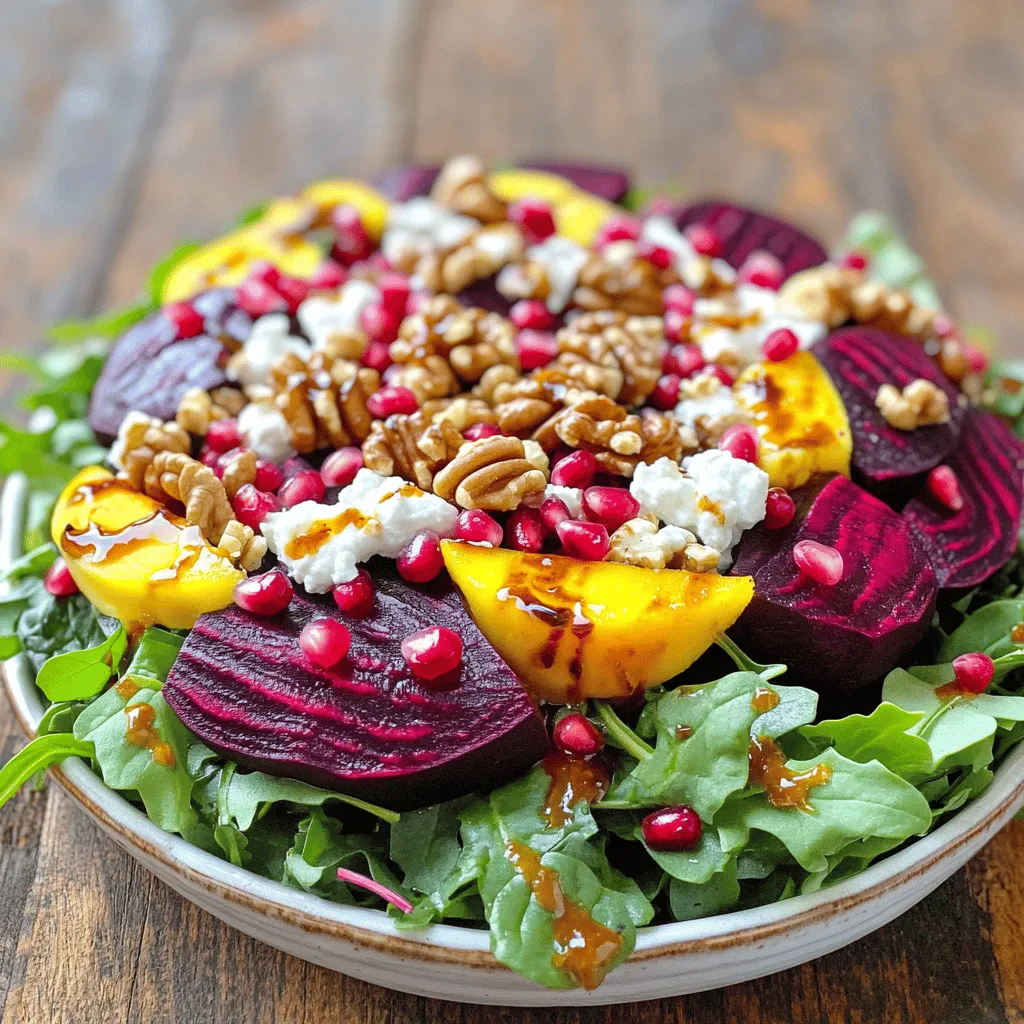 - 4 medium-sized beets, scrubbed and trimmed - 4 cups of mixed greens (arugula, spinach, kale) - 1/2 cup of creamy goat cheese, crumbled - 1/4 cup of walnuts, toasted - 1/4 cup of pomegranate seeds - 1/4 cup of extra-virgin olive oil - 2 tbsp of balsamic vinegar - 1 tbsp of honey - Salt and black pepper to taste When I make this roasted beet and goat cheese salad, I love to focus on the colors and flavors. The earthiness of roasted beets pairs so well with the creamy goat cheese. The nuts and pomegranate seeds add crunch and sweetness. You can feel the freshness from the greens, too. This salad is a real celebration of flavors. - Fresh herbs for decoration - Lemon wedges for serving For added flair, I often use fresh herbs as a garnish. They not only look nice but also add a burst of flavor. Lemon wedges are great for squeezing over the salad. They bring brightness that enhances every bite. You can find the full recipe for this salad in the recipe section. - Preheat your oven to 400°F (200°C). - Wrap each beet in aluminum foil and place them on a baking tray. Roast for about 45 to 60 minutes. The beets should feel soft when you poke them with a fork. - Once roasted, let the beets cool for a bit. Then, peel the skin off. It’s easy to do, but wear gloves. Beet juice stains! - In a small bowl, mix together extra-virgin olive oil, balsamic vinegar, honey, salt, and pepper. - Taste the dressing and adjust the seasoning if you need to. You want it to be just right! - In a large bowl, toss mixed greens with the dressing until they are well coated. - On a plate, layer the dressed greens with sliced beets, crumbled goat cheese, toasted walnuts, and pomegranate seeds for a splash of color and crunch. - For more flavor, drizzle any leftover dressing over the salad. Add more salt and pepper if you like. This simple method will help you create a beautiful and vibrant dish. For more detailed instructions, check out the Full Recipe! Roasting beets is simple, but a few tips help. First, use gloves while handling beets. They stain your hands bright red. This makes clean-up easier. Second, check doneness with a fork. When the fork slides in easily, the beets are ready. Roasting time can vary, so keep an eye on them. For an elegant look, present the salad beautifully. Arrange the beet slices in a circle on the greens. Scatter goat cheese and pomegranate seeds on top. A bright lemon wedge adds a fresh touch. This salad can be served as a starter or a side. It pairs well with grilled chicken or fish. You can also enjoy it alone for a light meal. To keep your salad fresh, store it in an airtight container in the fridge. This helps maintain flavor and texture. If you have leftover dressing, store it separately. Best practices for reheating include gently warming the beets alone. Avoid reheating the entire salad, as mixed greens wilt quickly. Enjoy your leftovers cold or at room temperature for the best taste. For the full recipe, check out the details above. {{image_4}} You can change the salad by adding seasonal fruits or vegetables. Try juicy oranges in winter or fresh strawberries in summer. They add sweetness and color. You can also swap nuts or cheeses. Instead of walnuts, use pecans or almonds for crunch. Try feta or blue cheese if you want a different flavor. If you're vegan, substitute the goat cheese with cashew cheese or tofu. Both options provide creamy textures. For those needing gluten-free options, make sure to use gluten-free dressings. Balsamic vinegar and olive oil are usually gluten-free. Always check labels to be safe. Experiment with dressings to change the salad’s taste. A zesty vinaigrette can brighten the flavors. You can also try creamy dressings, like ranch or tahini. Making your own dressing is easy and allows you to control flavors. If you're short on time, store-bought dressings work too. Just pick a high-quality brand for the best taste. For the full recipe, refer to the main section above. To keep your Roasted Beet and Goat Cheese Salad fresh, store it in the fridge. Place the salad in an airtight container. This helps to maintain its vibrant colors and flavors. The salad stays good for about 2-3 days. After that, the greens may wilt, and the flavors may fade. Can you freeze components? Yes, but not the assembled salad. Freezing affects the texture of greens. Wrap the roasted beets tightly in plastic wrap. Then, place them in a freezer-safe bag. They can last up to 3 months. To use, thaw them in the fridge overnight. Do you have extra dressing or beets? You can use leftover dressing on other salads. It adds great flavor! Use extra beets in a sandwich or a dip. You can also blend them into a soup. Be creative! Use similar ingredients in a grain bowl or a wrap for a tasty meal. For more ideas, check out the Full Recipe. Roasted beets can last for about five to seven days in the fridge. Store them in an airtight container. If you want them to last longer, you can freeze them. Just slice them first and place them in freezer bags. Yes, you can make this salad ahead of time. I recommend preparing the beets and the dressing a day in advance. Keep the ingredients separate until you are ready to serve. This keeps the greens fresh and crunchy. If you prefer not to use goat cheese, try feta or ricotta. Both add a creamy texture. Vegan cheese options work well too, like cashew cheese or tofu-based cheese. Absolutely! This salad is naturally gluten-free. All the ingredients, like beets, greens, and nuts, are safe for gluten-free diets. Always check labels for hidden gluten in dressings. To store leftover salad, place it in an airtight container. Keep the greens separate from the beets and dressing. This prevents sogginess. Enjoy it within a day or two for the best taste. For the full recipe, check the earlier sections. In this article, we covered how to make a vibrant beet salad. You learned about the key ingredients, including roasted beets, mixed greens, and goat cheese. I provided tips for preparation, serving, and storage, so your salad stays fresh. Consider trying variations to suit your taste or dietary needs. With these steps, you can enjoy a delicious and healthy dish full of flavor. Embrace creativity and make this salad your own!