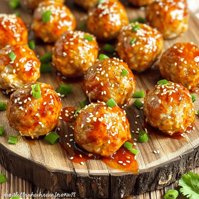 - 1 pound ground chicken - 1/2 cup breadcrumbs (preferably panko for extra crunch) - 1/4 cup grated Parmesan cheese The ground chicken gives our meatballs a lean and tasty base. I love using panko breadcrumbs. They add a wonderful crunch. Parmesan cheese brings a savory, rich flavor that everyone loves. - 1/4 cup green onions, finely chopped (plus extra for garnish) - 2 cloves garlic, minced - 1 tablespoon fresh ginger, grated Green onions add a fresh, mild kick to the meatballs. Garlic adds depth and aroma. Ginger gives a warm, zesty flavor that pairs well with chicken. - 1 large egg, beaten - 1 tablespoon soy sauce - 1 tablespoon sriracha (adjust to your desired spice level) The egg helps bind everything together. Soy sauce adds a salty umami taste. Sriracha brings heat, and you can adjust it to fit your taste. For the full recipe, check out the Firecracker Chicken Meatballs section. - Preheat the oven to 400°F (200°C). - Line a baking sheet with parchment paper. This helps with easy cleanup. - In a large bowl, combine: - 1 pound ground chicken - 1/2 cup breadcrumbs - 1/4 cup grated Parmesan cheese - 1/4 cup finely chopped green onions - 2 cloves minced garlic - 1 tablespoon fresh grated ginger - Stir these ingredients until they mix well. - In another bowl, blend: - 1 large beaten egg - 1 tablespoon soy sauce - 1 tablespoon sriracha - 1 tablespoon honey - 1 teaspoon sesame oil - Salt and pepper to taste - Whisk until smooth, then pour into the chicken mixture. - Gently stir until just combined. Don’t over-mix! - Lightly grease your hands with oil. - Shape the mixture into small meatballs, about 1 inch wide. - Place them on the prepared baking sheet. Leave space between each meatball. - Bake in the oven for 18-22 minutes. Check that they reach an internal temperature of 165°F (74°C). - They should look golden brown. Now your firecracker chicken meatballs are ready to impress! For a full recipe with all details, check the [Full Recipe]. - Avoid over-mixing: When you mix your meatball ingredients, do it gently. Over-mixing makes the meatballs tough. You want them soft and juicy. - Proper sizing of meatballs: Make your meatballs about 1 inch wide. This size helps them cook evenly and stay tender. - Modifying sriracha: If you want less heat, use less sriracha. Start with a teaspoon, then add more if you like. - Customizing flavors: You can switch up the flavors by adding other spices or herbs. Try garlic powder or chopped cilantro for a different twist. - Garnishing with sesame seeds: Sprinkle sesame seeds on top before serving. This adds texture and a nice look. - Using a dipping sauce: Serve with sweet chili sauce on the side. It complements the meatballs and adds extra flavor. {{image_4}} You can switch the ground chicken for turkey or beef. Turkey gives a lighter taste. Beef adds a rich flavor. Both options work well with the spices. For a vegetarian choice, use lentils or chickpeas. Mash them up and mix with other ingredients. You still get a tasty meatball that everyone will love. Want to spice things up? Try a fiery hot sauce. Add more sriracha or chili paste. You can also mix in some garlic for an extra kick. If you prefer sweet, use a honey-soy glaze. This sauce pairs well with the meatballs. It adds a nice balance to the flavors. Firecracker chicken meatballs taste great with rice or noodles. Serve them on a bed of jasmine rice for a filling meal. You can also toss them with soba noodles and veggies for a light dish. Want to impress your guests? Serve them as appetizers. Skewering the meatballs makes them easy to grab. Add a side of dipping sauce for extra flavor. Try the sweet chili sauce for a perfect match. Don't forget to check the full recipe for more ideas. To store cooked meatballs, place them in an airtight container. This helps keep them fresh. You can refrigerate them for up to three days. Make sure they cool down first. Keeping them in a single layer prevents them from sticking together. If you want to enjoy them later, always check for any signs of spoilage before eating. Freezing meatballs is simple and effective. First, let the cooked meatballs cool to room temperature. Then, arrange them in a single layer on a baking sheet. Freeze them for about an hour. Once they are firm, transfer them to a freezer bag. They can stay frozen for up to three months. To reheat, place them in a skillet over medium heat. Add a splash of water to steam them for about 10 minutes. You can also use the microwave for quick heating. Firecracker chicken meatballs are perfect for meal prep. You can add them to salads or wraps for quick lunches. Pair them with rice or noodles for easy dinners. They also make great snacks for game days. With their bold flavors, they are sure to please everyone. For more ideas, check out the Full Recipe to inspire your meal plans. To add spice, increase the sriracha in your mix. You might also add red pepper flakes. For a kick, consider a dash of hot sauce on top before serving. Adjust the heat to fit your taste. Yes, you can make the meatballs in advance. Shape them and store them in the fridge for a day. You can also freeze them for up to three months. Just remember to thaw them before baking. These meatballs pair well with rice or noodles. You can also serve them with a fresh salad. Try adding some steamed veggies for color and nutrition. Leftovers can last in the fridge for up to four days. Store them in an airtight container. Make sure they are completely cooled before sealing to keep them fresh. Yes, whole wheat breadcrumbs work fine. They will give a different texture but still taste great. You may want to adjust seasonings to enhance the flavor. For the best crunch, stick with panko if you can. Check out the Full Recipe for more details! In this blog post, we covered how to make Firecracker Chicken Meatballs. We discussed key ingredients, flavor enhancers, and binding agents. I shared step-by-step instructions for mixing, shaping, and baking. Tips helped ensure tender meatballs with custom spice levels. You can also explore tasty variations and storage methods. These meatballs are fun and easy to prepare. They’re perfect for weeknight meals or parties. Enjoy experimenting with flavors and serving options!
