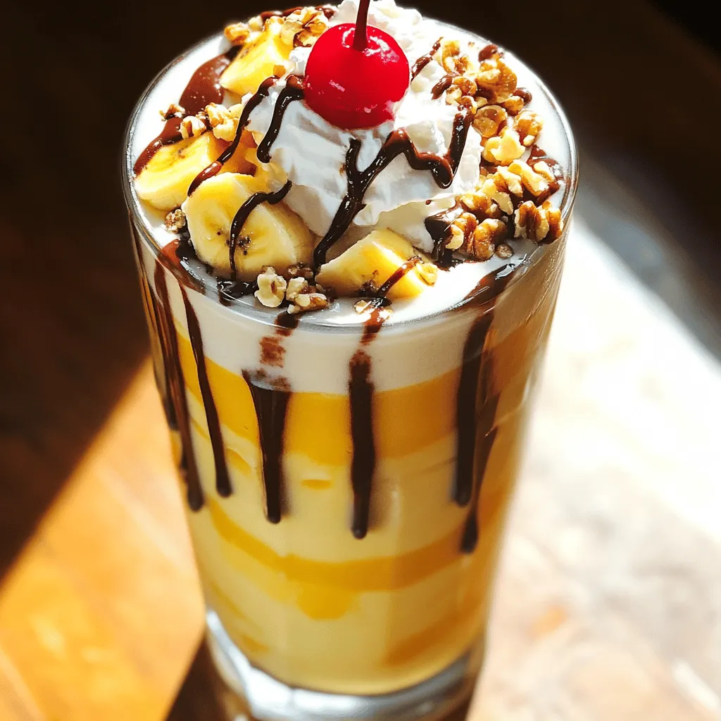 To make a delicious Banana Split Protein Shake, gather these main ingredients: - 1 perfectly ripe banana, peeled and diced - 1 scoop of creamy vanilla protein powder - 1 cup of unsweetened almond milk - 1 tablespoon of natural peanut butter - 1 tablespoon of rich chocolate syrup (or cacao for a healthier option) - 1 tablespoon of crushed nuts (walnuts or slivered almonds work great) These ingredients blend to create a shake that tastes like a treat but packs a punch of nutrition. The banana adds natural sweetness and creaminess. The protein powder gives you energy and helps build muscle. Almond milk keeps it light and dairy-free. Peanut butter adds flavor and healthy fats. Chocolate syrup makes it fun and tasty! To take your shake to the next level, consider these optional toppings and add-ins: - Whipped cream, for a luscious topping - Fresh cherries, for a charming garnish You can also add a handful of ice for a thicker texture. If you want, a sprinkle of cinnamon can enhance the flavor too. These extras make your shake look and taste even better. This shake is not just tasty; it's also healthy. Here’s a quick look at the nutrition you get from the main ingredients: - Calories: Around 300-350 calories - Protein: About 25 grams from the protein powder and peanut butter - Healthy Fats: From the peanut butter and nuts - Carbohydrates: From the banana, providing quick energy This Banana Split Protein Shake is a perfect blend of flavor and nutrition. For the full recipe, you can check out the detailed instructions to whip up this treat at home! To start, grab your ripe banana. Peel it and cut it into chunks. This will make blending easier. Next, gather your other ingredients: - 1 scoop of creamy vanilla protein powder - 1 cup of unsweetened almond milk - 1 tablespoon of natural peanut butter - 1 tablespoon of rich chocolate syrup - 1 tablespoon of crushed nuts - Whipped cream (optional) - Fresh cherries for garnish Now you have everything ready for your shake. Put all your ingredients into a high-speed blender. Start with the banana, then add the protein powder, almond milk, and peanut butter. Pour in the chocolate syrup next. Blend on high speed. Keep going until everything is smooth and creamy. If you want a thicker shake, add a handful of ice cubes. Blend again until it’s frosty. This step makes it extra yummy. Pour your shake into a tall glass. Fill it to your liking. For a fun touch, add whipped cream on top. Sprinkle some crushed nuts for a nice crunch. Finally, add a fresh cherry on top. This gives your shake that classic banana split look. Enjoy your Banana Split Protein Shake healthy and delicious treat! For the full recipe, check the earlier section. To get the best texture, start with a ripe banana. The riper the banana, the sweeter and creamier your shake will be. Blend well until smooth. If you want a thicker shake, add a handful of ice after blending the other ingredients. This gives it a frosty feel. Always blend on high speed for the best results. Fresh ingredients make a huge difference. Choose bananas that are yellow and slightly speckled. Use almond milk that is unsweetened for a clean flavor. If you want added crunch, choose fresh nuts. They should be whole and not stale. This will enhance both taste and nutrition. Always check the dates on your protein powder and nut butter to ensure freshness. One common mistake is not blending long enough. If you see chunks, blend more until smooth. Another mistake is using too much chocolate syrup. It can overpower the banana flavor. Stick to the recipe for balance. Lastly, avoid skipping the nuts or toppings. They add texture and flavor, making your shake feel special. Make sure to follow the Full Recipe for the best results. {{image_4}} If you want a dairy-free shake, use almond milk or coconut milk. These milks keep the shake creamy. You can also use oat milk for a thicker texture. Each option adds a unique flavor, enhancing your shake. To boost protein, try adding Greek yogurt to your shake. This makes it creamier and packs in more protein. You can also mix in some chia seeds or hemp seeds. They add extra nutrients without changing the taste much. Want to change the flavor? Swap the chocolate syrup for caramel sauce. This gives a sweet twist. You could also add a dash of cinnamon for warmth. For a fruity kick, toss in some berries. Each adjustment makes your shake exciting! For the complete recipe, check out the Full Recipe. If you have extra shake, pour it into a sealed container. Use a glass jar or a plastic bottle. The shake keeps well in the fridge for up to 24 hours. Before you drink it, give it a good shake to mix everything together again. You can also freeze the shake for later. Pour the shake into ice cube trays or freezer-safe bags. This way, you can blend them into a new shake later. Just remember to use them within two months for the best taste. You can warm the shake lightly, but I suggest not heating it too much. A microwave works fine, but don’t overheat it. Heat in short bursts and stir well. However, a cold shake is much tastier! If you do not have protein powder, don't worry! You can use Greek yogurt. It adds creaminess and protein. Silken tofu is another great option. It blends well and keeps your shake smooth. You can also try nut butter, like almond or cashew. It adds flavor and healthy fats. Yes, you can easily make this shake vegan! Swap the dairy milk for almond milk or oat milk. Use a plant-based protein powder, like pea or brown rice. Skip the whipped cream or use a vegan version. You can still enjoy a tasty shake without any animal products. You can store your shake in the fridge for up to 24 hours. Just remember to shake or stir it before drinking. It may separate a bit, but that's normal. For longer storage, freeze your shake in an airtight container. It can last up to a month in the freezer. Just blend it again when you’re ready to enjoy it! A Banana Split Protein Shake is easy to make and delicious. We covered key ingredients, blending tips, and how to store leftovers. You can also explore dairy-free options and flavor twists to fit your taste. Remember, using fresh ingredients makes a huge difference. Avoid common mistakes to get the best texture. Now you can enjoy a healthy treat without guilt!