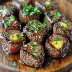 For garlic butter steak bites, you need just a few key ingredients: - 1 lb sirloin steak, cut into bite-sized cubes - 4 tablespoons unsalted butter - 4 cloves garlic, minced - 1 teaspoon fresh rosemary, finely chopped - 1 teaspoon fresh thyme, finely chopped - Salt and freshly ground black pepper, to taste - 1 tablespoon olive oil These ingredients work together to create a rich and savory dish. The sirloin steak is tender and juicy, making it perfect for quick cooking. The garlic adds a wonderful aroma, while the butter gives a rich finish. Seasoning is crucial for flavor. You should generously use salt and freshly ground black pepper. These simple seasonings enhance the natural taste of the steak. - Salt helps to bring out the flavors. - Black pepper adds a slight kick. Feel free to adjust the amount based on your taste preference. The fresh rosemary and thyme also add depth, making each bite special. Garnishes can elevate your dish. I like to use freshly chopped parsley. It adds a touch of color and freshness. You can also serve the steak bites with toothpicks for easy eating. If you want to be creative, consider adding crumbled blue cheese or a sprinkle of red pepper flakes for a spicy twist. These options can change the flavors and make your dish unique. For the full recipe, check out the details above. To start, gather your ingredients. You need: - 1 lb sirloin steak, cut into bite-sized cubes - 4 tablespoons unsalted butter - 4 cloves garlic, minced - 1 teaspoon fresh rosemary, finely chopped - 1 teaspoon fresh thyme, finely chopped - Salt and freshly ground black pepper, to taste - 1 tablespoon olive oil - Fresh parsley, chopped (for garnish) First, season the steak. In a big bowl, sprinkle salt and pepper over the steak cubes. Mix it well. Make sure each piece gets a good coat. This step adds flavor. Now, let’s cook. Heat a large skillet on medium-high. Add olive oil and let it shimmer. This means it's hot enough. Add the seasoned steak cubes in one layer. Don't crowd them. Each side needs about 2-3 minutes to brown. Aim for medium-rare to medium doneness for the best taste. Once the steak bites are cooked, reduce the heat to medium. Move the steak to one side of the pan. Add the butter, garlic, rosemary, and thyme to the empty space. Let the butter melt and the garlic sizzle for 1-2 minutes. This creates a rich sauce. Gently toss the steak in the melted garlic butter. This helps each piece soak up the flavor. Cook for one more minute. Then, remove the skillet from the heat. Transfer the steak bites to a serving platter. Drizzle any leftover garlic butter from the pan over the top. Finally, sprinkle freshly chopped parsley for color and taste. Serve on a wooden board or rustic plate. Adding toothpicks makes it easy to eat. Enjoy this simple yet satisfying dish! You can find the full recipe for more details. For garlic butter steak bites, I recommend sirloin steak. Sirloin has great flavor and tenderness. It cooks quickly, making it perfect for bite-sized pieces. You can also try ribeye for more marbling. This adds even more flavor. Choose cuts that are fresh and bright red. Avoid any that look brown or dry. Cook your steak bites for about 2-3 minutes on each side. This gives a nice brown crust while keeping the inside juicy. Aim for medium-rare to medium doneness. Use a meat thermometer if you have one. The ideal temperature for medium-rare is 130-135°F. Remember, the steak will continue to cook a bit after you take it off the heat. You can add more flavor to your steak bites with easy extras. Try adding a splash of Worcestershire sauce or soy sauce for a deeper taste. If you like spice, sprinkle some red pepper flakes into the garlic butter. Fresh herbs like oregano or basil can also brighten the dish. Don’t be shy to mix and match to find what you love. For the full recipe, refer back to the main instructions. {{image_4}} You can swap sirloin for other meats. Chicken breast works well for a lighter dish. Pork tenderloin is another great choice. Each protein brings its own taste and texture. Adjust cooking time based on the meat you choose. For chicken, cook until it reaches 165°F. For pork, aim for 145°F. Want to change the taste? Try different herbs. Oregano or basil can add a fresh twist. You can also use lemon zest for brightness. If you like heat, add red pepper flakes. A splash of soy sauce can deepen the flavor. Each change creates a new experience. Serve these steak bites with sides. Roasted veggies pair well, adding color and health. You can also serve with a creamy dip or sauce. Try chimichurri for a zesty touch. If you’re hosting, use toothpicks for easy grabbing. This makes it fun for everyone at your table. For more ideas, check out the Full Recipe. To store your garlic butter steak bites, let them cool first. Place the bites in an airtight container. This helps keep them fresh. You can store them in the fridge for up to three days. If you want them to last longer, freeze them. Use a freezer-safe bag or container. They can stay good for up to three months in the freezer. When it's time to eat again, reheating is simple. You can use the microwave for a quick fix. Heat them in short bursts, about 30 seconds at a time. Stir in between to avoid hot spots. If you prefer a stovetop method, warm them in a skillet over low heat. Add a little butter or oil to keep them moist. This will help the flavors pop again. Meal prepping garlic butter steak bites is easy and rewarding. Cook a large batch and let them cool. Divide them into meal-sized portions. Pair them with veggies or rice for a complete meal. Store these portions in the fridge or freezer. This way, you'll have a tasty meal ready to go anytime. For the full recipe, check the section above! The best way to cook steak bites is to sear them in a hot skillet. First, season the steak cubes with salt and pepper. Preheat the skillet with olive oil until it shimmers. Add the steak in a single layer to avoid steaming. Cook for about 2-3 minutes on each side. This creates a nice brown crust while keeping the inside tender. The key is high heat and quick cooking. Yes, you can use frozen steak, but it’s best to thaw it first. Thaw the steak in the fridge overnight for even cooking. If you cook it from frozen, the outside will cook faster than the inside. This can lead to uneven doneness. For the best results, always use fresh or properly thawed steak. To check if steak bites are done, use a meat thermometer. For medium-rare, the internal temperature should be around 130°F. For medium, aim for 140°F. If you don’t have a thermometer, cut one piece in half. The inside should be warm and slightly pink for medium-rare. Cooking time varies, so keep an eye on them while they cook. Garlic butter steak bites are a tasty treat made with key ingredients and perfect seasoning. We discussed preparation and cooking steps for that perfect bite. I also shared tips on choosing the right steak and cooking it just right. You can try different proteins and flavor tweaks for fun variations. Remember to store them well and enjoy leftovers. With these insights, you can confidently make this dish shine at your table. Happy cooking!