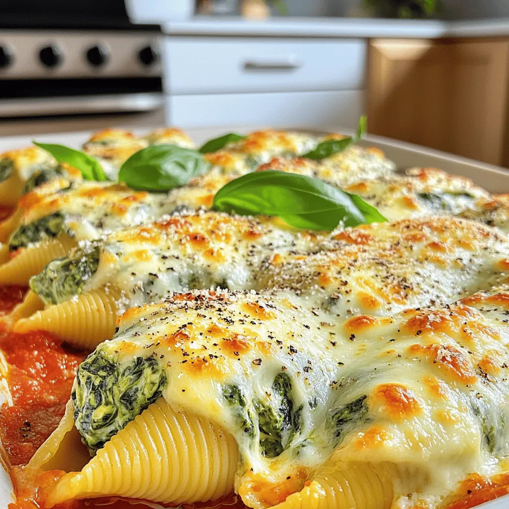Here’s what you need for creamy spinach and ricotta stuffed shells: - 24 jumbo pasta shells - 2 cups fresh spinach, finely chopped - 1 cup ricotta cheese - 1 cup shredded mozzarella cheese - 1/2 cup grated Parmesan cheese - 1 teaspoon garlic powder - 1 teaspoon onion powder - 1/2 teaspoon grated nutmeg - Salt and freshly cracked pepper to taste - 2 cups marinara sauce - 2 tablespoons extra-virgin olive oil - Fresh basil leaves for garnish These ingredients work together to create a dish that is rich and comforting. The jumbo shells hold the creamy filling well, making each bite a delight. Fresh spinach adds a pop of color and nutrition. Ricotta gives a soft, creamy texture, while mozzarella and Parmesan add a cheesy bite. Garlic powder and onion powder enhance the flavor without any fuss. Nutmeg adds warmth, making this dish feel extra special. You can find the full recipe with step-by-step instructions in the section above. Enjoy making this tasty treat! - Preheat the oven to 375°F (190°C). - Cook the pasta shells until al dente. Start by preheating your oven. This helps the dish cook evenly later. Next, boil some salted water in a large pot. Add the jumbo pasta shells and cook them according to the package. You want them to be firm but not too soft. Once they are done, drain them and set them aside to cool. - Sauté the spinach in olive oil. - Mix ricotta cheese with sautéed spinach and seasonings. In a medium skillet, pour in some extra-virgin olive oil. Heat it over medium heat. Add the finely chopped spinach. Cook it for about 2 to 3 minutes until it wilts. Then, take it off the heat and let it cool. In a large bowl, mix the ricotta cheese with the sautéed spinach. Add half the shredded mozzarella, half the grated Parmesan, garlic powder, onion powder, and nutmeg. Season with salt and pepper to taste. Stir everything together until it looks creamy and well mixed. - Stuff the pasta shells with the filling. - Add marinara sauce on top and sprinkle cheese. Take each cooked pasta shell and carefully fill it with the spinach and ricotta mix. Pack them snugly in a greased 9x13-inch baking dish. Once all shells are filled, pour marinara sauce evenly over them. Then, sprinkle the rest of the mozzarella and Parmesan on top. This adds a nice cheesy crust when baked. - Cover and bake for 20 minutes, then uncover and bake for an additional 10 minutes. Cover the baking dish with aluminum foil. This keeps the cheese from burning. Bake for 20 minutes. After that, remove the foil and bake for another 10 minutes. You want the cheese to be bubbly and golden. When you take it out, let it cool for a few minutes. This makes serving easier. For the full recipe, you can refer back here. To cook pasta shells well, start with plenty of salted water. Use a large pot to keep the shells from sticking. Cook them until they are al dente, meaning they should have a slight bite. After cooking, drain them gently and let them cool. This helps prevent them from tearing. When stuffing the shells, use a spoon to fill each one. Avoid overstuffing to keep the shells from breaking. A heaping tablespoon of filling per shell works nicely. Arrange them snugly in the baking dish to help hold their shape. You can boost the taste of your stuffed shells with spices. Try adding crushed red pepper for heat or dried oregano for a classic touch. Fresh herbs like basil or parsley also work well. If you want to switch up the sauce, consider using a white sauce or a pesto. These alternatives can add a new twist to your dish. Pair your stuffed shells with a simple side salad. A green salad with vinaigrette cuts through the creaminess. Garlic bread also makes a great side, perfect for mopping up sauce. For presentation, serve the shells in a large dish. Sprinkle extra cheese on top for a gourmet look. A few fresh basil leaves can add a nice pop of color and flavor. For the full recipe, check out the Creamy Spinach and Ricotta Stuffed Shells details! {{image_4}} You can make creamy spinach and ricotta stuffed shells even more delicious. Try adding or substituting other veggies. For example, mushrooms, zucchini, or artichokes work well. They add color and extra flavor. You can also switch up the cheese in the filling. Use goat cheese for a tangy twist or add feta for a salty kick. Mixing different cheeses keeps the dish exciting. If you need gluten-free options, there are many brands of pasta shells available. Look for brands like Tinkyada or Banza. They make tasty gluten-free pasta. Keep in mind that gluten-free shells may cook differently. Check the package for cooking times. You might need to adjust your cooking times to keep them from getting mushy. If you love meat, consider adding ground meat to the filling. Ground beef, turkey, or sausage all work great. They add richness and protein to your dish. When using meat, cook it first. Brown it in a pan before mixing it with the cheese and spinach. This step ensures all flavors blend well. You’ll get a hearty meal that everyone will enjoy. For the full recipe of creamy spinach and ricotta stuffed shells, check out the details above. To keep your creamy spinach and ricotta stuffed shells fresh, store them in an airtight container. This helps to prevent them from drying out. Place the container in the fridge. They will stay fresh for about three days. If you want to enjoy them later, freezing is a great option. You can freeze stuffed shells either baked or unbaked. For unbaked shells, fill them as you normally would and place them in a freezer-safe dish. Cover with plastic wrap and then foil to keep out air. For baked shells, let them cool completely before freezing. Wrap the dish tightly. They can stay in the freezer for up to three months. When you are ready to enjoy frozen shells, thaw them in the fridge overnight. Reheat them in the oven at 350°F (175°C) for about 25-30 minutes if baked. If they are unbaked, cook them directly from frozen. Just add about 10 extra minutes to the baking time. Yes, you can prepare these stuffed shells ahead. Start by cooking the pasta shells and making the filling. Once everything is ready, stuff the shells and place them in a baking dish. Cover the dish with plastic wrap and store it in the fridge. This way, you can bake them later. Just remember to add a few extra minutes to the baking time if they are cold from the fridge. To make this dish healthier, consider these tips: - Use low-fat ricotta cheese instead of regular. - Swap out some of the mozzarella for a lighter cheese. - Add more vegetables, like zucchini or mushrooms, to the filling. - Use whole wheat pasta shells for more fiber. These changes help cut down on fat and calories while still keeping the dish tasty. If you can't have ricotta, try these options: - Cottage cheese for a similar texture. - Silken tofu blended until smooth for a vegan option. - Cream cheese mixed with yogurt can also work. These substitutes offer different flavors and textures, but they still create a great dish. Watch for these signs while baking: - The cheese should be melted and bubbly. - The tops of the shells will be golden brown. - The sauce should be hot and simmering. If you see these signs, your stuffed shells are ready to enjoy! This recipe shows how to make creamy spinach and ricotta stuffed shells. You start with fresh ingredients and simple steps for a tasty dish. I shared tips to make perfect stuffed shells and variations for vegetarians or meat lovers. Whether you store leftovers or freeze them, this meal stays fresh. Remember, cooking should be fun and creative. Enjoy making this dish your own!