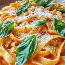 - 12 oz (340g) of your favorite pasta (fettuccine or penne recommended) - 1 tablespoon extra virgin olive oil - 1 small onion, finely diced - 3 cloves of garlic, minced - 1 can (14 oz) crushed tomatoes - 1 cup of heavy cream or coconut cream - 1 teaspoon granulated sugar - 1 teaspoon dried oregano - Salt and freshly cracked pepper - 1 cup fresh basil leaves - 1/2 cup grated Parmesan cheese To make creamy tomato basil pasta, you need simple and fresh ingredients. The pasta choice is key; I recommend fettuccine or penne for the best texture. The olive oil helps to sauté the onion and garlic, giving it a rich base flavor. Using a small onion, finely diced, adds sweetness. The garlic is a must for that aromatic touch. Crushed tomatoes are the heart of the sauce, and I like to use San Marzano tomatoes for their sweetness. Heavy cream brings that dreamy creaminess to the dish. If you want a dairy-free option, use coconut cream. The granulated sugar balances the acidity of the tomatoes and makes the sauce delicious. Adding oregano gives it an Italian flair. Don’t forget salt and cracked pepper to enhance all the flavors. Fresh basil is a star here, adding a burst of freshness. Finally, a sprinkle of grated Parmesan cheese will elevate your dish to a new level. For the full recipe, follow along as we create this tasty pasta dish. Bring a large pot of salted water to a boil. Add 12 oz of your favorite pasta. Cook it according to the package instructions until al dente. Once it is cooked, drain the pasta but save about 1/2 cup of the starchy water. Set the pasta aside. In a large skillet, warm 1 tablespoon of extra virgin olive oil over medium heat. Add 1 small onion, finely diced. Sauté it for about 5 minutes until it turns translucent. Then, add 3 cloves of minced garlic. Cook for an additional 1-2 minutes until the garlic smells great but isn’t browned. Pour in 1 can (14 oz) of crushed tomatoes. Stir to mix. Bring the sauce to a gentle simmer. Add 1 teaspoon of granulated sugar and 1 teaspoon of dried oregano. Season with salt and pepper. Let this sauce simmer for 5-7 minutes, stirring from time to time, until it thickens. Lower the heat to a gentle simmer and slowly stir in 1 cup of heavy cream (or coconut cream). Mix well until it is fully combined. Let the sauce simmer gently for 2-3 minutes. Be careful not to let it boil. Add the reserved cooked pasta to the creamy tomato sauce. Toss the pasta well so it is evenly coated. If it looks too thick, stir in some of the reserved pasta water until you reach your desired creamy texture. Incorporate 1 cup of roughly chopped fresh basil into the pasta. Mix it well so the basil is spread throughout. Taste the pasta and add more salt or pepper if needed. This recipe is simple yet delightful. You can find the full recipe for a detailed step-by-step guide. Enjoy your cooking! To get al dente pasta, start with plenty of salted water. Boil it until it bubbles. Add your pasta and cook as the package says. Check it two minutes early for firmness. Al dente means the pasta should still have a slight bite. Drain it but save some pasta water. This starchy water helps the sauce stick. For the best flavor, choose San Marzano tomatoes. They are sweet and juicy. If you can't find them, use high-quality crushed tomatoes. Fresh tomatoes work too, but you’ll need to peel and chop them. Use ripe, red tomatoes for a rich taste. This choice will elevate your creamy tomato basil pasta. If you want a dairy-free option, use coconut cream. It gives a nice, creamy texture. You can also use cashew cream for a nutty flavor. Almond milk works too, but it may change the taste. Adjust the amount based on how creamy you want your sauce. Enjoy your delicious and creamy dish, dairy-free! {{image_4}} You can easily boost your creamy tomato basil pasta with protein. Adding chicken, shrimp, or tofu enhances flavor and nutrition. - Chicken: Cook diced chicken breast in the skillet until golden. Stir it in with the sauce. - Shrimp: Sauté shrimp until pink, then mix with the sauce for a seafood twist. - Tofu: Use firm tofu, cubed and sautéed until golden. Add it for plant-based protein. Each option offers a unique taste. Feel free to choose what you like best! Adding seasonal vegetables makes this dish even better. You can include veggies for added nutrition and color. - Spinach: Toss in fresh spinach just before serving. It wilts nicely and adds vibrant green. - Zucchini: Sauté sliced zucchini along with onions for a mild flavor boost. - Bell Peppers: Add diced bell peppers for a crunchy texture and sweet taste. These additions make your meal colorful and healthy. Experiment with the veggies you enjoy! If you love heat, spice up your dish! Adding red pepper flakes or spices can transform the flavors. - Red Pepper Flakes: Sprinkle in red pepper flakes while simmering the sauce. Start with a small amount and adjust for heat. - Cayenne Pepper: For a stronger kick, a pinch of cayenne pepper works well. Mix it in with the sauce. - Hot Sauce: Drizzle hot sauce over the pasta before serving to control the spice level. These options let you customize your pasta to match your taste. Embrace the heat for an exciting flavor! To store leftover pasta, let it cool first. Place it in an airtight container. This keeps it fresh. Make sure to put it in the fridge. You can store it for up to three days. If you want to keep it longer, freeze it instead. When reheating, use a skillet. Add a splash of water or cream to it. This keeps the pasta creamy. Heat it over low to medium heat. Stir often to avoid sticking. You can also use a microwave. Add a bit of water in a bowl, cover it, and heat for one to two minutes. Stir halfway for even heating. Yes, you can freeze creamy pasta. First, let it cool completely. Then, transfer it to a freezer-safe container. Leave some space at the top for expansion. You can freeze it for about two months. When ready to eat, thaw it in the fridge overnight. Reheat it gently as mentioned above. Enjoy your creamy tomato basil pasta later! For the full recipe, check the complete dish details! Creamy tomato basil pasta lasts about 3 to 5 days in the fridge. To store it, place it in an airtight container. This keeps the pasta fresh and tasty for later meals. When you reheat it, add a splash of water or more cream to keep it from drying out. Yes, you can use milk instead of heavy cream. However, the sauce will be less rich and creamy. If you choose milk, consider adding a bit of flour to thicken the sauce. This helps mimic the texture of cream, making your dish still delightful. You can serve creamy tomato basil pasta with garlic bread or a fresh green salad. These sides balance the richness of the pasta. For a heartier meal, grilled chicken or shrimp pairs nicely too. Try adding a sprinkle of Parmesan on top for extra flavor. For the full recipe, check the earlier section! This blog post has guided you through crafting a creamy tomato basil pasta. We outlined essential ingredients, like pasta, crushed tomatoes, and cream. Then, we walked through each cooking step to create a rich, flavorful meal. I shared helpful tips on perfect pasta, dairy-free options, and delicious variations. In my final thoughts, remember this dish is versatile. You can customize it with proteins or veggies. Enjoying it warm, topped with fresh basil, is the best way to savor it.